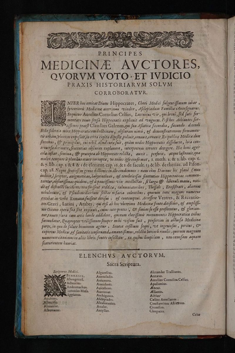 MEDICIN/E AVCTORES, QVORVM VOTO:ET IVDICIO PRAXIS HISTORIARVM SOLVM CORROBORATVR. (Z7 NTER bos emicat Diui Hippocrates , Chori. Medici Jalgentiffmum inhar , 7 [ynceriori Medicine acerrimus. coindex , 4fclepiadum Familia eAutefgnanus. [zs J. Sequirur Aureliüs Cornelius Celfus, Laconicus Vir , qui breui , fed fatis far SU E72) mentato tomo [ema Hippocratis explicuit ad. ungues. Pefl bos. Atblantes for- ZZ SEN tiffmos preeff Claudius Galenus,qui fua Affatica facundia , fecundo | dicendi ffilo folertia mira; Hrppocraticem dorinam , obfcuram mimi , eg. demonflrationnm ai d ip ni orbamyvlertum expo[uit im certa capita dipeffit poliuit,ermauitormauit Reipublica Medica dux fireutus , (g* privipilus, cui gtbil aliud cura fuit , quàm nodos Hippocratis diffolut re , loca (on- trouer[a dirimeres féntentias obfeures. explanare , interpretum errores. detegere. Hic bout agr cole inflar , femiza , €f precepta ab Hippocrate reli£a , auxit ,— perfecit, atque luffrauit,que multo tempore à pluribus eant covrapta y vc toties ipfe conf mat , 1. raeth. 2. &amp; 2.lib. cap. 6. &amp; 7. lib. cap. £:&amp; 8. &amp; rde element. cap. 16, &amp; 1. dc facult. 14.&amp; lib. detheriac. ad Pifon. cap. 28. Neaue fpatiofrqs genus d:Éiouis im ilo condemues : nam cim Diuiuus bic plane. (meo iudicio ) fcriptor, anigmaticas, labyrintbeas ,. eg. zenebrico[2. fententia Hippocraticas cott men- taretur obfcuriffnaas quidem y e$ à pauciffrmis vix: intelle&amp;as , fi larga Qf. liberali mann, wti- deg difti lucidiores won feffent vtddite, calumniatoribus , The[fah , Erafrfirati , aliorum nebulouwmy e$. Pfeudomedicoyum.[eéfzs nefaria. colentibus , quorum. tunc magnus numerus Extabat in cori Romana:fuiffeut derifui ; €9 contemptui. Acceffeve Veteres, &amp; Recentio- res Gtzci , Latini , Arabes 4i en? ab boc vbezrimo Medicine fonte ditiffiimo , e$ amplifr- euo Oceano opera [ua [rnt expueata y cuins vote prezes ^y. 9» famiaa fe effe profitentur , €8 : glorian- tirytamen plura. cum artis laude addidere, quorum clariffimt voonumentis Hippoeratia tribus füecundatur. Quapropter cotiliffinum femper mbi coifam fuit , praefertim im acfuofa Medicine parte, im qua de falute bominum agitur ,— Seneca. cofilium fequi , vut ingeniofus, , peritus , C expertus Medicu ,e fanitatis confernande amantiffitmus, veli&amp;izs Iumiorá riuulis , quorum magnum sumerum citauimus ia aliis libris, fontes in[cfetw: ,. ex quibus limpidam , &amp;onceno[am aguatn fcaturieutem bauriat. — —M A Vui —M— P — MÀ € ELENCHVS. AVCTORVM., Sacra Scriptura. Scriptores Medici. Aleazelius. Alexander Trallianus. C DNE ra BrNRAGrr, Auencladis. Aretaus. C05 Abenguazil. Auicenna, Aurelius Corneliue Celfus. m NUS Andromachus. Auicébron. ; JEneas. LAS Sy antonius Mufa. Auenzoar. JElianus. y: à Apptlanus. Archigenes, Actius* P ipee Aíclepiades. Czlius Aurelianus . Albucafis. | Alzaharauius. Conftantinus Africánus. Almantor. Attalus, Cremifon. Albumazar. Antyllus. Cleopatrd Crita l—————————————————————