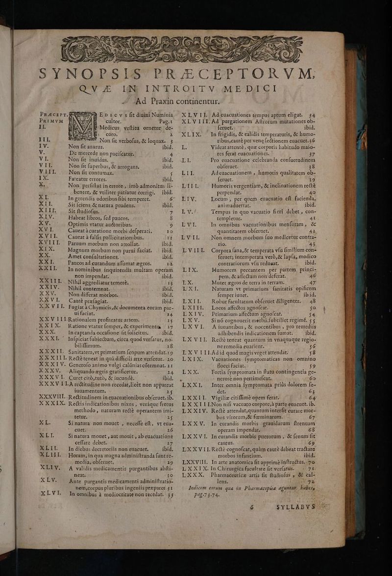 Qi E 4 p U) PnocEPT.SAXZ )Enpricv s fit diuini Numinis PRIMVM 5E — cultor. Pag.t zd | Medicus veftitu ornetur de- É COrO. 2 III. Non fit verbofus, &amp; loquax. 3 I V. Non fit auarus. ibid. V. De mercede non pacifcatur. E. V I. Non fit. inuidus. ibid. V I. Non fit fuperbus, &amp; arrogans, ibid. V ILI. Non fit contumax. j I X. Fateatur errores. ibid. X. Non perfiftat in errore , imó admonitus li- benter, &amp; vtiliter patiatur corrigi. ibid. X I. In gereridis odoribus fibi temperet. 6* XII. Sitíciens &amp; natura prudens. — ibid. XIII. Sit ftudiofus. 3 XIV. Habeat libros, fed paucos. $ XV. - Optimis vtatur au&amp;oribus. 9 XVI. Caueatàcuratione morbi defperati. 10 XVII. — Caueat à falfis pollicitationibus. II XVIIL Paruum morbum non attollat. ibid. XIX. Magnum morbum non parui faciat. |^ ibid. XX. Amet con(ultationes. ibid. XX I. Paucos ad curandum affümat zegros. 12 XXIL lInnominibus inquirendis multam operam nop impendat. ibid. XXIIL. Nihil aggrediatur temere, 13 XXIV. Nihil contemnat. EI UrA XXV. Non differat morbos. ibid. XXVI. Cauté prafagiat. ibid. XXVII. Fugiatà Chymicis,&amp; documenta eorum par- ui faciat. 14. XXV I ILRationalem profiteatur artem. 1$ XXIX. Ratione vtatur femper, &amp; experimenta, — 17 XXX. In captanda occafione (it (olicitus. ibid. XXXL ' Infpiciatfubie&amp;um, circa quod verfatur, no- biliffimum. 18 XXXIL Sanitatem,vt primarium fcopum attendat.19 X X X ILI. Re&amp;éteneat in quá difficili arte verfetur.. 20 XXXIV. Generoío animo vulgi calünias cótemnat. 2 1 XXXV. Aliquando zgris gratificetur. 24. XXXV Ll Quretcitó,tutó, &amp; iucunde. ibid. XXXVILA re&amp;itudine non recedat,licét non appareat iuuamentum. ; 2 j XXXVII. .Reditudinem in euacuationibus obíeruet. ib. XXXIX Redcisindicationibus nixus , veráque fretus methodo , naturam redé operantem imi- tetur. 23 XL. Sinatura non mouet , neceffe eft, vt eua- cuet. 26 XLI. Si natura mouet , aut mouit , ab euacuatione ceífare debet. 17 XLII. In diebus decretoriis non euacuet. ibid. XLIIIL Horam,in qua magna adminiftranda funt re- media, obferuet, 29 XLIV. A validis medicamentis purgantibus abíti- neat. 30 XLV. Ante purgantis medicamenti adminiftratio- nem,corpus pluribus ingeniis przparet. 31 XLVlL. Inomnibus à mediocritate non recedat. 33 XLVII. Ad.euacuationes tempus aptum eligat. 34 XLV III. Ad purgationem Aftrorum mutationes ob- [erueto i ibid. XLIX. In frigidis, &amp; ealidis temperaturis, &amp; hbumo- ribus,cauté per vene (e&amp;ionem euacuet.56 E Videatattenté, quz corporis habitudo maio- res ferat euacuationes. 37 LI. Pro euacuatione celebranda confuetudinem obferuet. 38 L 1I. Adeuacuationem ; humoris qualitatem ob- feruet. 39 EIFI. Humoris vergentiam, &amp; inclinationem rectà perpendar. 40 LIV, Locum; per quem «euacuatio eft facienda, animaduertat. ibid. E V. Tempus in quo vacuatio fieri debet , con- templetur. 4I L VI. In omnibus vacuationibus menfuram, &amp; quantitatem obíeruet. 42 LV II. Non omnem morbum (uo medicetut contra- rio. 43 LVIIL Corpora fana,&amp; temperata víu fimilium con- feruet; intemperata veró,&amp; lapía, modico contrariorum víu redusat. ibid. IX. IHumorem peccantem per partem princi- pem, &amp; affe&amp;am non deferat. 46 TX. Mutet zgros de terra in terram. 47 135* T. Naturam vt primarium fanitatis opificem femper iuuet. ib id. LXII. Robur facultatum obferuet diligenter. — 48 LXIH. Locos affe&amp;os agnofcat. $o LXIV. Primarum affectum agnofcat. $4 EÉEXV. Si nó cognouerit merbü.fubtiliet regime. 55 LXVI. Aiuuantibus, &amp; nocentibus , pro remediis adhibendis indicationem fumat. ibid. LX VII. Re&amp;é teneat quantum in vnaquaque regio- neremedia euarient. $6 L X V LI I.Adid quod magis vrget attendat. ;$ LXIX. Vacuationes Íymptomaticas non- omnino flocci faciat. $9 LXX. Fortia fymptomata in fratu contingentia ge- ; - nerose non pertimefcat. 6o LXXIL Inter omnia fymptomata priüs dolorem fe- det. 65 LXXII. Vigiliz citiffimé opem ferat. 64. LX XI I LNon nifi vacuato corpote;à parte euacuet. ib. LX XIV. Redé attendat,quantum interfit curare mor- bos virorum,&amp; foeminarum. 67 LXXV. In curandis morbis grauidarum ftrenuam operam impendat. 68 LXXVI Incurandis morbis puerorum , &amp; fenum fit cautus. 69 LXXVII.Re&amp;é cognofcat, quàm cauté debeat tra&amp;are morbos infantium. ibid. LXXVIII. In arte anatomica fit apprime infiructus.. 7o L XXI X. In Chirurgica facultate fit verfatus. 71 LXXX. Pharmaceutice artis fit ftadiofus ,' &amp; cal- lens. VE Indicem eorum qua 1n PbhDarmacopaa aguntur babess P49-7 4.74. | SYLLABYS ais