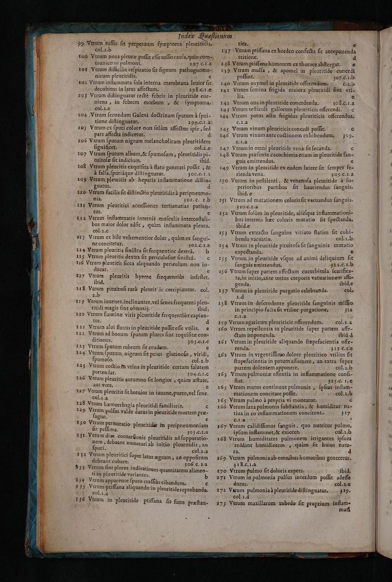 col.z.b 1o0 Vtrum noxa pleurz poffit effe tuffis caufa, quin cóm- municerur palmoni. 2,97.C.I. 101 Vtrum difficilis refpiratio fit fignum: pathognotno- nicum pleuritidis. e 102 Vtrum inllammata fola interna. membrana leuior fi decubitus in latus affe&amp;um. 298.c.r.e x03 Vtrum diftinguatur re&amp;é febris in pleuritide eue- niens , in febrem morbum , &amp; Íymptoma. col.2.e 1904 Vtrum fecundum Galeni do&amp;rinam fputum à fpui- tione diftinguatur. 199.6.1.à 105 Vtrum ex fputi colore non folüm affe&amp;us ipfe , (ed pats affe&amp;ta indicetur. 106 Vtrum fputum nigrum melancholicam pleuritidem fignificet. col.z.e 107 Vtrum fputum album, &amp; fpumofum, pleuritidis pi- tuitofz fit indicium. ibid. 108 Vtrum pleuritis exquifita à flatu generati poffit , &amp; à falía,(puriáque diftinguatur. 300,C.1.3 199 Vtrum pleuritis ab. hepatis inflammatione diftin- guatur. d ire Vtrum facilis fit diftin&amp;tio pleuritidisà peripneumo- nia. 3or.c. r.b 1:r Vtrum pleuritici acceffiones tertianatias patian- tur. e Ira Vtrum inflammatis internis mufculis intercoftali- bus mator dolor adíit , quàm inflammata pleura. col.2.c Itj Vtrum ex bile vehementior dolor , quàm ex fangui- nceconcitetur, ^. 302.C.r.a I14 Vtrum pleuritis finiftra (itfrequentior dextrá. — b 11j Vtrum pleutitis dextra fit periculofiorfiniftrà. ^ c 116 Vtrum pleutitis ficca aliquando perieulum non in- ducat. e 117 Vtrum pleuritis. hyeme frequentiüs | infeflet. ibid. 118 Virum pituitofirarà pleurit/de corripiantur. col. i.b 119 Vtrum iuuenes inclinantes,vel (enes frequenti pleu- ritidi magis fint obnoxij. ibid, 129 Vtrum fominz viris plcuritide frequentiàs capian- tur. d Iir Vtrum alui fluxus in pleuritide poffiteffe vtilis. e 122 Vtruni ad bonum (putum plates fint requifitz con- ditiones. 303.C.I.C 123 Vtrum fputum rubrum fit crudum. e 124 Vtrum fputum nigrum fit peius. glutinofo , viridi, fpumofo. col.2.b 125 Vtrum co&amp;io fh vrina in pleuritide certam falutem portendar. 304.C.I.C X26 Vtrum pleuritis autumno fit longior , quàm zftate, aut vere, e 127 di pleuritis fit breujor in iuuene,puero,;vel fene. Col.2.a 128 Vtrum hzmorrhagia pleuritidi familiaris, € 129 Vtrum pulfus valde durusin pheuritide mortem pre- agiat. € 150 Vtrum permutatio pleuritidàs in peripneumontiam fit peffima. 305.C.I.a 131 Vtrum dios conuerfionis plearitidis ad fuppuratio- LE debeant Dumerariab initio pleuricidis ,an puti. quts col.2.a 152 Vtrum pleuritici fuper latus egrum , and oppofitum debeant cubare. 306.c. 1.8 555 Vtrum fint plures indicationes quantitatem alimen- ti in pleuritide variantes. b 334 Vtrum apparente fputo craffiüs Ccibandum, 135 Vtrum ptiffana aliquando in col.2.a 136 Vtrum in pleuritide ptiffana fit f c pleuritidereprobanda. Ire praftan- 157 ' Vtrum ptiffana ex hordeo confe&amp;ta fit anteponenda ttiticez. d 138 Vtrum ptiffanahümorem ex thorace abftergat. e 159 Vtrum mulía , &amp; apomcel in pleutitide «concedi poflint. | 307.€.1.b 140 Vtrum oxymel in pleuritide offerendum; c.i. b 141 Vtrum femina frigida maiora pleuritidi fint. vti- lia. e r42 Vtrum oua in pleuritide concedenda. 309.C.1.a 143 Vtrum tefticuli gallorum pleuriticis offerendi. . c 144. Vtrum potus a&amp;tu frigidus pleuriticis offerendus. €.2)d 14s Vtrum vinum pleuriticis concedi poffit. c I46 Vtrum vinumanteco&amp;ionem exhibendum, ^ 399. c.a 147 Vtrumin omni pleuritide vena fit fecanda. c 148 Vtrum prafente cacochimia etiam in pleuritide fan- guis emittendus. e 149 Vtrum in pleuritide ex eodem latete fit femper fe- rienda vena. 309.C.2. 7$o Vtrum in peftilenti, &amp; venenofa pleuritide à fu- petioribus partibus fit hauriendus fanguis. ibid. e 1j1 Vtrum ad mutationem coloris fit vacuandus fanguis. 310.C.I.à 152 Vtrum folàm in pleuritide, alií(que inflammationi- bus internis hzc coloris mutatio fit fpectanda. ibid.e 153 Vtrum extra&amp;o fanguine vitiato ftatim fit cohi- benda vacuatio. col.2.b 154 Vtrum in pleuritide pituitofafit fanguinis mutatio expeétanda. e 155 Vtrum in pleuritide vfque ad animi deliquium fit fanguis emittendus. 311.c.1.b 156 Vtrum fuper partem affe&amp;tam. cucurbitula Ícatifica- tain initio,afite totius corporis vacuationem affi- genda. ibid.e 157 Vtrumin pleuritide purgatio celebranda. col. 2.d 158 Vtrum in deícendente pleuritide fanguinis raiffio in principio fada fit vtilior purgatione, 212 TY T 159 Vtrumagaricum pleuriticis offerendum. col.2.a 160 Vtrum repellentia in pleuritide fuper partem affe- &amp;am imponenda. ibid. 161 Vtrumin pleuritide aliquando ftapefacientia offe- renda. 313.€.X.e 162 Vtrum in vrgentiffimo dolore pleutritico vtilius fit ftupefacientia in potum affurnere ; an extra. fapez partem dolentem apponere. col.z.b 165 Vtrum pulmoniz effentia in inflammatione confi- ftat. 31526 1:6 163 Vtrum motus continuus pulmonis , ipfius inflam- mationem concitare poffit. col. 2;b róg Vtrum pulmo à propria vi moueatur, ..— e 166. Vtrum laxa pulmonis fubftantia; &amp; humiditas: na- tiua in eo inflammationem concitent.. 317 C.1.a 4 167 Vtrum calidiffimus fanguis, quo nutritur pultno, ipfum inflammet,&amp; exiccet. col.;.b 168 Vtrum humiditates pulmonem irrigantes ipfum reddant humidiorem , quàm fit huius natu- 1S. d 169 Vtrum pulmoniaab omnibus humoribus generetur. . 318.6.1,a 170 Vtrum pulmo fit doloris expers. ibid, 171 Vtrum in pulmonia pulfus intetdum poffit. adeffe dutus. col.2.c 172 Vyum pulmoniaàpleuritidediftinguatur. .. ..319. col. 1.d 173 Vtrum maxillarum. zubedo fit. proprium E ma F5