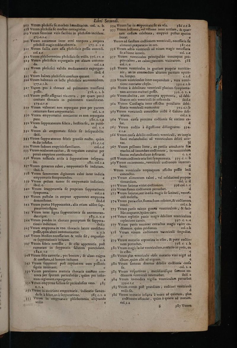 317 Vtrum phthifis fit morbus hsreditarius. col, 2. b 318 Vtrum phthifis fit morbus contagiofus. c 319 Vtrum faeminz viris faciliàs in. phthifim incidant. 37 $C. 1.c 320 Vtrum autumnus inter anni tempora , corpora pththifi magis reddat obnoxia. 173-6. n8 321 Vtrum fuilla caro aífa phthi(icis poffit concedi. col.z.e . 322 Vtrum phlebotomina phthificis fit vtilis. 576. cx. e 323 Vtrum phthificis expurgatio per aluum commo- da. col.2.a 324 Vtrum phthiüci validis medicamentis expurgan- di. ibid. d 325 Vtrum balnea phthificis conferre queant. e 316 Vtrum balneum cx lade phthificis accommodum. 5727.6. t. Ii. 327 Vuum /pus à thorace. ad pulmonem tranffumi poflit. 378. c. 2. b 528 Vtrum poffitaffignati via certa , per quam puse cauitate thoracis in pulmonem transferatur. 379.C.1.€ 319 Vtrum vulnerati non repurgato pure per partem externam fiant empyematici. col.2. e 330 Vtrum empyeniatici moriantur ex non repurgato pure. 380.c. r.a 331 Vtrum fuppuratorum febris ; he&amp;ica fit, an putri- a. col. 3. e 332 Vtrum ab empyemate febris fit. infeparabilis. ibid. 335 Vtrum fuppuratorum febris grauis nodu, quàm de die infeftet. 391.c.1.c 334 Vtrnm fudores empyicis familiares. col.2.c 335 Vtrum oculorum cauitas , &amp; vnguium cutuitas pet petuó empyicos comitentur. d 356 Vtrum tufficula arida à fuppuratione infepara- lis. 382. col.1.a 337 Vtrum genarum rubor , empyematis fit. indicium. ibid. b. 338 Vtrum fummorum digitorum calor inter indicia empyematis fitreponendus. c 339 Vtrum pedum tumor fit empyematis indicium, ibid. c. 340 Vtrum inappetentia fit proprium fuppurationis Íymptoma. col.z.à 341 Vtrum puftule in corpore apparentes empyema demonftrent. ibid.d 342 Vtrum prater Hippocratica, alia etiam adíint fup- purationis figna. € 343, Vttum inter figna fuppurationis: fit annumeran- dus rigor. 4195 6 qte 344 Vttum pondus in thorace perceptum fit fuppura- tionis indicium. ibide 345 Vtrum empyema in vno thoracis latere confiftere poffit,quin alteri communicetur. c. 2.a 346 Vtrum Medico neceffarium &amp; vtile fit , cognofce- re fuppurationis initum. e 347 Vtrum febris remiífio , &amp; cibi appetentia poft rupturam in fuppuratis falutem portendant. 3 84.c. I.C 348 Vtrum fitis carenria , pus bonum ; &amp; aluus exigua &amp; conftans,ad bonum iudicent Cc. 2.a 349 Vtrum fuppurati poft ruptionem cum peffimis fignis intereant. c ijo Vuum purulenta materia thoracis cauitate con- tenta per fputum periculofiàs , quàm per infer- nam regionem expurgetur. e 551 Ytrum empyera falfum fit periculofius vero. 38; C.I.a 2$2 Virum in curatione empyematis , indicatio fumen- da fit à febre,an à fuppuratione. 385; c.1.a 353 Vtrum in empyemate phlebotomia aliquando vtilis. e 354 Vtrum lac ia empyemate fit ex vfu. 386 c.1.b 355 Vtrum fe&amp;ione, vel vítione inter tertiam , &amp; quar tam co(lam celebrata, empyici pectus aperire liceat. e Vtrum ad fauftam co&amp;tionem ventriculi; neceffaria fic alimenti praparatio in orc. 2$7.c.e 356 Vtrum actio ventriculi ad vitam magis neceffaria fit aCtione iecoris. col. 2.e 557 Vuum ventriculus principaliàs concoquat pro- prio calore , an calore partium. vicinarüm. 388 col.i.e ;59 Vtrum ventriculus in gratiam proprie nutritio- nis, anin commodum aliarum partium opereé- tu, femper. €.2.d 359 Vtrum ventriculus inter coquendum , vera nutri- tione nutriatur chylo. 390.c.2.b 360 Vtrum à debilitate ventriculi plurium fymptema- tum aceruus excitari poffit. 392. C. I. à 361 Vtrumabolita, aut corrupta appetentia , ad debi- litatem oris ventriculi fit referenda. ibid.e 362 Vtrum Cardiagia inter effe&amp;tus peculiares. debi- litatis ventriculi numeretur 393. c.1.b 363 Vtrum ventriculi concoctio recé e Galeno defi- niatut. col.2.a 364 Vtrum caufa proxima coGionis fit natiuus ca- lor. d 365; Vtrum co&amp;io à digeflione diflinguatur. 394. C.l.à 366 Vtrum caufa debilis co&amp;tionis ventriculi, ex inopia fucci melancholici ad ventriculum delati oria- tur. td 367 Vtrum pellente liene , an potils attrahente fta macho,;ad iuuandam co&amp;ionem , in ventriculum fuccus melancholicus deferatur. c. 218 368 Vtrum coctionistria fint fymptomata. ^ 395.c. 1. b 369 Vtrum excrementa , ventriculi co&amp;tionem intertur- bent. d Vtrum ventriculo nequaquam affe&amp;o poffit laedi concoctio. e 370 Vtrum alimentum calori , vel refolutioni propore tionandum. col. 2. d 371 Vtrum fatietas vitiet coctionem. 372 Vtrum fames coGionem perturbet. 373 Vtrum fatietas,aut inedia magis fit fanitati , ventri- culi molefta. c 374 Vtrum panie efus;ftomachum roboret, &amp; coctionem juuet. col.z. b 375 Vtrum panis minus grautc ventriculum , &amp; faci- liàs coquatur;quàm caro. 5 c 376 Vttum repletio panis magis debilitet ventriculum repletione carnis. 397. C. € 377 Vtrum panis recenter extractus magis vigiet co- 396.col.1.c d é&amp;ionem, quàm pridianus. col.2.b 378 Vtrum vinum cocionem ventriculi impediat. e 379 Vtrüni mutatio repentina in cibo, &amp; potu co&amp;io- nem perturbet. 398. c. r.b 380 Vtrum magislzdat ventriculum,murtatio in potu, an in cibo. c .381 Vtrum plus ventriculo obfit mutatio vini nigri ad album ,quàm albi ad nigrum. e 392 Vtrum Íomnus diurnus debilis co&amp;ionie caufa fit. col. 2. a 385 Vtrum vefpertinus , meridianá(que forhnus co- &amp;ionem ventriculi interturbet. ibid. e 3$4 Vtrum immodica vigilia ventriculum perturbet 399.C.I.C MR 385 Vtrum motus poft prandium ; co&amp;ioni ventriculi vtilis fit. 386 Vtrum mutatio infgeta à motu ad quietem, plus co&amp;tionem offendat , quàin à quiete ad. motum. €ol.2.a ü 387 Vtrum