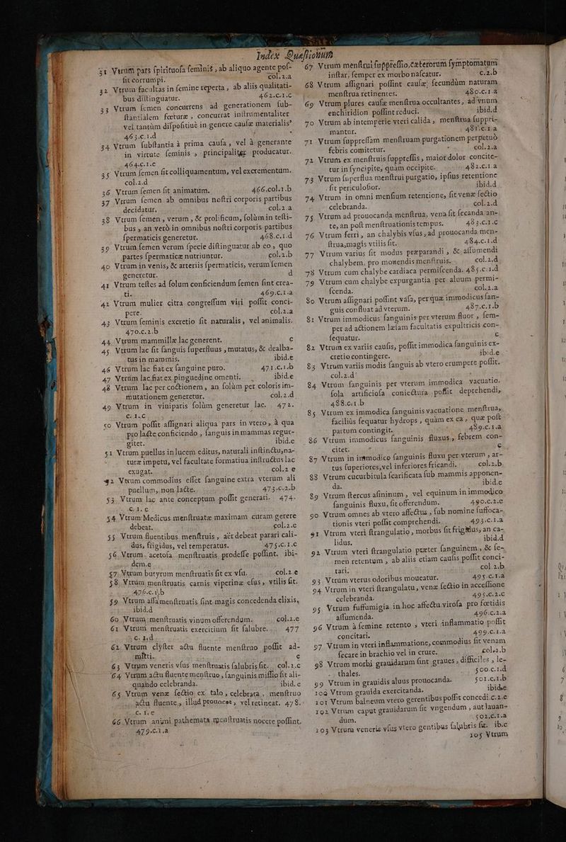 3t Verum pars fpirituofa feminis ; ab aliquo agente pof- fit corrumpi. col.2.a 32 Virum facultas in (emine reperta , ab aliis qualitati- bus diltinguatur. 46 2.C.I.C 33 Vtrum Ícmen concurrens ad generationem | fub- ftantiàdlem feeture , concurrat inftrumentaliter rel tantüm difpofitiue in genere cauía materialis? 46 5.c.1.d / : 34 Vtrum fubftantia à prima caufa ,' vel à generante in virtute feminis , principaliter producatur. 46 4.C.I.C 35 Vtrum femen fit colliquamentum, vel excrementum. col.z.d 36 Vtrum femen fit animatum. 466.col.1.b 37 Virum femen ab omnibus noftri corporis partibus decidatur. col.2.a 38 Vtrum (emen , verum , &amp; prolificum, folümin tefti- bus , an vetó in omnibus noftri corporis partibus Ípermaticis generetur. 468.c.1.d 59 Vtrum femen verum fpecie diftinguatur ab eo, quo partes fpermaticz nutriuntur. col.2.b 4o Vtrum in venis, &amp; arteriis fpermaticis, verum femen generetur. d 41 Vtrum teftes ad folum conficiendum femen fint crea- ti. 469.C.1.à 42 Vtrum mulier citra congteffum viri poffit conci- pere. col.2.a 43 Vtrum feminis excretio fit naturalis, velanimalis. 470.c.2.b 44 Vtrum mammille lac generent. [- 45. Vtrum lac fit fanguis fuperfluus , mutatus, &amp; dealba- tus in mammis. ibid.e 46 Vttum lac fiatex fanguine puro. 471.C.1.b 47 Vttüm lac.fiatex pinguedine omenti. ibid.e 48 Vtrum lac per coctionem , an folüm per coloris im- mutationem generetur. col.2.d 49 Vtrum in viuiparis folüm generetur [365 47 2. C. 1.C «o Vtrum poffit affignari aliqua pars in vtero, à qua pro laéte conficiendo , fanguis inmammas regur- gitet. ibid.e 51 Vtrum puellus in]ucem editus, naturali inftin&amp;u,na- turz impetu, vel facultate formatiua inftruétus lac exugat. col.2 e 42 Vtum commodius effet fanguine extra. vterum ali puellum,.non.Jacte. 473:€.2,b $3 Vuum lac ante conceptum poffit generari. 474- €.1.€ $4 Vtrum Medicus menftruate maximam curam gerere debeat. col.2.e 55 Vtrum fluentibus. menftruis, acr debeat parari cali- dus, frigidus, vel temperatus. 47 5.€.1.C 56, Vtrum. acetofa. menítruatis prodeffe poffint. ibi- dem.e $7, Vtrum butyrum menftruatis fit ex vfu. col.2.e 58. Vtrüm men(truatis carnis viperinz efus , vtilis fic. 476.c.1.b l $9 Vtrum affa men(truatis fint. magis concedenda elixis, 60 NXtrüm menftraatis vinum offerendum. col.2.e 61 Vtrum menftruatis exercitium fit falubre. 477 c. Ld 62 Vtrum clyfer a&amp;u fluente. menftruo poffit ad- mitti. 65 Vtrum venetis vfus menftruatis falubrisfit. | col.».c 64 Vtrum a&amp;u fluente menfttuo , fanguinis milia fir ali- quando celebranda. (APPS 6$. Vtrum yenz Íe&amp;io ex talo, celebrara , menftruo aQu fluente, illud prouocet , velretineat. 478. C. I. C 66, Vttum anni pathemata rgenftruatis nocere poffint 47 9.C.1.à &amp;y Vwrum menficui foppreffio.ceterorum fymptomatum inftar; femper ex morbo na(catur. c.2.b 68 Vtrum affignari poffint caulz: fecundüm naturam menftrua retinentes. 480.C.1.a 69 Vtrum plures caufz menftrua occultantes; ad vnum enchiridion poffint reduci. ibid.d 7o Vtrum ab intemperie vteri calida, menftrua fuppri- mantur. 491.c.1.a 71 Vtrum fuppreffam menfiruam purgationem perpetuo febris comitetur. : col.2.a 72 Vtrum ex menftruis fuppreffis , maior dolor concite- cur in fyncipite; quàm occipite- 492.C.1.a 73 Vtrum fuperflua menftrui purgatio, ipfius retentione | fit periculofior. ibid.d 74 Vtrum in omni menfium retentione, fit venz fectio celebranda. col.2.d 7j Vtrum ad prouocanda menftrua, vera fit fecanda an- te, an poft menftruationis tempus. 40 3.C.1.C 76 Vtrum ferri , an chalybis víus , ad prouocanda men- ftrua,magis vtilis fit. 484.c.1.d 77 Vtrum varius fit modus preparandi , &amp; alfo mendi chalybem, pro mouendis tenfiruis. col.2.d 78 Vtrum cum chalybe cardiaca permifcenda. 485.c.1.d 79 Vtrum cum chalybe expurgantia per aloum permi- ícenda. col.2.a 9o Vtrum affignari poflint váfa, perqua i1mmodicusfan- guis confluat ad vterum. 487.c.1.b 81 Vtrum immodicus fanguinis per vterum fuor , fem- per ad actionem lzíam facultatis expultricis con- fequatur. c 92 Vtrum ex variis caufis, poffit immodica fanguinis ex- cretio contingere. ibid.e $5 Vtrum variis modis (anguis ab vtero erumpere poffit. col.2.d $4 Vtrum fanguinis per vterum immodica . vacuatio. (ola. artificiofa coniedura | poffit deprehendi, 488.c.1.b 85$ Vtrum ex immodica fanguinis vacuatione menfirua, faciliüs fequatur hydrops , quàm ex ca» qu poft partum contingit. 489.C.1.à $6 Vttum immodicus fanguinis fluxus; febrem con- citet. [- $7 Vtrum in irfmodico fanguinis fluxu per vterum , ar- tus fuperiores,vel inferiores fricandi. col.».b $8 Vtrum cucurbitula fcarificata fub mammis apponen- da. ibid.e 89 Vtrum ftercus afininum , vel equinum in immodico fanguinis fluxu, fit offerendum. 4$0.C.2.€ go Vtrum omnes ab vtero affe&amp;us , fab nomine fuffoca- tionis vteri poffit comprehendi. 493.C.1.à er Vtrum vteri ftrangulatio ; morbus fit frigitlus; an ca- lidus. ibid.d 92 Vtrum vteri ftrangulatio prater fanguinem , &amp; íe- men retentum , ab aliis etiam caufis poffit conci - tari. col.2.b 93 Vtrum vterus odoribus moueatur. 49 $.C. 1.3 94. Vtrum in vteri ftrangulatu, venz (ectio in accefhione celebranda. 49 $.C.2.C affumenda. 496:C.2.a 96 Vtrum à femine retento ; vteri inflammatio poffit concitari. 499.C.1. 97 Vtrum in vteri inflammatione, commodius fit venam fecare in brachio vel in crure. col«.b 98 Vtrum morbi grauidarum fint graues » difficiles , le- - . thales. $00.c.1.d 99 Vtrum in grauidis aluus prouocanda. $or.c.r.b ibide 108 Vtrum grauida exercitanda. 101 Vtrum balneum vtero gerentibus poffit concedi.c.2.e 192 Vtrüm caput grauidarum fit vngendum , aut lauan- dum. $02,C.I.à 103 Vtrum veneris vfus Veto gentibus falubris fi. ib.c 10$ Vtrum ——— — —