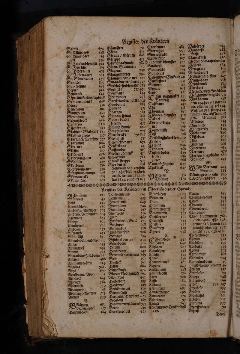 Appelboom / Appel 1 Artichock 643 Aſperges 562 Aſphrodille 330 Avantperſen 43 Avencruyt / Averꝛoue 513 Ayeuyn 359 O3 Adnoıge 682 Balſamappel 257 Balſamboom 284 A elbrom 171 Baſilic onkruyd 791 Abricot 43 Beelkruyd 953 Adick 115 Beerenklauw 649 Adonis⸗bloem 560 Beerenclawe 722 Aerdacker / Aerdnoot 769 Beerenloock 367 Aerdbeſie / Aerdbeſiekru. 864 Beerwortel 516 Agrimony 855 Beete 463 Akeleye 624 Berckenboom / Berck 175 Alantwortel 528 Bergheppe 708 Albboom 171 Bergnardus 518 Alfsrancke 251 Berg peterſelie 708 Alſen/ Alſt 659 Bernagie 834 Amandel / Amandelbom 1 Beſiekens over zee 234 Amber 293 Beſienboom 230 Ambergrieß 295 Betonie 800 mmy 18 Beuckeboom 143 Anacardien / Ind. boom 221 Bevernelle / bevernaert 869 Andivie 488 Bieſe 301 Anemonerooßken 614 Bieslock 362 Angeltea 941. Bilſen 884 Anys 699 Bingelkruyd 474 Blaeuw Godtsgenade 762 Bloemkool 441 Bockenbart 793 Boeckweyt 329 Boelckenscruyt 857 Boeren⸗kerſſe 427 Boexbaert / Boexdorn 652 Booghaut 167 Boomvaren / eyckenvarẽ 975 Boone F440 Borſekenscruyt 432 Boterbloem 609 Boxboom 108 Braem 980 Braembeſie 266 Brareghwortel 650 Brachvaeren 783 Breſiliepeper 195 Bruynelle 814 Bugloſſe 835 Bueckweyt 329 Byvoet 758 Abuyskoole ” 441 Caerde 640 Calfsvoet 605 Camelshoy 526 Camfer 152 Caneel 186 Canynencruyt 481 Cappers 243 Cardamome 598 Carenbloome 570 Carve 700 Caſſie 184 Caſtanie 144 Cattencruyt 681 Cauckerbloeme 490 Cauwoorde 772² Cederboom 97 Ceri rinte 792 Fan Ceuckenſchell 17. Ceulen 684 Chriſtus⸗ooghen 843 Cicern 536 Ciccoreye 483 Citroenboom 26 Claerooghe 866 Cleyn druyvencruit 761. endivie 488. eſche 148. gouwe 626. ſantorie 629 dende yſercruyt 877. uerckel 4 1. cliſſe 93 8. Coekorckbroot 751 Comyn 702 Condillen 509 Condrille 499 Coniza 769 Coraeleruyt 562 Coriander 704 Cornoelienboom 45 wild Cornoeliebomm 46 Cottoen 535 Crakebeſien 72 Erappe 728 Crayenvoed 569 Crock 541. 597 Croesbeſie 233 Cruſette 501 Cruyßdiſtel 653 Cubeben 221 Curcuma 355 2 92 Cypre 113 Dadel⸗ Sal vie 674 Skawſirer 751 Storienurt 483 Valskroer 254 St. Elline⸗rod 528 Skraa 432 Stormhat 903 Vandarfe 268 St. Hanß⸗baer 234 Skralle / Skratte ibid Storꝛoellicke 854 karſe 428 urt 796 Skreppe 457 Stude knae 307 Vatterkarſe 420 St. Jacobs⸗blomſter o Skurwpaahumle 9828 tudenter blomſter 505 Veddende / paajordens z St. Ibs⸗ lilie 371 Slaen / Slaantorn Jo Sualerod 30. Veibred 564 St. Peders⸗urt 473 Slag⸗urt 798 Suinevicke 279 Vry⸗graes 305 St. Ruberts⸗urt 662 Slangemyrder 794 Suine⸗ urt 889 Velands⸗urt 5²¹ St. Simons⸗urt 5 5 Slangetunge / url 605 Suramper / Surkaab 471 Velluctendis⸗flaee 347 Sanickel 819 Smaa⸗ burꝛer / ſnerie 727 Surkleffuer 751 Venus⸗ haar 956 Sar⸗koennel 684 Soeblad / ſoeblomſter 779 Surtorn 231 Veylckeroed 832 Sejurt 912 Soelficke 757.976 Synaw 946 Verckurt 808 Selidonie 322 Soelff⸗urt 854 Syre T. 41 Veylicke / veylcken⸗blooo Sepertinekorẽs⸗tidtzels 48 Soelwender 978 Dan paſtinackel 552 Verglemme migicke 733 Se mpertine⸗urt 648 Sortkriander / ſortko. 227 Tamroſe 236 Bild boenne 547 Senep 410 Sowbonne 884 Taſ ke⸗urt 432 drue 254 hoͤr 58. nardus Seneboom 282 Sowrad 923 The 138 521. olie:rae 255. ref 254. Sennix⸗ urt 403 Sparges 5 Thymian 683 Safran 983. ſenep 412. Se venbom 96 Spinas / ſpinat 455 Tideloes⸗blomſter zs kimian 686. toͤrfkemund Schmißloock 914 Spitze ⸗burꝛer 938 Taback 986 958. almue 882 Singroͤn 810 treppe 47 Torden⸗ſkrepe 937 Wintroe Siſenbraut 631 Stange humle 260 urt 769 Vinrancke 257 Skabios / Skab⸗ urt 823 Staphiſander 978 Tormentille 862 Wintergroͤn 810 Skaffne⸗groes 307 Steenbrecke 791.827 Toſt 668 Vldboorer 840 Skarlager / Scarleye 775 Steenhirß 701 Trefoldigheds⸗blom. yo Viffe baer 902 Skarutyde 904 Steenlefver⸗urt 872 Trifelſe zsı Vlm 176 Skee⸗ urt 438 Stickelbaar 233 Treblad 746 Vlmtrae ibid Skeffte 307 Stiffmoder 950 Trod⸗urt 769 Vndertrae 964 Skide⸗ urt 058 Stolter Henrick 476 Tuſind dyder 6:9 Vorteurt 978 Skioerbugs⸗urt 438 Storckeveb 762 feyder 786 Vorfeur ſengehalm 686 Srklolilier 249 Storck ſkreppe 937 pitter bid Vynſtock 257 Skordium 736 Stor burrer wid Tyndsk⸗Ingefer 655 . Scorpions⸗urt 9s chelidonie 622. conſoli⸗ Tyckblad 627 WI Bertram 405 Skorpions⸗rumpe ibid de 813. hof blad 752. hof⸗ 5 Meyran 668 Skow⸗mercke 973 urt ib. jern urt 483. ſua⸗ Alerian 121 Wintergroen / Lilie 830 Skaw⸗tidtzel 107 leurt 622. vundurt 813 Valmue „880 Woldkoners⸗koer 490 — —
