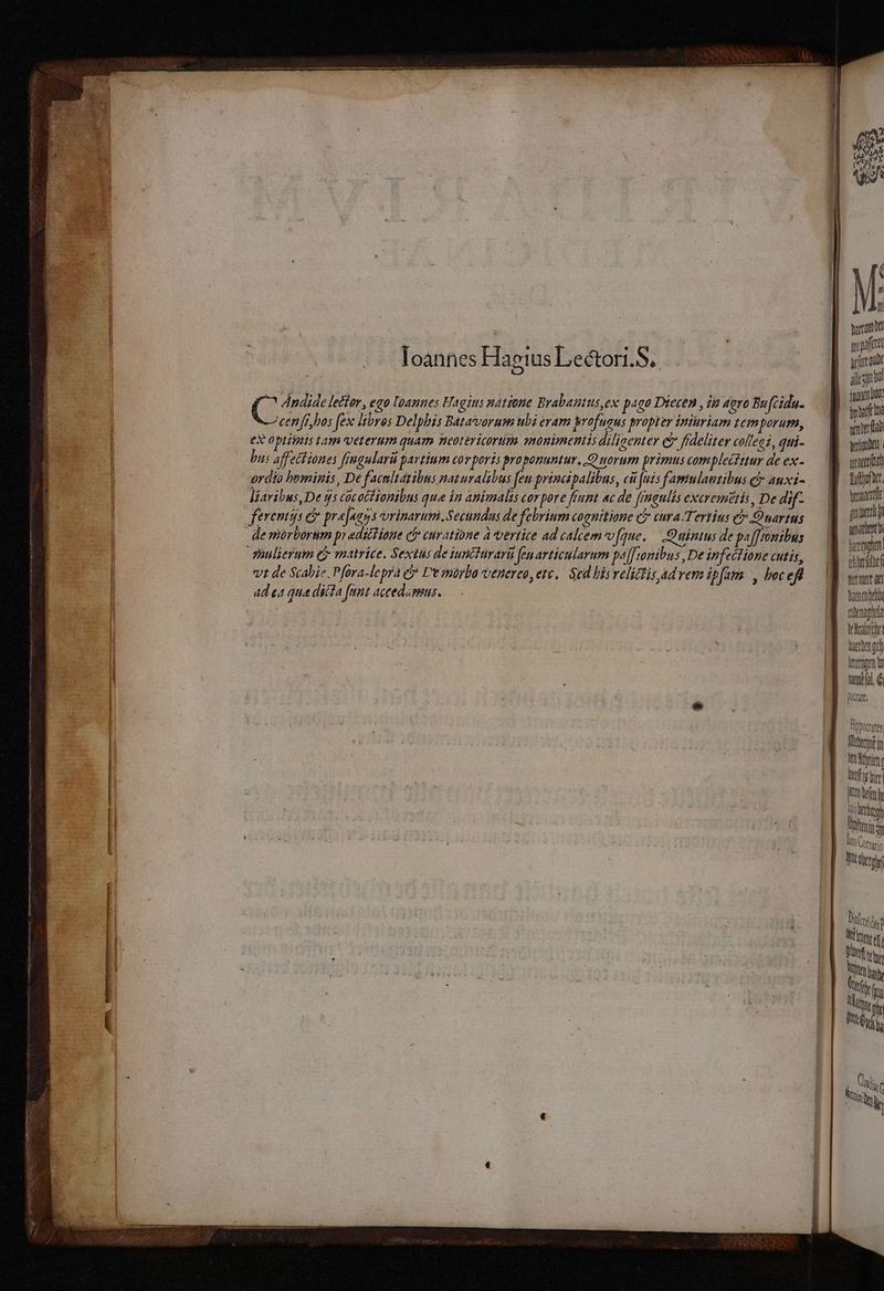 9 | f | | 775 1 Aer 8 l pet Joannes Hagius Lectori. S. vien Kalme 05 Andide lector, ego loannes Hagins nattone Brabantus, ex pago Diecen , in agro Buftidu. 1 1 cen ſſi hos ſex libros Delphis Batavorum ubi eram profugus propter iniuriam tem porum, re EX optimis tam veterum quam neotericorum monimentis diligenter &. frdeliter collegi, qui. welden, biss affectiones ſingularũ partium corporis pro ponuntur. Quorum primus com plectitur de ex- wenen ordio hominis, De faculiatibus naturalibus fen princi palibus, cit ſuis famulautibus & auxi- B hofd. liaribus, De ús coc octionibus que in animalis cor pore fiunt ac dé ſingulis excremerds, De dif. B emile ferentijs & prefagys vrinarum. Secundus de febrinm cognitione & cura. Terrius C Onarius | fu | de morborum pr adiëtione & curatione d vertice ad calcem vſque. Quintus de paſſibnibus | n. mulierum & matrice. Sextùs de iuncturarii ſeu articularum paſſionibus, De in fectione cuti, 10 vt de Sable. Vſora. le pra & Vr morbo denereo, etc. Sed his relictis ad rem ipſams, hoc ef | 0 r an ad en qua dlicta fant acceda mis. * cache I geh | bera ER erdenge) ngen d i € oclate. hre He in Ach bs ber ende onbe 18 do Cornario tbr