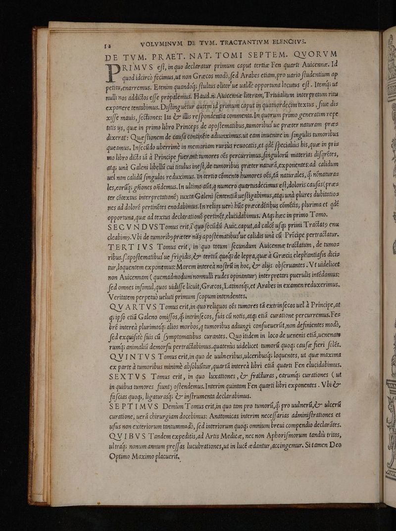 {3 VOLVMINVM DE TVM, TRACTANTIVM ELENCHV3. DE TVM. PRAET. NAT. TOMI SEPTEM. QVORVM I'3RIMVS efl, inquo declaratur. primum caput tertie Fen quarti Auicenne. Id P quod idcirco fecimus ut non Grecos modb, fed Arabes etiam,pro uario fludentium ap efituenarremus. Etenim quandod; flultus olitor ue ualde opportuna locutus eft . Item; ut nulli nos addictos effe propalemus. Haud.n Auicemie literam, T riuialium interpretum ritu exponere tentabimus. Diflinguetur dutem id primum caput in quatuordecim textus , fiue diz xiffe mauis, [cetiones: Ita e illi vefpondentia commenta.In quorum primo generatim repe fitis js, que in primo libro Princeps de apoftematibus tumoribus ue preter naturam prez dixerat: Que [lionem de caufa éóntin£te adiunximus.ut eam inuenire in. fingulis tumoribus queamus, In fecido uberrime in memoriam rursus reuocatis et gde fpeciaius bis,que in priz mo libro dicla ià à Principe fuevanittumores o€s percurrimus, fingulorü materias difgrētes, atq; unà, Galeni libellit cui titulus inefl,de tumoribus prater naturá,exponentes:ad calidum uel non calidü fingulos veduximus. 1n tertio cümento humores gës, tå naturales, d nónaturaz les,eoríiq: gfiones ofidemus.[n ultimo a(itjg numero quartusdecimus e(T;doloris caufas(preez (er Cotextus interpretatione) iuxta Galeni fententia uefligabimus;atq; unà plures dubitztioz nes ad dolové pevtin£tes enodabimus:In velis uero bic preecédétibus cómétis; plurima et qde opportuna,que ad textus declarationé pertínételutidabimus. Atq; bec in primo T omo. SEC VN DVS Tomus erit quo fecüdi Auic.caput,ad calce ufq; primi Trattato enu Cleabimo.N bi de tumoribopræter nd; «poflématibus ue calidis una ci Pricipe pertractatur. TERT IVS Tomus erit, in/quo totum fecundum Auicenne trattatum , de tumoz ribus.[-apoflematibus ue frigidis, e7* tertii queq; de lepra qua à Grecis elepbantiafis diciz tur loquentem exponemus: Morem interea noflrü in boc, 47 alijs obferuantes . V t uidelicet non Auicennam ( quemadmodum nonnulli vudes opinantur) interpretari puerulis intédamus: fed omnes infimul,quos uidiffe licuit, Grecos ;Latinosq;,et Arabes in examen reduxerimus. Veritatem perpetuo ueluti primum [copum intendentes, | QV ART VS Tomus eritin quo reliquos o£s tumores (à extrin [ccos uel à Principe at q;ipfo etia Galeno omif[os,d5 intrinfecos, fuis cit notis atg; etia curatione percurremus.Fez brê inferea plurimosq alios morbos, tumoribus adiungi confueuerüt,non defiientes modo, fed exquifité fuis cå fn ymptomatibus curantes. Quo itidem in loco de uenenis etia,uenenate rum; animalii demorfu pertratlabimus quatenus uidelicet tumori quoq; cau ife fieri folet. QVINTV S Tomuseritjnquo de uuleribus,ulceribusq; loquentes, ut que maxima ex parte à tumoribus minime abfoluütur quarta intereà libri etià quarti Fen elucidabimus. SEXTVS Tomus erit, in quo luxationes , 7 fraturas , earumq; curationes ( ut in quibus tumores. fiunt) oflendemus, Interim quintam Fen quarti libri exponentes . Vbi &amp;- fafcus quoq, ligaturasq; (7 inflrumenta dedavabimus. — | SEPTIMVS Demüm Tomus erit,in quo tam pro tumorit, d; pro uulnere ulceri curatione, uerá chirurgiam docebimus: Anatomicas interim neceffarias adminiftrationes et ufus non exteriorum tantummodo, fed interiorum quoq; omnium breui compendio declarates. QVIBVS Tandem expeditis,ad Artis Medic, nec non Apborifmorum tandiu tritas, ultraq; nonum annum pre[[as lucubvationes,ut in lucë dantur accingemur. Si tamen Deo