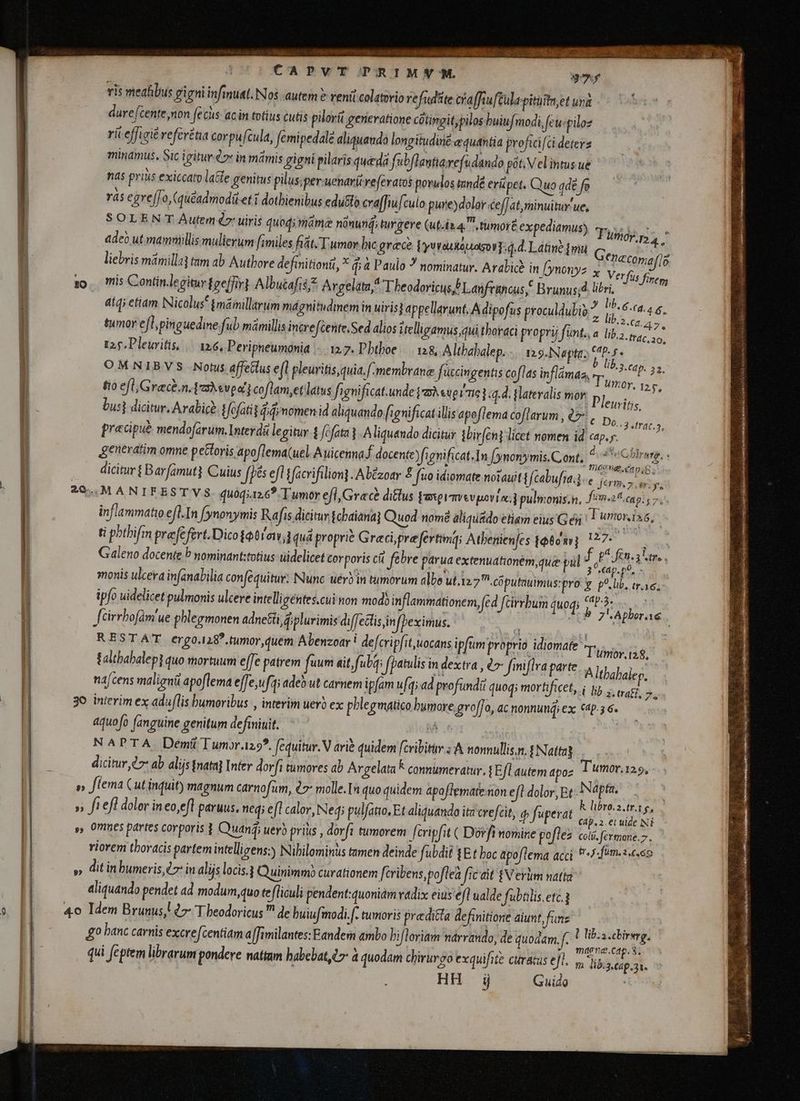 essi sed you; PRÉ WR TA  I M csi DANT à ENER | CAPVT PRIMN'M FFS vis meahbus gigni infinust. Nos autem è reni colatorio refudite cřa fiu ftulapituitn et ura dure (cente non fecus acin totius cutis pilori generatione cütingit,pilos huiufmodi, fcu. piloz rít efficié refevétia corpu[cula, femipedalé aliquando longitudinë eduantia profici fci deterz minamus. Sic igitur. in mmis gigni pilaris queda fubflantiavefudando pót, Velintus ue nas priùs exiccato latte genitus pilus;per.uenari veferatos porulos tandé eri pet. Quo qdé fo ras egre[Jo, (queadmoditet i dothienibus edutlo craffiufculo pureydolor-cefJat,minuitur' ue, SOLENT Aufem dz uiris quod; mame nünund; turgere (ut.ia.4. tumore expediamus) adeo ut mamnillis mulierum fimiles fit. Tumor bic grece f yuvrutouaso3 gd. Latine imu liebris māmilla} tam ab Authore definitionit, ” q; à Paulo ? nominatur. Arabicè in (ynonyz à - PONO ram : 2 i 7 k e AA. tumor efl, pinguedine fub mámillis intrefcente.Sed alios itellipamus qui thoraci propri funta a liba mas 1 125. Pleuritis, || 126, Peripneumonia 12.7. Phthoe 128, Altbabalep. 129.Naptaz VH > OM NIBYS -Notus affetlus efl pleuritis quia. [membrane fuccingentis coflas inflámaa, POR IR tio efl;Greæcè.niahevpa} coflam,etlatus fignificat.unde Vah up ire]. Hateralis mor bus} dicitur. Arabicè Hofatis fjdmomen id aliquando [ignificat illis apoflema coflarum , LA d MES precipue mendofárum.Interdá legitur 4 fcfata] Aliquando dicitur ibirfent licet nomen id «ap. y. Sy f generatim omne p eCloris apoflema(uel Auicenna.f. docente fignificat. In (ynonymis.C.ont. cipum : dicitur $ Barfamut] Cuius fpes efl tfacrifilion] . Abézoar £ fuo idiomate notauit fcabufra. pee fart, x. eri i M A NITEES TVS. quód.26 Tumor efl, Grace dius gaxeimevpoviw; pulmonis.n, Sematcapis 7 inflammatio efl.In fynonymis Rafis dicitur {chaiana} Quod nomé aliquado etiam eius G éh Tumoniss, ti phthifm prefefert.Dicofetiaw;i quá proprie Greci prefertima; Atbenienfes fotoi} E a Galeno docente b nominant:totius ùidelicet corporis ci febre parua extenuationem,que pil ; E ra Sfes monis ulcera infanabilia con(equitur: Nunc uerb in tumorum albo ut.127 coputauimus:pro y. p°, lb. tre; ipfo uidelicet pulmonis ulcere intelligéntes.cui non modo inflammationem (cd fcirrbum quodi y E feirrbofám'ue phlegmonen adnetti fiplurimis difetis infþeximus. : | j RESTAT ergo.28. tumor quem Abenzoar i defcripfit,uocans ipfum proprio idiomate TUGA, falthabalepi quo mortuum effe patrem fuum ait, fubq; [patulis in dex tra, 67: fimiflra parte. 4 ltbabaley. nafcens maligni apoflema effe,ufqi adeb ut carnem ipfam u[q; ad profundi quoq; mortificet, i lib z, tratf, 7. interim ex aduflis humoribus , interim uero ex phlegmatico humore grof[o, ac nonnuud; ex Cp. 6. aquofo fanguine genitum definiuit. Må | | NAPTA Demí T umor.i25?. fequitur. V arie quidem [cribitiv s A nonnullis. $ Natta] dicitur lr ab alijs {nata} Inter dorfi tumores ab Argelata connumeratur. [Efl autem apoz Tumor.125, b 9» p» T (Ap. 2. et uide NE omnes partes corporis 3 Quanĝ; uerb prius , dorft tumorem Jeripfit ( Dorfi nomine poflea coli.fermane.7. riorem thoracis partem intelligens:) Nihilominus tamen deinde fubdit Et boc apoflema acci s fim-2«.eo. dit inbumeris £7: in alijs locis.4 Quinimmó curationem fcribens,pofleà fic dit $N erm natia aliquando pendet ad modum,quo te (liculi pendent:quoniám radix eius efl ualde fabtlis.etc. maene.cap. $. qui feptem librarum pondere nattum habebat l7 à quodam chirurgo exquifite curatus ejl. m iis, Apo HH ji Guido