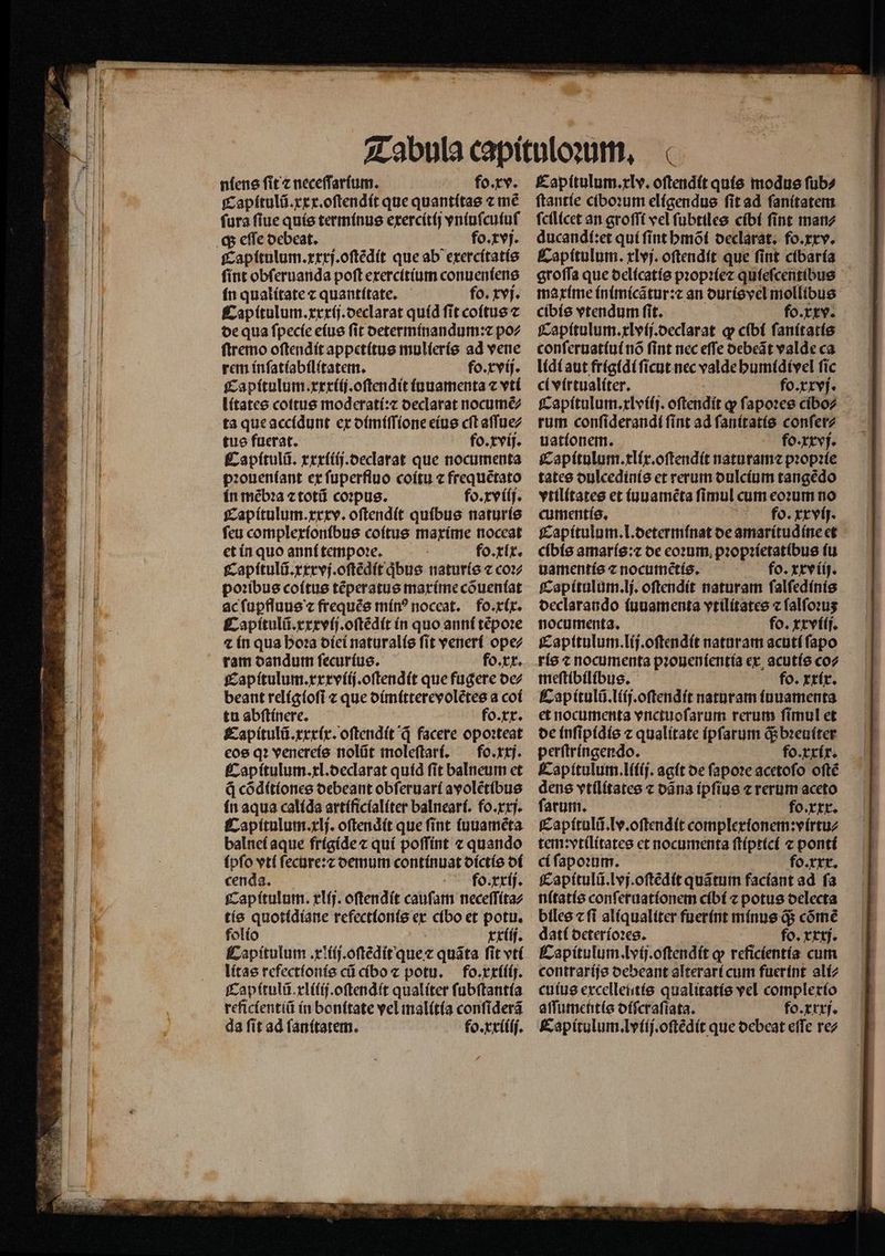 niens fit ⁊ neceſſarium. fo. xv. Capitulũ. xx x.oſtendit que quantitas ⁊ mẽ ſura ſiue quis terminus exercitij vniuſcuiuſ Capitulum.xxxj.oſtẽdit que ab exercitatis ſint obſeruanda poſt exercitium conueniens in qualitate ⁊ quantitate. fo. xvj. Capitulum.xxxij.declarat quid ſit coitus ⁊ de qua ſpecie eius ſit determinandum:⁊ po⸗ ſtremo oſtendit appetitus mulieris ad vene rem inſatiabilitatem. fo.xvij. Capitulum. xxxiij.oſtendit iuuamenta ⁊ vti litates coitus moderati:⁊ declarat nocume ta que accidunt ex dimiſſione eius cft aſſue⸗ tus fuerat. fo.xvij. Capitulũ. xxxiiij.declarat que nocumenta pꝛoueniant ex ſuperfluo coitu ⁊ frequẽtato in mẽbꝛa ⁊ totũ coꝛpus. fo.xviij. Capitulum.xxxv.oſtendit quibus naturis fei complexionibus coitus maxime noceat et in quo anni tempoꝛe. | fo.xix. Capitulũ.xxxvj.oſtẽdit qͥbus naturis c coꝛ⸗ poꝛibus coitus tẽperatus maxime cóuenfat ac ſuꝑfſuus ⁊ frequẽs mín? noceat. fo.xix. Capitulũ.xxxvij.oſtẽdit in quo anni tẽpoꝛe ⁊ in qua hoꝛa diei naturalis ſit veneri ope⸗ ram dandum ſecurius. fo. xx. Capitulum.xxxviij.oſtendit que fugere de⸗ beant religioſi ⁊ que dimitterevolẽtes a coi tu abſtinere. fo. xx. Capitulũ.xxxix.oſtendit q̃ facere opoꝛteat eos qꝛ venereis nolũt moleſtari. fo. xxj. Capitulum.xl.declarat quid ſit balneum et Q cõditiones debeant obſeruari avolẽtibus in aqua calida artificialiter balneari. fo.xxj. Capitulum.xlj. oftendít que ſint iuuamẽta balnei aque frigide ⁊ quí poſſint ⁊ quando ſipſo vtí ſecure:⁊ demum continuat dictis di cenda. Jo. xxij. Capitulum. xlij. oftendít caufam neceſſita⸗ tis quotidiane refectlonis ex cibo et potu. folio xxiij. Capitulum. xliij.oſtẽdit que ⁊ quãta fit vti litas refectionis cá cibo ⁊ potu. fo.xxiiij. Cap itulũ.xliiij.oſtend it qualiter ſubſtantia reficientiũ in bonitate vel malitia conſiderã da ſit ad ſanitatem. fo.xxiiij. Capitulum.xlv. oftendít quis modus ſub⸗ ſtantie ciboꝛum eligendus ſit ad ſanitatem ſcilicet an grofft vel ſubtiles cibi ſint man⸗ ducandí:et qui ſint hmõi declarat. fo.xxv. Capitulum. xlvj. oſtendit que fint cibaria groſſa que delicatis pꝛopꝛie⁊ qufefcentíbus maxime inimicãtur:⁊ an duris vel mollibus cibis vtendum ſit. fo. xxv. Capitulum.xlvij.declarat ꝙ cibi ſanitatis conſeruatiui nõ ſint nec eſſe debeãt valde ca lidi aut frigidi ſicut nec valde humidivel ſic ci vírtualíter. fo. xxvj. Capitulum.xlviij. oftendít q ſapoꝛes cibo⸗ rum conſiderandi ſint ad ſanitatis conſer⸗ uationem. fo. xxvj. Capitulum.xlix.oſtendit naturam⁊ pꝛopꝛie tates dulcedinis et rerum dulcium tangẽdo vtilitates et iuuamẽta fimul cum eoꝛum no cumentis. fo. xxvij. Capitulum.l.determinat de amaritudine et cibis amaris:⁊ de eoꝛum pꝛopꝛietatibus ſu uamentis ⁊ nocumẽtis. fo. xxviij. Capitulum. lj. oftendít naturam ſalſedinis declarando iuuamenta vtilitates ⁊ ſalſoꝛuʒ nocumenta. fo. xxviij. Capitulum.lij.oſtendit naturam acuti ſapo ris ⁊ nocumenta pꝛouenientia ex acutis co⸗ meſtibilibus. fo. xxix. Capitulũ.liij.oſtendit naturam iuuamenta et nocumenta vnctuoſarum rerum ſimul et de inſipidis ⁊ qualítate ipſarum q; bꝛeuiter perſtringendo. fo. xxir. Capitulum.liiij. agít de ſapoꝛe acetoſo oſt dens vtilitates ⁊ dãna ipſius ⁊ rerum aceto ſarum. d fo. xxx. Capitulũ.lv.oſtendit complexionem:virtu⸗ tem: vtilitates et nocumenta ſtiptici ⁊ ponti ci ſapoꝛum. fo. xxx. Capitulũ.lvj.oſtẽdit quãtum faciant ad fa nitatis conſeruationem cibi ⁊ potus delecta dati deterioꝛes. fo. rrtj. Capitulum. lvij.oſtendit qꝙ reficíentía cum contrarijs debeant alterari cum fuerint ali⸗ cuius excellentis qualitatis vel complexio aſſumentis diſcraſtata. fo. xxxj. Capitulum. lviij.oſtẽdit que debeat effe rez