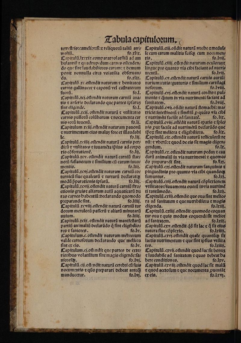 terreſtris:cameli:vꝛſi:⁊ reliquoꝛũ taliũ ani⸗ fo. xlix. Ca pitulũ.lxxxir.comparatvolatſliũ ad am do que fint laudabilioꝛes carum: z demum Capitulũ.xc.oſtendit naturam ⁊ bonitates ſuoꝛũ. fo. l. Capitulũ.xcj.oſtendit naturam carniũ ana⸗ tis ⁊ anſeris declarando que partes ípfarus ſint eligende. fo. l. Capitulũ.xcij. oſtendit naturã c vtilitates carnis pulloꝛũ colũbarum ⁊ nocumenta car nis eoꝛũ iuuenũ. fo. li. Capitulum. xciij.oſtendit naturam pauonũ ⁊ nutrimentum eius malus foꝛe et illaudabi le. fo. lij. Capitulũ.xciſij.oſtendit natura carnis perz ríe cõfoꝛtationẽ. fo. lij. Capitulũ.xcv.oſtendit naturã carniũ ſtar⸗ noꝛũ faſianoꝛum ⁊ ſimilium cũ earum ſiuua⸗ mentis. fo. liij. Capitulũ.xcvj.oſtendit naturam carniũ coz turnicũ fiue qualearũ c turturũ declaratq; modũ pᷣparationis ipſarũ. fo.liij. Capitulũ.xcvij.oſtendit naturã carniũ ſtru⸗ ctionis gruis⁊ aliarum aufi aquaticarũ du ras carnes habentiũ:declarando quomodo pꝛeparande ſint. fo. liiij. Capitulũ.xcviij.oſtendit naturã carniũ tur doꝛum meruloꝛũ paſſerũ ⁊ aliarũ minutarũ auium. fo. liiij. Capitulũ.xcix.oſtendit naturã manifeſtarũ partiũ animaliũ declarã do d ſint eligibilio⸗ res ⁊ ſanioꝛes. fo. lv. Capitulum.c.oſtendit naturam mẽbꝛoꝛum valde carnoſoꝛum declarando que melioꝛa ſint ex eis. fo. by. Capitulum.cj. oſtendſt que partes de exte⸗ rioꝛibus volatilium fint magis eligende:ſa⸗ nioꝛeſq;. fo. lvj. Capitulũ . cij.oſtendit naturã cerebꝛi cũ ſuis nocumentis ⁊ qo pꝛeparari debeat anteq; manducetur. fo. lvj. Capitulũ.ciij.oñdit naturã nuche ⁊ medul⸗ le cum earum malitia ſuiſq; cum nocumen⸗ tis. fo. lvij. Capitulũ.ciſij. oſtendit naturam oculoꝛuʒ ⁊ mentũ. fo. lvij. Capitulũ.cv.oſtendit naturã caruíe auriũ: narium:cutis:gutturis ⁊ ſimilium cartilagi noſoꝛum. fo. lvili. Capſtulũ.cvj.oſtendit naturã coꝛdis ⁊ pul⸗ monis ⁊ ditum in via nutrimenti facíant ad ſanitatem. fo. lviij. Capitulũ.cvij.oñdit naturã ftomacbí: ma⸗ tricis:inteſtinoꝛũ ⁊ ſimiliũ p quãto via cibi ⁊ nutrimẽti faciũt ad ſanitatẽ. fo. lix. Capitulũ.cviij.oſtẽdit naturã epatis c ſple⸗ nis put faciũt ad nutrimẽtũ declarãdo que ípoz fint melioꝛa c eligibilioꝛa. fo. lix. Capitulũ.cix.oſtendit naturã teſticuloꝛũ:re nũ: ⁊ vberũ:⁊ quod de eis ſit magis eligen⸗ Capitulũ.cx.oſtendit naturam pedus ⁊ cau darũ animaliũ (n via nutrimenti ⁊ quomo⸗ do pꝛeparandi fint. fol: Capitulũ.cxj.oſtendit naturam ſanguinis ⁊ pinguedinis pꝛo quanto via cibi quandoq; ſumuntur. fo. lxj. Capitulũ.cxij.oſtendit naturã cõplexionem vtilitatesꝛ⁊ / iuuamenta ouoꝛũ invia nutrimẽ ti tantũmodo. | fo.lríj. Capitulũ.cxiij.oſtendit que oua fint melio⸗ ra ad ſanitatem ⁊ quenutribílfo:a ⁊ magis eligenda. fo. lxiij. fap (tul ũ.cxiiij.oſtendit quomodo coquan tur oua ⁊ quis modus coquendi fit melíoz ad ſanitatem. fo. lxiij. Capitulũ.cxv.oſtendit jd fit lace d fit eius natura fiue cóplerío. fo. lxiiij. Capitulũ.cxvj.oſtendit quale quantũq; fit lactis nutrimentum ⁊ que ſint ipſius vtilita tes. fo. lxilij. Capitulũ.cxvij.oſtendit quod lac ſit bonus ⁊ laudabile ad ſanitatem ⁊ quas debeat ha bere conditiones. fo.Itv. Capitulũ.cxv fü.oftendít quod lac ſit malũ ⁊ quod acetoſum ⁊ que nocumenta ꝓuentãt ex eis. fo. lx.