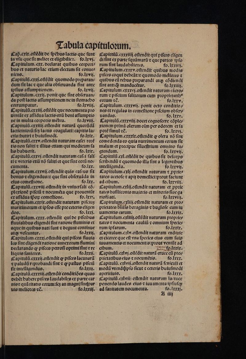 Caß . cxix.oſtẽdit de ſpẽbus lactis que funt in vfu que ſit melioꝛ et eligibilicꝛ. fo. lxvj. &amp;apítulum. ctr. declarat quibus coꝛpoꝛi⸗ bus et naturis lac etiam electum ſit conue⸗ niens. fo. lxvij. Capitulũ.cxxj.oſtẽdit quomodo pꝛeparan⸗ dum ſit lac ⁊ que alia obſeruanda ſint ante ipſius aſſumptionem. fo. lxvij. Capitulum.cxxij. ponít que fint obſeruan⸗ da poſt lactis aſſumptionem ne in ſtomacho coꝛrumpatur. fo. lxviij. Capitulũ.cxxiij.oſtẽdit que nocumenta pꝛo ueniãt ex aſſidua lactis etiã boni aſſumptio ne in multa coꝛpoꝛis mẽbꝛa. fo.lxviij. Capitulũ.cxxiiij.oſtendit naturã quoꝛũdã lacticinioꝛũ:ſcʒ lactis coagulati: capitis la⸗ ctis:butiri c huiuſmodi. fo. lxix. Capitulũ.cxxv.oſtendit naturam cafeí recẽ tis non ſaliti ⁊ illius etiam qui modicum ſa lis habuerit. fo. lxix. ti ⁊ veteris etiã nó ſaliti et que ſint eoꝛũ noz cumenta. fo. lxx. Capitulum.cxxvij.oſtendit quis caſeus fit bonus ⁊ eligendus:⁊ que ſint obſeruãda in efue comeſtione. fo. lxx. Capitulũ.cxxviij.oſtendit in vnſuerſali cõ⸗ plexionẽ piſciũ ⁊ nocuméta que pꝛoueniũt ex aſſidua ip̃oꝝ comeſtione. fo. lxxi. Capitulum.cxxix.oſtendit naturam piſciuʒ maritimoꝛum et ip ſos effe pꝛe ceteris eligen dos. fo. lx. Capitulum.cxxx.oſtendit qui de piſcibus fluuſalibus eligendi fint ratione fluminis et atq; veſcuntur. fo. lxxij. Capitulum.cxxxj.oſtendit quí piſces fluuia les ſint eligendi ratione annexoꝛum flumíni declarando qp piſces petroſi optimi ſint ⁊ re liquis ſantoꝛes. Capitulũ.cxxxij.oſtendit q piſces lacunarũ ⁊ paludũ repꝛobandi ſint ⁊ q paſtus piſciũ ſit intelligendus. fo.lxxij. fo. lxxiij. Capitnlũ.exxxiſij.oſtendit quí piſces eligen di fint ex parte ſquãmarũ ⁊ que partes tpfo- rum ſint laudabilioꝛes. fo. Ixxiiij. Capitulum.cxxxv.oſtendit quibus modis piſces coqui debeãt:⁊ quomodo melſoꝛes z quibus cũ rebus pꝛeparandi atq; cõdiendi fint anteq; manducẽtur. fo. lxxiiij. Capitulum.cxxxvj.oſtendit naturam cãcro⸗ rum ⁊ piſcium ſalitoꝛum cum pꝛopꝛietatibꝰ eoꝛum «€. ä fo. lxxv. Capitulum. cxxxvij. ponit octo conditio ⸗ nes et regulas ín comeſtione piſcium obſer⸗ uandas. fo. lxv. Capitulũ.cxxxviij.docet cognofcere cóplez xionem pꝛimã olerum oim per odoꝛem et fa poꝛẽ ſimul «c. N fo. Ixxvj. Capitulum.cxxxix.oſtendit ꝙ olera nó fint comedenda eo quía nutrimentum eoꝛum fit malum et pꝛecipue ſilueſtrium omnino fuz gtendum. fo. Ixxvij. Capitulũ.cxl.oſtẽdit de quibus ſit deĩceps ſcribendũ ⁊ quomodo illa ſint a legentibus intelligenda. fo. Ixxvij. Capitulum.cxlj.oſtendit naturam c ꝓpꝛie⸗ tates acetoſe ⁊ apij domeſtici:pꝛout faciunt ad cibum. fo. lxxviij. Capitulum.cxlij.oſtendit naturam et ꝓpꝛie tates baſiliconis maioꝛis et minoꝛis ſiue ga riofilati. fo. lxxviſj. Capirulum. cxlſij.oſtendit naturam et pꝛo⸗ pꝛietates blitis boꝛaginis ⁊ bugloſe cum iu uamentis earum. fo. lxxix. Capitulum.cxliiij.oſtẽdit naturam pꝛopꝛie⸗ tates ⁊ nocumenta cauliũ ⁊ omnium ſpecie⸗ rum ipſarum. fo. lxxix. Capitulum.cxlv.oſtendit naturam endíufe et cicoꝛee que eft vna ſpecies eius cum ſuis iuuamentis et nocumentis:pꝛout veniũt ad cibum. gal: lxxix. Capitulũ.cxlvj.oſtẽdit naturã eruce cũ pꝛo⸗ pꝛietatibus eius c nocumctíe. fo. lxxx. Capitulũ. cxlvij.oſtendit naturã feniculi et modũ vtendiſipſo ficut c ceteris huiuſmodi aperitiuis. fo. lxxx. Capitulũ.cxlviii oſtendit naturam lactuce ponendo laudes eius c iuuamenta ipſiuſq; fo. Ixxxj. A iij