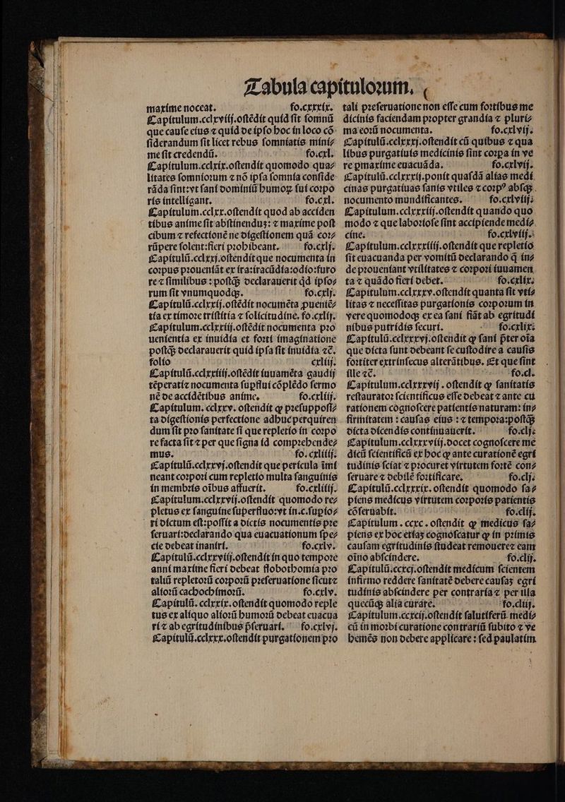 maxime noceat. | fo. cxxxix. Ca pitulum. ccl xvilj. oſtẽdit quid ſit ſomnũ ſiderandum ſit lícet rebus f omniatis mini⸗ Capitulum.cclxix.oſtendit quomodo qua⸗ ráda ſint:vt fant dominiũ humoꝝ fuí coꝛpo ris intelligant. fo.cxl. Capitulum.cclxx.oſtendit quod ab acciden cibum ⁊ refectionẽ ne digeſtionem quã coꝛ⸗ rũpere ſolent:fieri pꝛohibeant. fo. cxlj. Capitulũ.cclxxj.oſtendit que nocumenta in coꝛpus pꝛouentãt ex ira:iracũdia:odio:furo re ⁊ ſimilibus: poſtq; declarauerit qͥd ípfoz rum fit vnumquodq;. fo. cxlj. Capitulũ.celxxij.oſtẽdit nocumẽta ꝓueniẽ⸗ tía ex timoꝛe triſtitia ⁊ ſolicitudine. fo. cxlij. Capſtulum.cclxxiij.oſtẽdit nocumenta pꝛo uenientia ex inuidia et foꝛti imaginatione poſtq; declarauerit quid ip ſa fit inuidia zc. folio cxliij. Capitulũ.cclxxiiij.oſtẽdit iuuamèta gaudij tẽperati⁊ nocumenta ſuꝑflui cõplẽdo fermo nẽ de accidẽtibus anime. fo.cxliij. Capitulum. cclxxv. oſtendit ꝙ pꝛeſuppoſi⸗ ta digeſtionis perfectione adhuc perquiren dum ſit pꝛo ſanitate ſi que repletio in coꝛpo re facta ſit ⁊ per que ſigna (d compꝛehende⸗ mus. fo. cxliiij. Capitulũ.cclxxvj.oſtendit que perícula ĩmi neant coꝛpoꝛi cum repletio multa ſanguinis in membꝛis oĩbus affuerit. fo.cxliiij. Capitulum.cclxxvij.oſtendit quomodo rez pletus ex ſanguine ſuperfſuo: vt ín.c.f uꝑio⸗ ſeruari:declarando qua euacuationum ſpe⸗ cie debeat inaniri. fo. cxlv. Capitulũ.celxxviij.oſtendit in quo tempoꝛe anni maxime fieri debeat flobothomia pꝛo taliũ repletoꝛũ coꝛpoꝛũ pꝛeſeruatione ſicut⁊ alioꝛũ cachochimoꝛũ. fo. cxlv. Capitulũ. celxxix.oſtendit quomodo reple tus ex aliquo alioꝛũ humoꝛũ debeat euacua ri ⁊ ab egritudinibus pᷣſeruari. fo. cxlvj. Capitulũ.cclxxx.oſtendit purgationem pꝛo tali pꝛeſeruatione non effe cum foꝛtibus me dicinis faciendam pꝛopter grandia ⁊ pluri⸗ ma eoꝛũ nocumenta. fo. cxlvij. Capitulũ.celxxxj.oſtendit cũ quibus ⁊ qua libus purgatiuis medicinis ſint coꝛꝑa in ve re ꝑmaxime euacuãda. fo.cxlvij. Capitulũ. cclxxxii. ponit quaſdã alias medi cinas purgatiuas ſanis vtiles ⁊ coꝛpꝰ abſq; nocumento mundíficantee. fo. cxlviij. Capitulum.cclxxxiij.oſtendit quando quo modo ⁊ que laboꝛioſe ſint accipiende medi⸗ cine. fo. cxlviij. Capitulum.cclxxxiiij.oſtendit que repletio ſit euacuanda per vomitũ declarando q̃ in⸗ de pꝛoueniant vtilitates ⁊ coꝛpoꝛi iuuamen ta ⁊ quãdo fieri debet. fo. cxlix. Capitulum.cclxxxv.oſtendit quanta fit vti⸗ litas ⁊ neceſſitas purgationis coꝛpoꝛum in vere quomodoq; ex ea ſani fiãt ab egritudi nibus putridis ſecuri. fo. cxlix. Capitulũ.cclxxxvj.oſtendit q» ſani pᷣter oĩa que dicta funt debeant fe cuſtodire a cauſis foꝛtiter extrinſecus alterãtibus. Et que ſi ſint ille ⁊c. ffolcl. Capitulum.cclxxxvij. oſtendit q fanítatís reſtauratoꝛ ſcientificus eſſe debeat ⁊ ante cu rationem cognoſcere patientis naturam: in⸗ firmitatem: cauſas eius: c tempoꝛa:poſtq; dicta dicendis continuauerit. fo. clj. Capitulum.cclxxxviij.docet cognoſcere me dicũ ſcientificũ ex hoc ꝙ ante curationẽ egri tudinis ſciat ⁊ pꝛocuret virtutem foꝛtẽ con⸗ ſeruare ⁊ debilẽ foꝛtificare. fo.clj. Capitulũ. cclxxxix.oſtendit quomodo ſa⸗ píene medicus virtutem coꝛpoꝛis patientis cõſeruabit. N fo.clij. Capitulum. ccxc. oftendít q medicus ſa⸗ piens ex hoc etiaʒ cognoſcatur ꝙ in pꝛimis cauſam egritudinis ſtudeat remouere⁊ eam oĩno abſcindere. fo. clij. Capitulũ.ccxcj.oſtendit medicum ſcientem infirmo reddere ſanitatẽ oebere caufas egri tudinis abſcindere per contraria ⁊ per ila. quecũq; alia curare. To. cliij. Capitulum. cexcij.oſtendit ſalutiferũ medi⸗ cii in moꝛbi curatione contrariũ ſubito c ve hemẽs non debere applicare: ſed paulatim