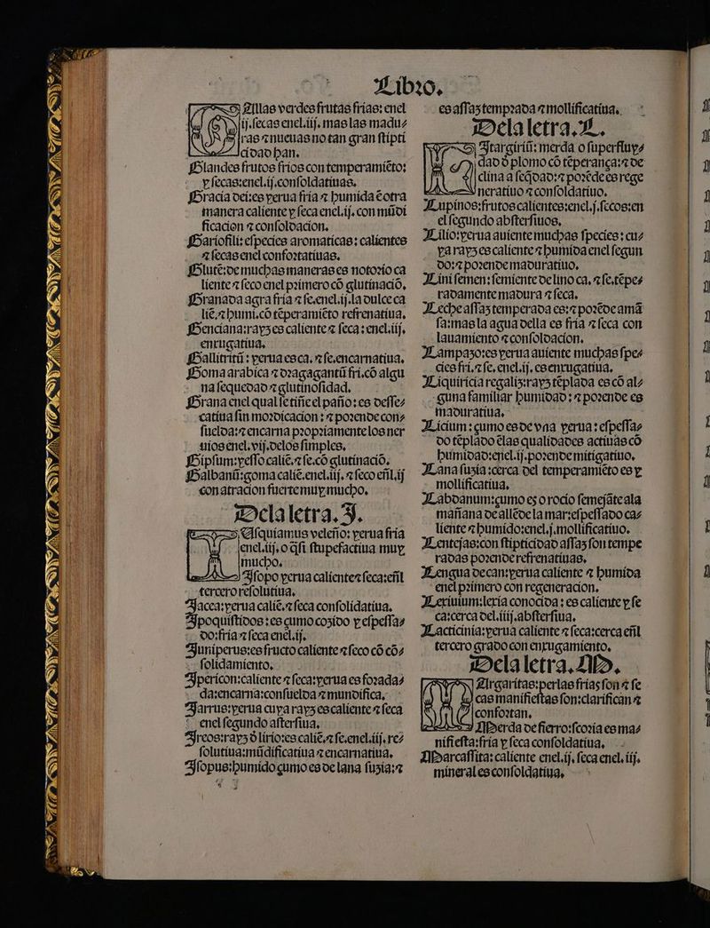 DIVA ESTER e (MR IN o ECPGIEÉDNVINES A j 7 DU AN S IN TOSCA ES Zllas verdes frutas frías: enel if.lecas enel. iij, maslas madus rasnueuasnotan gran ftipri Plandes frutos frios contemperamíeto; - pfecas:enel.ij.confoldatinas. Pracía deí:es perua fría 7 bumida £otra manera caliente p feca enel. ij, con múnl ficación rconfoloacion, Haríofili: elpecies aromaticas: calientes . *rfecasenelconfortativas., Plute;ve muchas manerases notozío ca líente zfeco enel paímeroco glutinació, Pranadaagra fría a fe.enel.ij.la oulceca lí2.7humi.có teperamitto refrenatíva, Bencíana:rap3es caliente feca;eneliíj, entugativa, | PBallitritú : pena esca. 7 fe.encarnativa, Bomaarabica z0r9gagantú fri.có algu - nafequedadglutinofidad. Brana enel qual fetiñeel paño: es defles catíva fin mozdicacion ; 7pozende con: fuelda: encarna pr0pzíamentelos ner Bipiim:peflo calié.afe.có glutinació. Balbanú:goma calíe.enel.tij. zfeco eri; xd so Delaletra. 3, XA “Alquíamus veleño: perua fría O mucho, Aa) lopo perva calienter feca:eñl acca:perua cali. feca confolidativa, Ipoquíftidos :es cumocozívo y epelfas Juniperus:esfructo caliente zfeco có cós .folidamiento, .. dasencarna:confueloa 2 munoifica.. * 3Harrus:perua cuya rap3 escaliente a feca 3reos:rap50 lirio:es calié.afe.eneliij, rez folutiva:múdificativa zencarnativa, víosenel. vif.velos fimples, conatracion fuertemup mucho, enel ii, o GÍt fupefactiva muy, tercero relolutiva. do:fría»feca enel.íf, jpericon:calientesrfecasperna esforadas enel fegundo afterfiva, % esaffastemprada a mollificativas. Delaletra.L, 079) Jrargirió: merda o fuperfiuys dao plomo có téperanga: de el clina a leDad;r portdeesrege nerativo zconfoldatito. J_mpinos: frutos calientes:enelj.[ecos:en elfegundo abiterfivos, J_¡lio:perua avíentemuchas fpecies; cts varapsescalíente pumida enel legun - -D0:7 pOzende maduratito, J_ini femen: femíente delino ca, ale. tépes radamente madura rÍeca. Jecheaflastemperada es: 2 portoeamá la:masla agua della es fría zÍeca con lauamiento zconfoloacion. JLampaso:es perna avíente muchas fpes cies fri,7 fe, enel. ij. esentugativa. JHiquiricia regalis:rap3teplada escó als -guna familiar pumida0 ; pozende es -maourativa, L_icium:gumoesde vna perva: elpellas -Dot£plado elas qualidades activascó bumidad:enel. ij. porendemíitigativo. Lana fisía :cerca del temperamiéto es y - mollíficativa. ZL_aboanum:cumo es orocío femejáteala mañana dealléve la mar:elpeflado cas líente zhumíido:enel,j.mollificativo. J_entejas:con ftipticidad alas fon tempe radas pozenderefrenativas. Lengua decan:perua caliente 7 bumida - enel p2ímero con regeneración. J_erivium:lería conocida ; es caliente p. fe ca:cerca del itij abfterfiva. ZL_acticinia:perva caliente e fecascerca eñil tercero grado con enfugamiento, Dela letra, 2, Zlrgaritas:perlas fríasfon «a fe 1) cas manifieftas fon:claríficanx (0 confoztan, do Mierda defierro: [coria es mas nifiefta:fría p feca confoldatíva, Dbarcaflita: calíente enel.íf, feca enel, fijo mineralesconfoldatíva,
