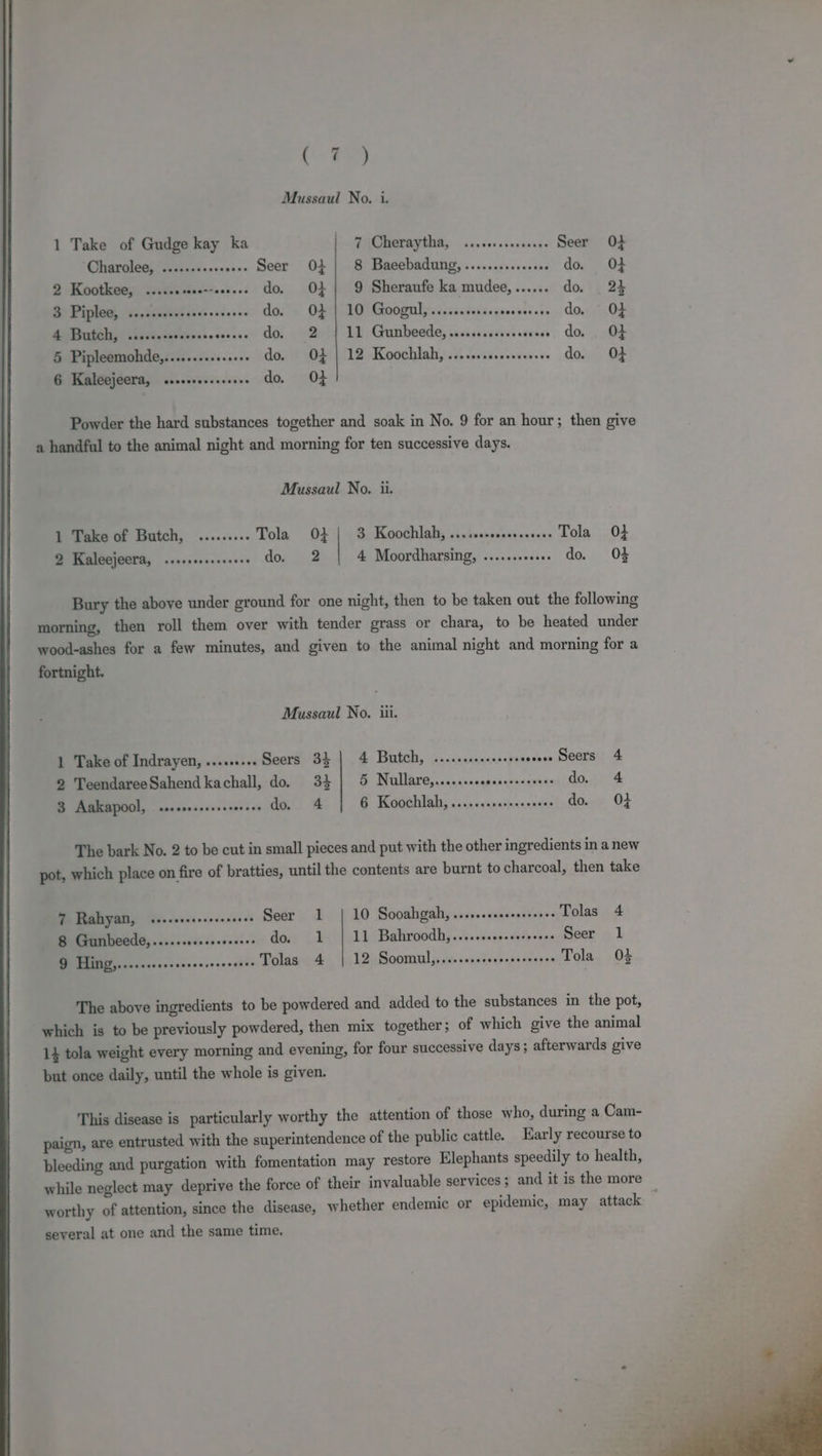 98) Mussaul No. i. 1 Take of Gudge kay ka 7 Cheraytha, ...ssoccesccceee Seer 0} ‘Charolee, ....+.+s0+ w+. Seer O01 | 8 Baeebadung, .........sesees do. Of 2 Kootkee, ......s00--s... do. Of} 9 Sheraufe ka mudee,...... do. _ 24 3 Piplee, .....seeeeeeeeeeeeees do. Of | 10 Googul,......ssseeccerese do. © OF A Butch, ..sccccovcccees erats ceo: &amp; OOida Lb: Gunbadde, scasczsieisrevcs dos, OF 5 Pipleemohde,........+ss00++ do. 02 | 12 Koochlah, .......eseseseeeee do. Of 6 Kaleejeera, sssereeeeseeee do, 0} Powder the hard substances together and soak in No. 9 for an hour; then give a handful to the animal night and morning for ten successive days. Mussaul No. ii. 1 Take of Butch, ......... Tola 04 | 3 Koochlah, ....s.s-000000.. Lola 0} 2 Kaleejeera, ....seseeeeee ap 0d Gee 4 Moordharsing, ......++000 do. 04 Bury the above under ground for one night, then to be taken out the following morning, then roll them over with tender grass or chara, to be heated under wood-ashes for a few minutes, and given to the animal night and morning for a fortnight. Mussaul No. iii. 1 Take of Indrayen, ......... Seers 34 | 4 Butch, «....+-.++00 sovese Seers | 4 2 TeendareeSahend kachall, do. 34] 5 Nullare,........ ahah eccnukts dos) 4 3 Aakapool, «+..s..ssesesereee do. 4 6 Koochlah, ......ssseeeseeees do... 0} The bark No. 2 to be cut in small pieces and put with the other ingredients in a new pot, which place on fire of bratties, until the contents are burnt to charcoal, then take 7 Rahyan, ...csseseeeeee we. Seer 1 | 10 Sooahgah,...... sesdeabinaee Tolas 4 8 Gunbeede,...... PG avastss do. 1. | 11 Bahroodh,.......cccecrseeee Seer 1 9 Hing,....... a Tolas 4 | 12 Soomul,......... si cht beegve Tola 03 The above ingredients to be powdered and added to the substances in the pot, which is to be previously powdered, then mix together; of which give the animal 1} tola weight every morning and evening, for four successive days; afterwards give but once daily, until the whole is given. This disease is particularly worthy the attention of those who, during a Cam- paign, are entrusted with the superintendence of the public cattle. Early recourse to bleeding and purgation with fomentation may restore Elephants speedily to health, while neglect may deprive the force of their invaluable services; and it is the more worthy of attention, since the disease, whether endemic or epidemic, may attack — several at one and the same time,