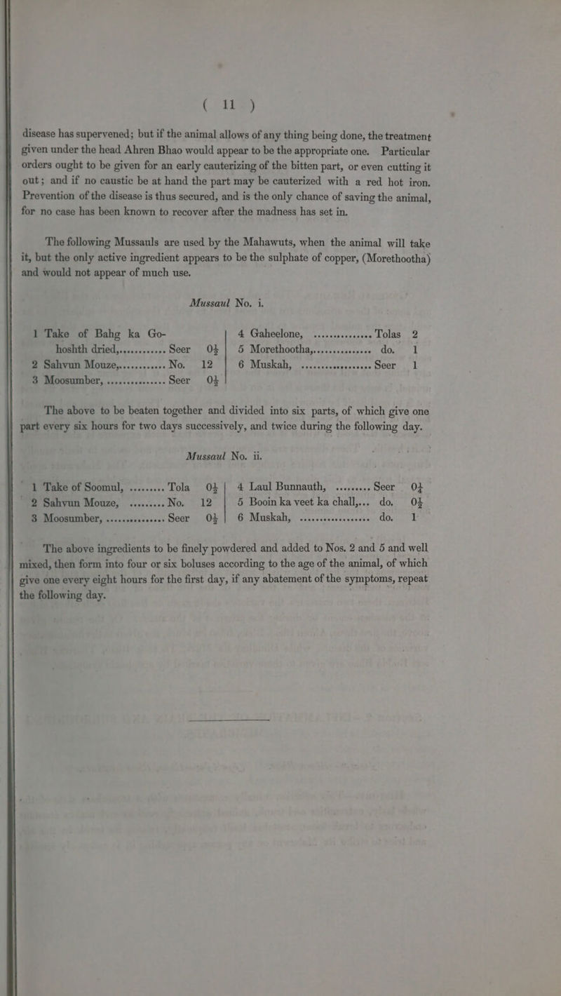 er. disease has supervened; but if the animal allows of any thing being done, the treatment given under the head Ahren Bhao would appear to be the appropriate one. Particular orders ought to be given for an early cauterizing of the bitten part, or even cutting it out; and if no caustic be at hand the part may be cauterized with a red hot iron. Prevention of the disease is thus secured, and is the only chance of saving the animal, for no case has been known to recover after the madness has set in. The following Mussauls are used by the Mahawuts, when the animal will take it, but the only active ingredient appears to be the sulphate of copper, (Morethootha) and would not appear of much use. Mussaul No. i. 1 Take of Bahg ka Go- 4 Gaboclone, ....cscsccreee Tolas 2 hoshth dried,.........++. Seer 03} 5 Morethootha,............+0 do 1 2 Sahvun Mouze,...........+ No. 12 6 Muskah, ........ aeauetiues TORRES .. L &amp; Moosumber, ..............; Seer 04 ___ The above to be beaten together and divided into six parts, of which give one part every six hours for two days successively, and twice during the following day. Mussaul No. ii. 1 Take of Soomul, ......... Tola O01 { 4 Laul Bunnauth, ......... Seer 0} ' 2 Sahvun Mouze, ......... cs Silage be 5 Booin ka veet ka chall,... do. 04 3 Moosumber, ..... Dicer eer Ok} O Muogkalty 1. .cccesesesev ih The above ingredients to be finely powdered and added to Nos. 2 and 5 and well mixed, then form into four or six boluses according to the age of the animal, of which give one every eight hours for the first day, if any abatement of the symptoms, repeat the following day.