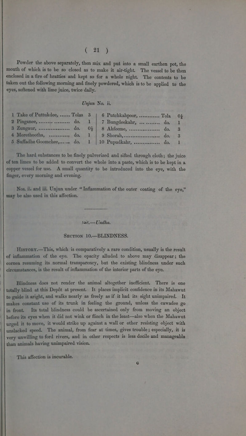 t = Powder the above separately, then mix and put into a small earthen pot, the mouth of which is to be so closed as to make it air-tight. The vessel to be then enclosed in a fire of bratties and kept so for a whole night. The contents to be taken out the following morning and finely powdered, which is to be applied to the eyes, softened with lime juice, twice daily. Unjun No. ii. 1 Take of Puttukdee, ...... Tolas 3 &amp;. Potchkabpoor,. &lt;tesiasem&lt;s Tola Of EIA, oo 5.a5he coccecses do. 4k 7 Bungdeekahr, ... ........ dosated 3 Zungaur, ..... ientenatsste gage ORS Ahfagma.” ...0iscccrefocscs« do. &amp; 4 Morethootha, ........... ie ate al 9 Shorah,..... Se Makahias das 08 do. 3 5 Suffadhe Goomchee,...... do. 1 | 10 Pupudkahr, ...... maatesphe do 1 The hard substances to be finely pulverized and sifted through cloth; the juice of ten limes to be added to convert the whole into a paste, which is to be kept in a copper vessel for use. A small quantity to be introduced into the eye, with the finger, every morning and evening. Nos, ii. and iii. Unjun under “ Inflammation of the outer coating of the eye,” may be also used in this affection. 131.— Undha. SEcTION 10.—BLINDNESS. History.—This, which is comparatively a rare condition, usually is the result of inflammation of the eye. The opacity alluded to above may disappear; the cornea resuming its normal transparency, but the existing blindness under such circumstances, is the result of inflammation of the interior parts of the eye. Blindness does not render the animal altogether inefficient. There is one totally blind at this Depot at present. It places implicit confidence in its Mahawut to guide it aright, and walks nearly as freely as if it had its sight unimpaired. It makes constant use of its trunk in feeling the ground, unless the cawadee go in front. Its total blindness could be ascertained only from moving an object before its eyes when it did not wink or flinch in the least—also when the Mahawut urged it to move, it would strike up against a wall or other resisting object with unslacked speed. The animal, from fear at times, gives trouble; especially, it is very unwilling to ford rivers, and in other respects is less docile and manageable than animals having unimpaired vision. This affection is incurable.