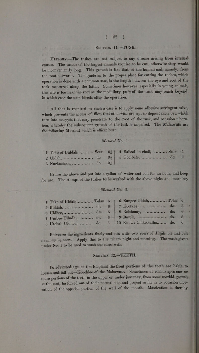 ’ Sectron 11.—TUSK. History.—The tushes are not subject to any: disease arising from internal causes. The tushes of the largest animals require to be cut, otherwise they would be inconveniently long. This growth is like that of the human nail, namely, from the root outwards. The guide as to the proper place for cutting the tushes, which operation is done with a common saw, is the length between the eye and root of the tusk measured along the latter. Sometimes however, especially in young animals, this site is too near the root as the medullary pulp of the tusk may reach beyond, in which case the tusk bleeds after the operation. All that is required in such a case is to apply some adhesive astringent salve, which prevents the access of flies, that otherwise are apt to deposit their ova which turn into maggots that may penetrate to the root of the tusk, and occasion ulcera- tion, whereby the subsequent growth of the tusk is impaired. The Mahawuts use the following Mussaul which is efficacious: , Mussaul No. i. 1 Take of Buldah, ......... Seer OL} 4 Babool ka chall, ......... Seer 1 2 Uldahy, iss seuees-saseossees «© do. 0% | 5 Goolkbale, .....sseseseeeeeee do. J} 3 Nurkachoor, ....+.+s+eseeee do. 0} Bruise the above and put into a gallon of water and boil for an hour, and keep for use. The stumps of the tushes to be washed with the above night and morning. Mussaul No. ii. 1 Take of Uldah,....... «... Tolas 6 | 6 Zangee Uldah, ...+......+6 Tolas 6 # Buldalt,......0. Mi diek. do. 6° bo # Kootkee, cers. cede cvveses o CO 1G 3 Uldhee,...-+. eerie. Sceoees do 6 8 Belalimay, ..+«..0..0. do 6 4 Umbee Ulludh, ........ te doe» Ce BD Batchy . 20. vvccvess ovete hn tle at SES? ONG 5 Utchah Uldhee, ......... do. 6 | 10 Kudwa Chikoondha,...... do... °6 Pulverize the ingredients finely and mix with two seers of Jinjili oil and boil: down to 14 seers. Apply this to the ulcers night and morning. The wash given under No. } to: be used to wash the sores’ with. Section 12:—TEETH. Ey advanced age of the Elephant the front portions of the teetl are Hable to loosen: and’ fall out—Koochlee of the Mahawuts. Sometimes at earlier ages one or more portions of the teeth in the upper or under jaw may, frony some morbid growth at the root, be forced out of their normal site, and project so far as to occasion ulce- ration of the opposite portion of the wall of the mouth. Mastication is. thereby