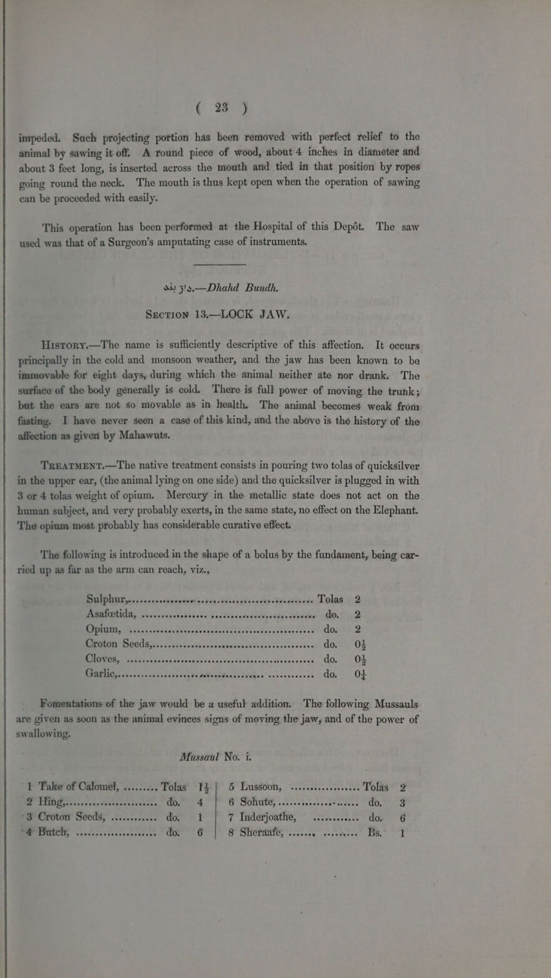 impeded. Such projecting portion has been removed with perfect relief to the animal by sawing it off. A round piece of wood, about 4 inches in diameter and about 3 feet long, is inserted across the mouth and tied in that position by ropes going round the neck. The mouth is thus kept open when the operation of sawing can be proceeded with easily. This operation has been performed at the Hospital of this Depot. The saw used was that of a Surgeon’s amputating case of instruments. ov 518.—Dhahd Bundh. Section 13.—LOCK JAW. History.—The name is sufficiently descriptive of this affection. It occurs principally in the cold and monsoon weather, and the jaw has been known to be immovable for eight days, during which the animal neither ate nor drank, The surface of the body generally is cold. There is full power of moving the trunk; but the ears are not so movable as in health, The animal becomes weak from fasting. I have never seen a case of this kind, and the above is the history of the affection as giver by Mahawuts. TReaTMENT.—The native treatment consists in pouring two tolas of quicksilver in the upper ear, (the animal lying on one side) and the quicksilver is plugged in with 3 or 4 tolas weight of opium. Mercury in the metallic state does not act on the human subject, and very probably exerts, in the same state, no effect on the Elephant. The opium most probably has considerable curative effect. The following is introduced in the shape of a bolus by the fundament, being car- ried up as far as the arm can reach, viz., a seveverce yeystioveeus cet pelbeogacecds Tolas 2 Asafcetida, ......0008 avinesas sdtexsarodedeeuninds deeded do. 2 DR cea cs ost dsl Gu dsane sb ctdves cudnasvadesnnse? doit: &gt;2 BREN OCU 5 oi co ntiih ncknnsacendebictsr'das vavevteuses do. O04 IMRT S len Sen ai dantinciacsinpGinonnavises cans sense do. O24 DINING oles dv ness us svensg i datvesfors sds Be i aneisecaseee do. O04 _ Fomentations of the jaw would be a useful addition. The following Mussauls are given as soon as the animal evinces signs of moying the jaw, and of the power of swallowing. Mussaul No. i. 1 Take of Calomel, ........ .Tolas 3I4| 5 Lussoon, ..... rtrd veee POLS” FZ SEED esns ics Aactasstcdvess ao. 4°? 6 Sofute,.....: Cetates Beene es ha ar *3 Croton Seeds, ............ do. 1 7 Tindevjouti, ia cess Coe OG MUUPEPMOETE, ‘.cccscvcccvscuscecers do. 6 Sr Serene, accse geese ee et