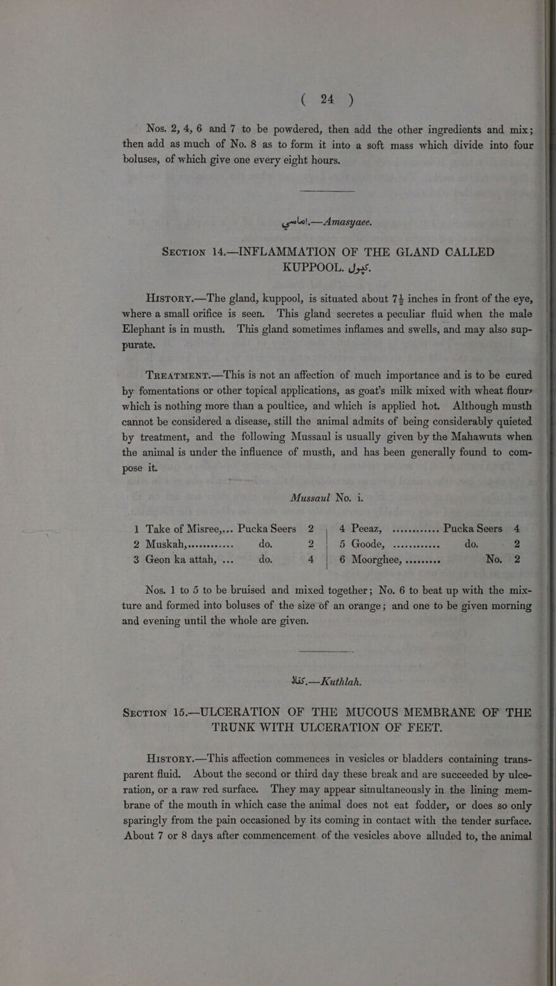 ' Nos. 2,4, 6 and 7 to be powdered, then add the other ingredients and mix; then add as much of No. 8 as to form it into a soft mass which divide into four boluses, of which give one every eight hours. sole! — Amasyaee. Section 14.—INFLAMMATION OF THE GLAND CALLED KUPPOOL. J». History.—The gland, kuppool, is situated about 74 inches in front of the eye, where a small orifice is seen. This gland secretes a peculiar fluid when the male Elephant is in musth. This gland sometimes inflames and swells, and may also sup- purate. TREATMENT.—This is not an affection of much importance and is to be cured by fomentations or other topical applications, as goat’s milk mixed with wheat flour» which is nothing more than a poultice, and which is applied hot. Although musth cannot be considered a disease, still the animal admits of being considerably quieted by treatment, and the following Mussaul is usually given by the Mahawuts when the animal is under the influence of musth, and has been generally found to com- pose it. Mussaul No. i. 1 Take of Misree,... PuckaSeers 2 4% Peeazs!) Savers Pucka Seers 4 2 Muskalijss.sercsuets do. 2 5 Goody. 5 siasecatee do. 2 3 Geon ka attah, ... do. 4 6 Moorghee, .....++0 No. 2 Nos. 1 to 5 to be bruised and mixed together; No. 6 to beat up with the mix- ture and formed into boluses of the size of an orange; and one to be given morning and evening until the whole are given. dks.— Kuthlah. Section 15.—ULCERATION OF THE MUCOUS MEMBRANE OF THE | TRUNK WITH ULCERATION OF FEET. Hisrory.—This affection commences in vesicles or bladders containing trans- parent fluid. About the second or third day these break and are succeeded by ulce- ration, or a raw red surface. ‘They may appear simultaneously in the ling mem- brane of the mouth in which case the animal does not eat fodder, or does so only sparingly from the pain occasioned by its coming in contact with the tender surface. About 7 or 8 days after commencement of the vesicles above alluded to, the animal