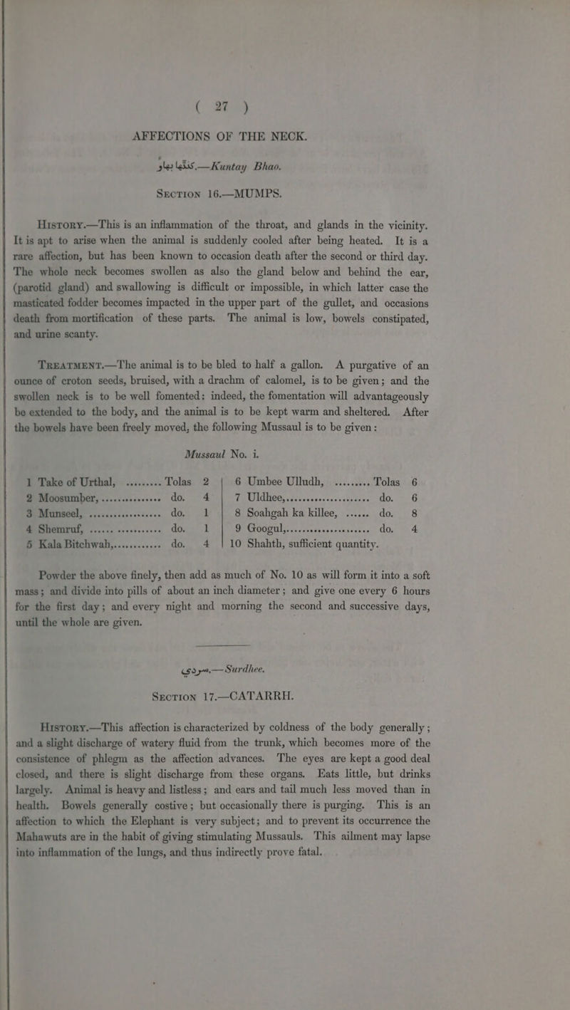 AFFECTIONS OF THE NECK. ple kis.—Kuntay Bhao. SEcTION 16.—MUMPS. History.—This is an inflammation of the throat, and glands in the vicinity. It is apt to arise when the animal is suddenly cooled after being heated. It is a rare affection, but has been known to occasion death after the second or third day. The whole neck becomes swollen as also the gland below and behind the ear, (parotid gland) and swallowing is difficult or impossible, in which latter case the masticated fodder becomes impacted in the upper part of the gullet, and occasions death from mortification of these parts. The animal is low, bowels constipated, and urine scanty. TREATMENT.—The animal is to be bled to half a gallon. <A purgative of an ounce of croton seeds, bruised, with a drachm of calomel, is to be given; and the swollen neck is to be well fomented: indeed, the fomentation will advantageously be extended to the body, and the animal is to be kept warm and sheltered. After the bowels have been freely moved, the following Mussaul is to be given: Mussaul No. i. 1 Take of Urthal, ......... Tolas 2 6 Umbee Ulludh, ......... Tolas 6 2 Moosumber, ...... aways “on LOG Ce ee as ee do. 6 SD Munseel, ........s.seseeeee ce | 8 Soahgah ka killee, ...... do. 8 0 er apes” ck 9 Googul,...... ainrenata tas do. 4 5 Kala Bitchwah.,............ do... 4 10 Shahth, sufficient quantity. Powder the above finely, then add as much of No. 10 as will form it into a soft mass; and divide into pills of about an inch diameter; and give one every 6 hours for the first day; and every night and morning the second and successive days, until the whole are given. (so9.— Surdhee. Section 17.—CATARRH. History.—This affection is characterized by coldness of the body generally ; and a slight discharge of watery fluid from the trunk, which becomes more of the consistence of phlegm as the affection advances. The eyes are kept a good deal closed, and there is slight discharge from these organs. Lats little, but drinks largely. Animal is heavy and listless; and ears and tail much less moved than in health. Bowels generally costive; but occasionally there is purging. This is an affection to which the Elephant is very subject; and to prevent its occurrence the Mahawuts are in the habit of giving stimulating Mussauls. This ailment may lapse into inflammation of the lungs, and thus indirectly prove fatal.