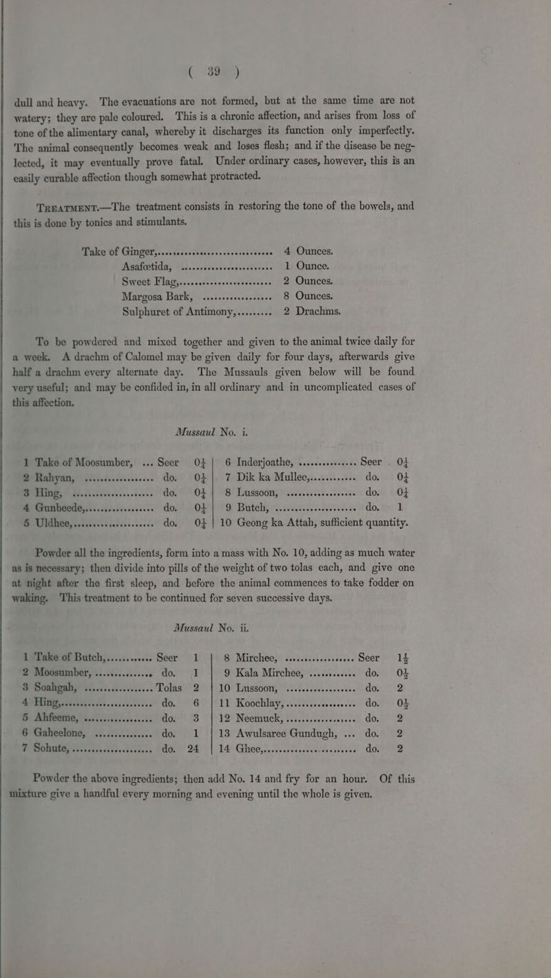 dull and heavy. The evacuations are not formed, but at the same time are not watery; they are pale coloured. This is a chronic affection, and arises from loss of tone of the alimentary canal, whereby it discharges its function only imperfectly. The animal consequently becomes weak and loses flesh; and if the disease be neg- lected, it may eventually prove fatal. Under ordinary cases, however, this is an easily curable affection though somewhat protracted. TREATMENT.—The treatment consists in restoring the tone of the bowels, and this is done by tonics and stimulants. Dake Of Ginger: ic iosccateisssscosccsenvens - 4 Ounces. Asatostida; Yiis.cctivs'ses Sia ines 1 Ounce. Sweet Flag,....ccscccserscsseeneeee 2 Ounces. Margosa Bark, ....sssssseeseseee 8 Ounces. Sulphuret of Antimony,......... 2 Drachms. To be powdered and mixed together and given to the animal twice daily for a week. A drachm of Calomel may be given daily for four days, afterwards give half a drachm every alternate day. The Mussauls given below will be found very useful; and may be confided in, in all ordinary and in uncomplicated cases of this affection. Mussaul No. i. 1 Take of Moosumber, ... Seer 03 6 Inderjoathe, ....... eet a: Seer . 01 2 Rahyan, ...sccscescssvseee do. O}] 7 Dik ka Mullee,............ do. O+ MPMATMSY Biv scvicscceass da: 104 1 28? Dassodny sae seseee. iieeas do. O24 4 Gunbeede,...........+. Peete OL! SOP HD Bahale ia. Wactiicsedacetele ts do. 1 BS NANG, ccciee see seccesceeeee do. 03] 10 Geong ka Attah, sufficient quantity. Powder all the ingredients, form into a mass with No. 10, adding as much water as is necessary; then divide into pills of the weight of two tolas each, and give one at night after the first sleep, and before the animal commences to take fodder on waking. This treatment to be continued for seven successive days. Mussaul No. ii 1 Take of Butch,...... versus DOCY” © @) Mirchees2.0t.i aes? w.. Seer 1d 2 Moosumber, ...........006 edo! At 9 Kala Mirchee, ............ do. O48 ROM aussie. csecse Jif Tae! em BS os Aas ead Ce do. 2 SRE AAS. ceiseesesee oO. SEY Kosthhiy? 22008. Geekeod x UGE OF i Me aS ive. doy’ ‘3 19 Neamiteky fie.ss.svsccse OTR dé.g: 328 6 Gaheelone, .............4 do. 1 | 13 Awulsaree Gundugh, ... do. 2 7 Bolmte, eo. ..00 tectonics eee eet) DAs et severdeabeecse dat rs Powder the above ingredients; then add No. 14 and fry for an hour. Of this mixture give a handful every morning and evening until the whole is given.