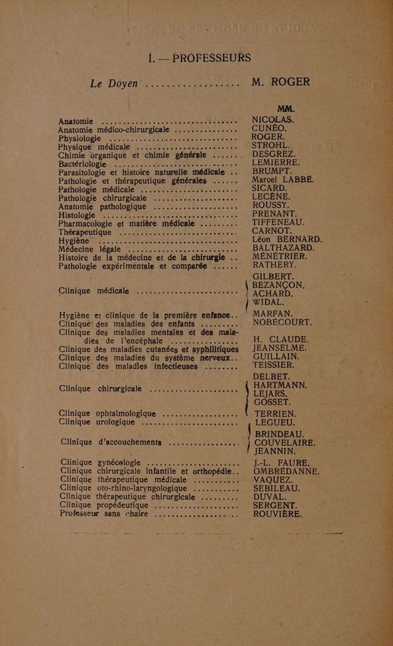 Le Doyen 4. ta EG) Re M. ROGER ee: MM. ‘4 Anatomie... Hesse nsettetes +) “sos. NICOLAS. “ Anatomie médico-chirurgicale ............... CUNÉO, FS Physiologie ...........:.:.......s0 ..... ROGER. #s Physique médicale .........,....,... etes STROHL. D: Chimie organique et chimie générale here DESGREZ. SU: Bactériolüpie. :...:..... 4.4 itéaareenres en LEMIERRE. 2 CR Parasitologie et histoire naturelle médicale . BRUMPT. F0 Pathologie et thérapeutique générales Je Marcel LABBEÉ. 4 Pathologie médicale .....:.:.....,:... PTS MW VSICGARD 0 nn. Pathologie chirurgicale .......... rte LECÈNE. 4 Anatomie pathologique .................... ROUSSY. De Histologie 5: rt sm none Voies PRENANT. RE Pharmacologie et matière médicale ......... TIFFENEAU. a Thérapeutique ....................... Sieus s'GARNOT: 4 Hygiène 252,1 MATE .... Léon BERNARD. Médecine légale A ARS. nm BALTHAZARD. FE Histoire de la médecine et de la chirurgie .. MENÉTRIER. ee Pathologie Sxperimenine et comparée SPAS RATHERY. +420 GILBERT. A COR Clinique médicale :..................,.... . RATE = | WIDAL. LT RS Hygiène et clinique de la première enfance.. MARFAN. PET Me Cliniqué: des maladies des enfants .......... NOBÉCOURT. CARTE el Clinique des maladies mentales et des mala- RE dies de l’encéphale ................ H. CLAUDE. Res Æ: Clinique des maladies cutanées et syphilitiques JEANSELME. 5 Clinique des maladies du système nerveux. GUILLAINSES D SORT Clinique des maladies infectieuses ........ TEISSIER. 7 AT | DELBET Se : s | ARTMANN. CHnique chirurgicale 0 AM RCE RS LEJARS. GOSSET. à RO Clinique ophtalmologique .................. TERRIEN. LENCO Clinique urologique ................. RE LEGUEU. | RSR ee BRINDEAU. Clinique d’accouchements .............. +. :} COUVELAIRE: 7 JEANNIN. | ? Clinique gynécologie TS Sos Cr ne OU J.-L. FAURE, 4 Clinique chirurgicale infantile et orthopédie… OMBRÉDANNE. Clinique thérapeutique médicale ........ :.+ -VAQUEZ. Clinique oto-rhino-laryngologique ........... SEBILEAU. Clinique thérapeutique chirurgicale ......... DUVAL. Clinique propédeutique ......::.......,:2.. SERGENT. . Professeur sans chaire .:.......... ee ROUVIÈRE.