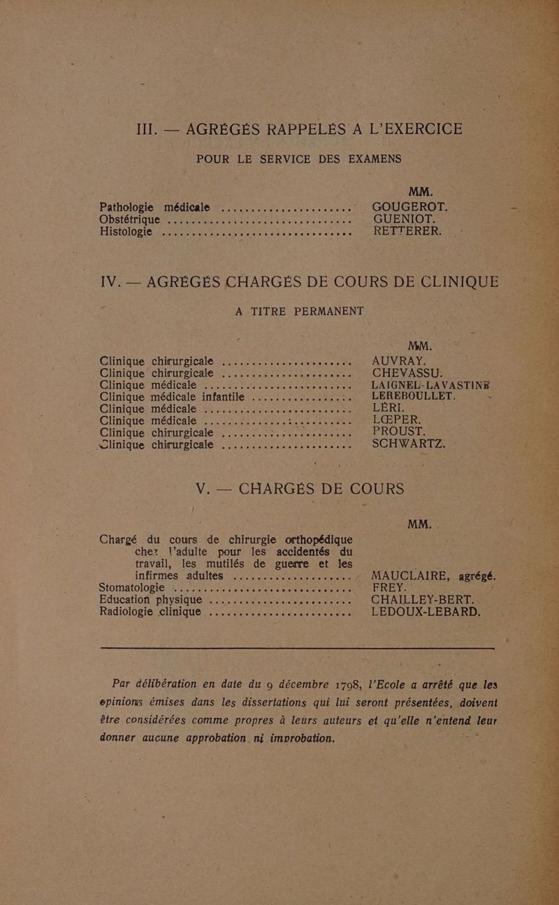 _IIL — AGRÉGÉS RAPPELÉS À L’EXERCICE. POUR LE SERVICE DES EXAMENS Pathologie médicale ....................., GOUGEROT. OPSÉTIO E e d pus ee GUENIOT. HISIOIDRE RE TS RU ET ete ven .... RETTERER. IV. — AGRÉGÉS CHARGÉS DE COURS DE CLINIQUE | - À TITRE PERMANENT | or +54 # MM. Ghnique «ChicutrriCRie AR TERRE ARE AUVRAY. Ghinique chirurgicale SNS AE RU RES CHEVASSU. _<e Clinique medicale >. 6 SON Re LAIGNEL-LAVASTINE /*. 08 Clinique médicale infantile’ ..:.....2,227 .. LEREBOULLET. “ AE: Clinique) médicale #4 MUR RSS NAT ES LERI. FÉES Clinique médicale ....... FRERE At SE te LŒPER. ge Chnique chirurgicale: 5. PO RE PROS iSlinique choirPitale Es Ne TR SCHWARTZ. V. — CHARGÉS DE COURS l Le Fe MM. . Chargé du cours de chirurgie orthopédique chez l’adulte pour les accidentés du travail, les mutilés de guerre et les Fée infirmes adiités 2 ASP EReRE ee : MAUCLAIRE, agrégé. StomatOlOpie ET ir Tor etes SES CEE RE T1 RES L Educatiof-physique” 52 OR Re CHAILLEY-BERT. Radiologie “clinique: Re OR LEDOUX-LEBARD. Par délibération en date du o décembre 1708, l’Ecole a arrêté que les épinions émises dans les dissertations qui lui seront présentées, doivent être considérées comme propres à leurs auteurs et qu'elle n v'entend leur donner aucune approbation. ni improbation. ;