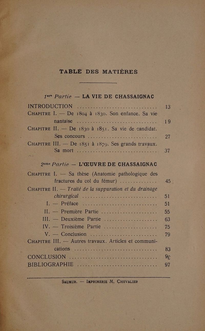 TABLÉ DES MATIÈRES : 1** Partie — LA VIE DE CHASSAIGNAC RAP RODUCRION RE in 13. | : CHAPITRE Ï. — De 1804 à 1830. Son enfance. Sa vie D it 19 CHAPITRE II. — De 1830 à 1851. Sa vie de candidat. | | ds OPÉRANT CONERRNRRR er ee 27 CHAPITRE III. — De 1851 à 1830. Ses grands travaux. RO nn ia nd te su éinenni 37 27e Partie — L'ŒUVRE DE CHASSAIGNAC CHAPITRE I. — Sa thèse (Anatomie pathologique des : | HERAC UC QU CO du fÉMUAR)E ESTEE Te 45. CHAPITRE II. — Traité de la suppuration et du drainage 5 Reese SN RS AS RER ne 51 be SPrétace er. Te d'A ee ae 51 HaPrenmere Partie = ct din. 5 39 55 FÉPÉ= Deuxième ParHen rer Ma ue, 63 INT rorsiemes Patti ce mire 45 VE OO neISOn ni in vi. 79 à CHAPITRE IT. — Autres travaux. Articles o communi- cations RE AE Ge EUR RE EE S 83 CONCLUSIONS ES SN ARR Re: RE EI BIBLIOGRAPHIE ............. PAR tri. 97 PR ie SAUMUR. — INPRIMERIE M. CHEVALIER