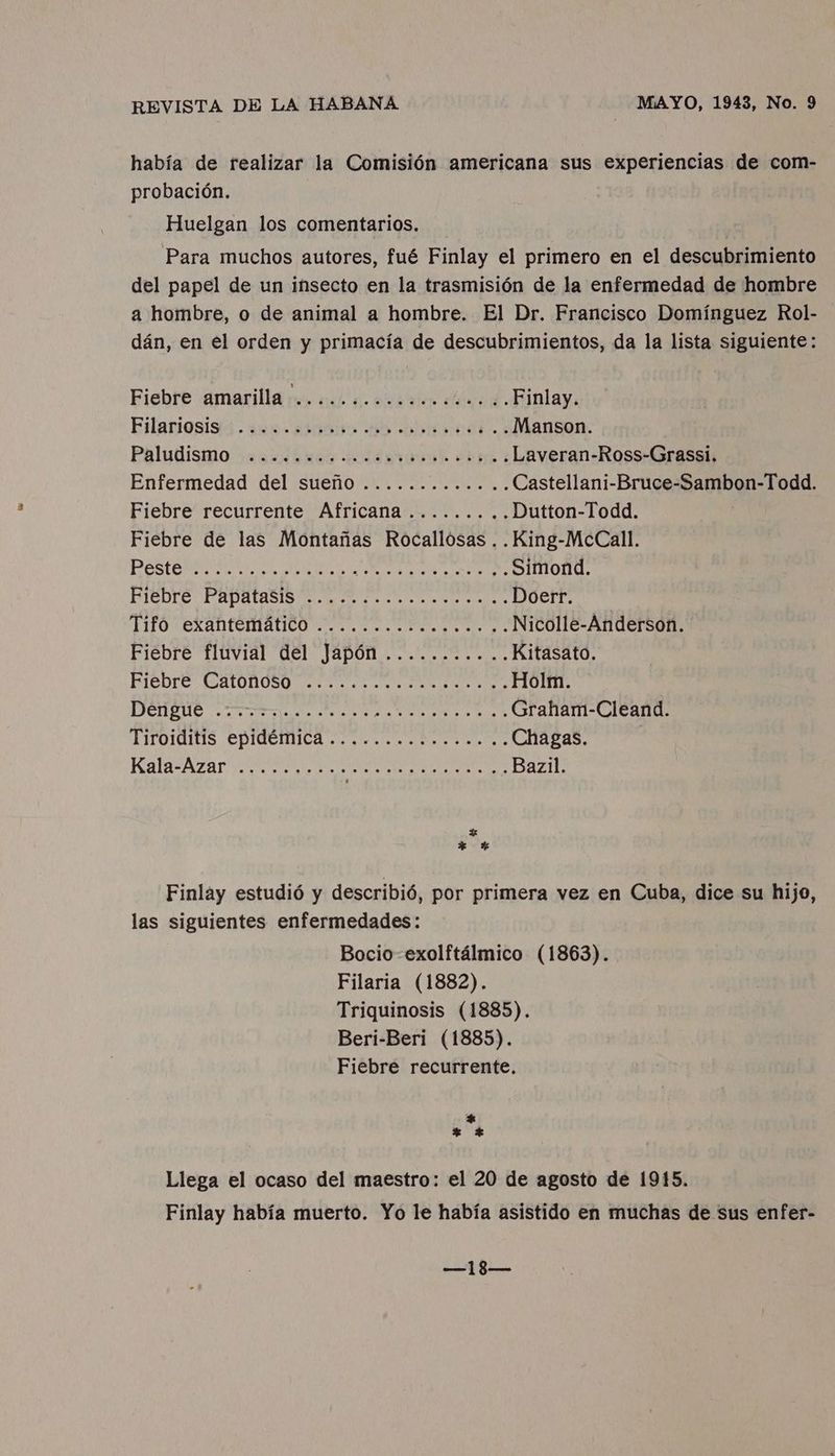 había de realizar la Comisión americana sus experiencias de com- probación. Huelgan los comentarios. Para muchos autores, fué Finlay el primero en el descubrimiento del papel de un insecto en la trasmisión de la enfermedad de hombre a hombre, o de animal a hombre. El Dr. Francisco Domínguez Rol- dán, en el orden y primacía de descubrimientos, da la lista siguiente: Fiebre amarilla rs 050 5 omar ed. Finlay FilariogiSis. unas o Re Manson Paludismo +23: 6r04 ddgronh «hera Laveran-Ross-Grassi. Enfermedad del sueño ............. Castellani-Bruce-Sambon-Todd. Fiebre recurrente Africana ......... Dutton-Todd. Fiebre de las Montañas Rocallósas ..King-McCall PESOS A E O AN Simond. DIED PRADA A aa o OR Doerr. TITO CBR 0TCImMAtICO a PR O Nicolle-Anderson. FIÉDTE TINVIAl del JAPO o. Kitasato. E A A Holm. DEAgUS rra o pa Ned Graham-Cleand. 'IITOLALOS PpIGCHICA cone a Chagas. KalasAzar e e rr Bazil. + + *% Finlay estudió y describió, por primera vez en Cuba, dice su hijo, las siguientes enfermedades: Bocio-exolftálmico (1863). Filaria (1882). Triquinosis (1885). Beri-Beri (1885). Fiebre recurrente. + * >; Llega el ocaso del maestro: el 20 de agosto de 1915. Finlay había muerto. Yo le había asistido en muchas de sus enfer- bLA