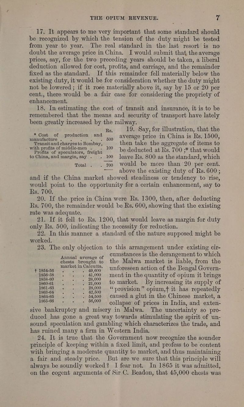 17. It appears to me very important that some standard should be recognized by which the tension of the duty might be tested from year to year. The real standard in the last resort is no doubt the average price in China. I would submit that, the average prices, say, for the two preceding years should be taken, a liberal deduction allowed for cost, profits, and carriage, and the remainder fixed as the standard. If this remainder fell materially below the existing duty, it would be for consideration whether the duty might not be lowered ; if it rose materially above it, say by 15 or 20 per cent., there would be a fair case for considering the propriety of enhancement. 18. In estimating the cost of transit and insurance, it is to be remembered that the means and security of transport have lately been greatly increased by the railway. Rs, 19. Say, for illustration, that the ape Clot. Of meproductiqn. | and. | averagerprice sin China is: Rs) 1500; Transit and charges to Bombay, then take the aggregate of items to with profits of middle-men . 100 Ke Profits of speculators, freight be deducted at Rs. 700 ;* that would to China, and margin, say . 100 leave Rs. 800 as the standard, which Total . . 700 Would be more than 20 per cent. —— above the existing duty of Rs. 600 ; and if the China market showed steadiness or tendency to rise, would point to the opportunity for a certain enhancement, say to Rs. 700. 20. If the price in China were Rs. 1300, then, after deducting Rs. 700, the remainder would be Rs. 600, showing that the existing rate was adequate. 21. If it fell to Rs. 1200, that would leave as margin for duty only Rs. 500, indicating the necessity for reduction. 22, In this manner a standard of the nature supposed might be worked. 23. The only objection to this arrangement under existing cir- Rae Ra 86 cumstances is the derangement to which chests brought to the Malwa market is liable, from the t1ssi56 CHM CalS'sa0° + unforeseen action of the Bengal Govern- 1856-58 . . . 41,000 ment in the quantity of opium it brings eid snk tas exboo to market. By increasing its supply of ieee, 6° Ct a’sog~=S provision” opium, it has repeatedly 1864-65 . . . 64500 caused.a glut in the Chinese market, a 1865-66 . . . 56,000 collapse of prices in India, and exten- sive bankruptcy and misery in Malwa. The uncertainty so pro- duced has gone a great way towards stimulating the spirit of un- sound speculation and gambling which characterizes the trade, and has ruined many a firm in Western India. - 24. It is true that the Government now recognize the sounder principle of keeping within a fixed limit, and profess to be content with bringing a moderate quantity to market, and thus maintaining a fair and steady price. But are we sure that this principle will always be soundly worked? I fear not. In 1865 it was admitted, on the cogent arguments of Sir C. Beadon, that 45,000 chests was