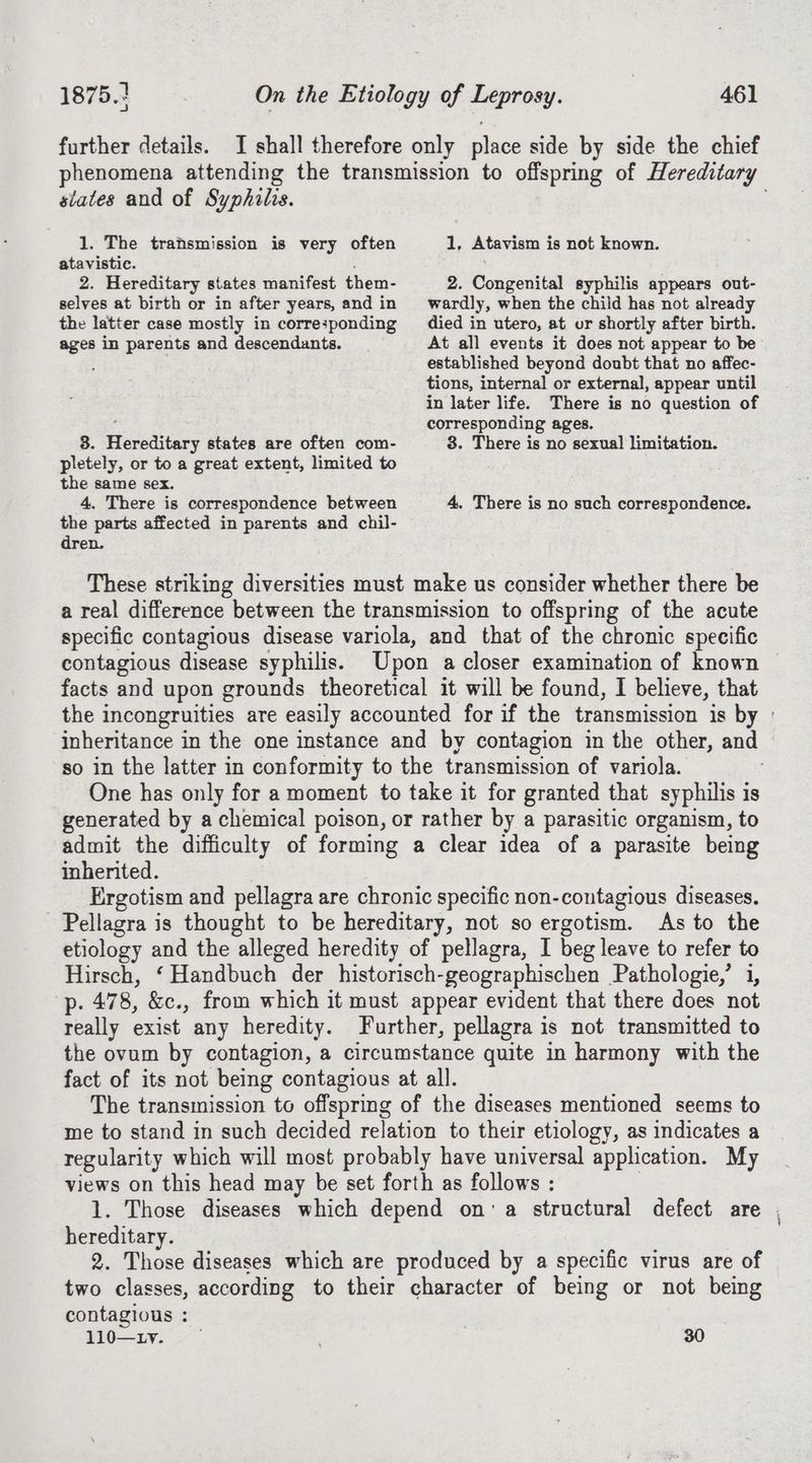 1875.1 461 states and of Syphilis. 1. The transmission is very often atavistic. . 2. Hereditary states manifest them- selves at birth or in after years, and in 1, Atavism is not known. 2. Congenital syphilis appears out- wardly, when the child has not already the latter case mostly in corresponding died in utero, at or shortly after birth. ages in parents and descendants. At all events it does not appear to be established beyond doubt that no affec- tions, internal or external, appear until in later life. There is no question of corresponding ages. 8. Hereditary states are often com- 3. There is no sexual limitation. pletely, or to a great extent, limited to the same sex. 4. There is correspondence between the parts affected in parents and chil- dren. 4. There is no such correspondence. These striking diversities must make us consider whether there be a real difference between the transmission to offspring of the acute specific contagious disease variola, and that of the chronic specific contagious disease syphilis. Upon a closer examination of known facts and upon grounds theoretical it will be found, I believe, that the incongruities are easily accounted for if the transmission is by ° inheritance in the one instance and by contagion in the other, and so in the latter in conformity to the transmission of variola. One has only for a moment to take it for granted that syphilis is generated by a chemical poison, or rather by a parasitic organism, to admit the difficulty of forming a clear idea of a parasite being inherited. Ergotism and pellagra are chronic specific non-contagious diseases. Pellagra is thought to be hereditary, not so ergotism. As to the etiology and the alleged heredity of pellagra, I beg leave to refer to Hirsch, ‘Handbuch der historisch-geographischen Pathologie,’ 1, p. 478, &c., from which it must appear evident that there does not really exist any heredity. Further, pellagra is not transmitted to the ovum by contagion, a circumstance quite in harmony with the fact of its not being contagious at all. The transmission to offspring of the diseases mentioned seems to me to stand in such decided relation to their etiology, as indicates a regularity which will most probably have universal application. My views on this head may be set forth as follows : | 1. Those diseases which depend on’ a structural defect are | hereditary. 2. Those diseases which are produced by a specific virus are of two classes, according to their character of being or not being contagious : 410—LY, 30