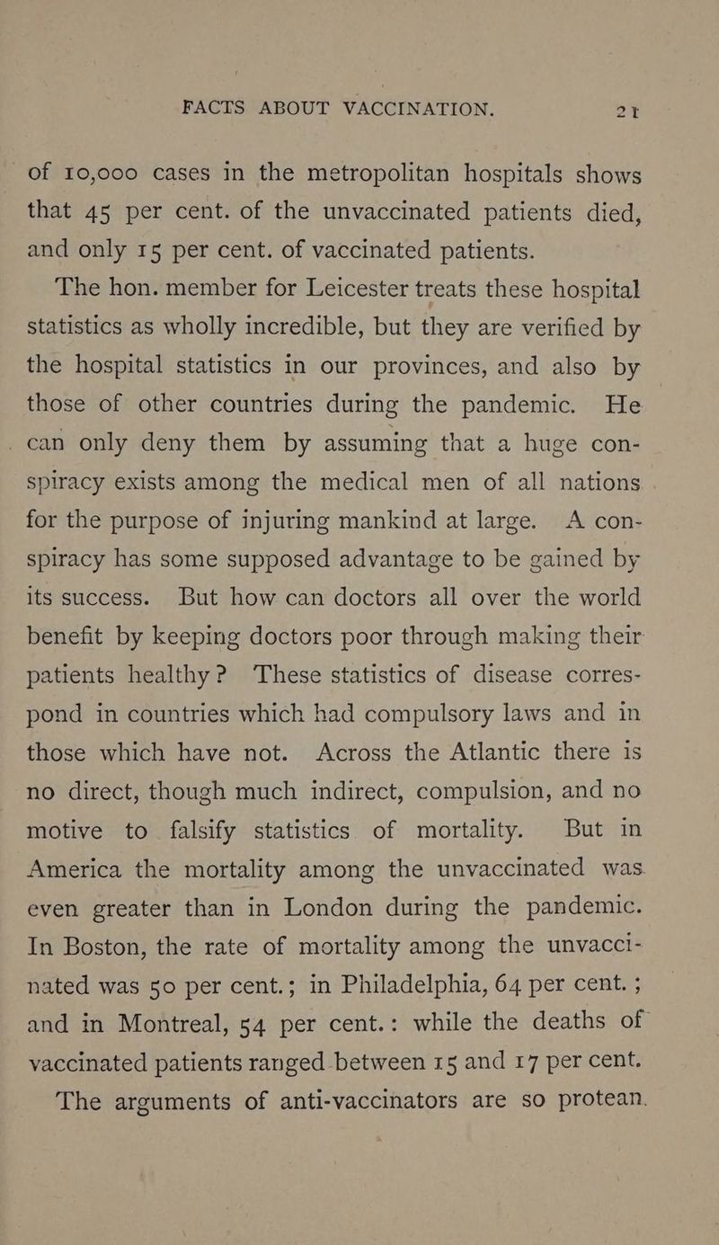 of 10,000 cases in the metropolitan hospitals shows that 45 per cent. of the unvaccinated patients died, and only 15 per cent. of vaccinated patients. The hon. member for Leicester treats these hospital statistics as wholly incredible, but they are verified by the hospital statistics in our provinces, and also by those of other countries during the pandemic. He | _can only deny them by assuming that a huge con- spiracy exists among the medical men of all nations for the purpose of injuring mankind at large. A con- spiracy has some supposed advantage to be gained by its success. But how can doctors all over the world benefit by keeping doctors poor through making their patients healthy? These statistics of disease corres- pond in countries which had compulsory laws and in those which have not. Across the Atlantic there is no direct, though much indirect, compulsion, and no motive to falsify statistics of mortality. But in America the mortality among the unvaccinated was. even greater than in London during the pandemic. In Boston, the rate of mortality among the unvaccti- nated was 50 per cent.; in Philadelphia, 64 per cent. ; and in Montreal, 54 per cent.: while the deaths of vaccinated patients ranged between 15 and 17 per cent. The arguments of anti-vaccinators are so protean.
