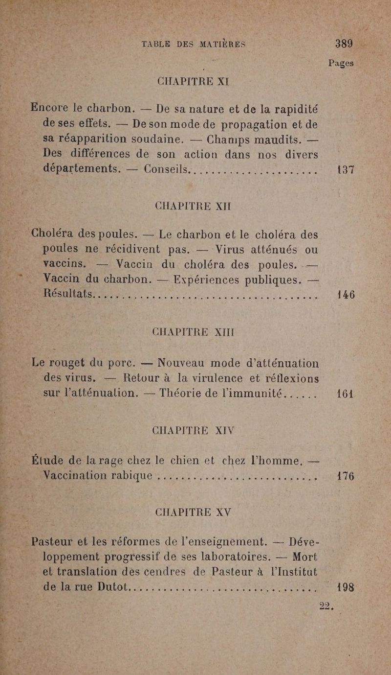 CHAPITRE XI Encore le charbon. — De sa nature et de la rapidité ëx de ses effets. — De son mode de propagation et de sa réapparition soudaine. — Champs maudits. — Des différences de son action dans nos divers départements. — Conseils Gina à parcs hole, on sus ee d'eis e 6 1e . . CHAPITRE XII -Choléra des poules. — Le charbon et le choléra des poules ne récidivent pas. — Virus atténués ou vaccins. — Vaccin du choléra des poules. — ” Vaccin du charbon. — Expériences publiques. — D RS RS SNA En Ex CHAPITRE XII 1 Le rouget du porc. — Nouveau mode d'atténuation des virus. — Retour à la virulence et réflexions sur l’atténualion. — Théorie de l’immunité...... CHAPITRE XIV … Étude de la rage chez le chien et chez l’homme, — D COmAHOR rabique ; ..,.:....., 1.7, È J CHAPITRE XV _ Pasteur et les réformes de l’enseignement. — Déve- loppement progressif de ses laboratoires. — Mort . et translation des cendres de Pasteur à l’Institut MO EME MIO, 2.4.4 0101. Etre 137 146 161 176