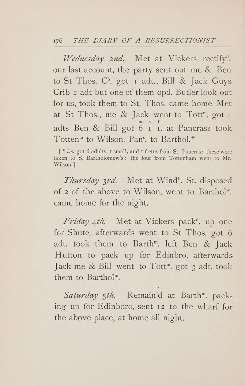 170 JHE DIARY AO fea ein ede OV ie Wednesday 2nd. Met at Vickers rectify*. our last account, the party sent out me & Ben to St Thos. C®. got 1 adt., Bill & Jack Guys Crib 2 adt but one of them opd. Butler look out for us, took them to St. Thos. came home Met at ot [ihos., metcs|acksvent to) lottz, cou evil = ff adts Ben & Bill got 6 1 1. at Pancrass took ‘Totten™ to Wilson, Pan**to Barthol= [*z.e. got 6 adults, I small, and I foetus from St. Pancras: these were taken to S. Bartholomew’s: the four from Tottenham went to Mr. Wilson. | . Thursday 3rd. Met at Wind. St. disposed of 2 of the above to Wilson, went to Barthol”. came home for the night. friday 4th. Met at Vickers pack”. up one for Shute, afterwards went to St Thos. got 6 adt. took them to Barth. left Ben & Jack Hutton to pack up for Edinbro, afterwards Jack me & Bill went to Tott™. got 3 adt. took them to Barthol™. Saturday 5th. Kemain’d at Barth™. pack- ing up for Edinboro, sent 12 to the wharf for