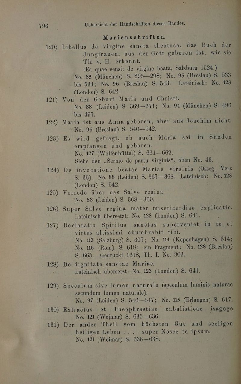 120) 121) 122) 123) 130) 131) Uebersicht der Handschriften dieses Bandes. Marienschriften. Jungfrauen, aus der Gott geboren ist, wie sie Th. v. H. erkennt. (Ea quae sensit de virgine beata, Salzburg 1524.) bis 534; No. 96 (Breslau) 8. 543. Lateinisch: No. 123 (London) 8. 642. Von der Geburt Mariä und Christi. No. 88 (Leiden) 8. 369—371; No. 94 (München) 8. 496 bis 497. Maria ist aus Anna geboren, aber aus Joachim nicht. “No. 96 (Breslau) S. 540-542. Br Es wird gefragt, ob auch Maria sei in Sünden empfangen und geboren. | Siehe den „Sermo de partu virginis“, oben No. 48. De invocatione beatae Mariae virginis (Össeg. Verz S. 36). No. 88 (Leiden) S. 367—368. Lateinisch: No. 123 (London) S. 642. Vorrede über das Salve regina. Super Salve regina mater misericordiae explicatio. Lateinisch übersetzt: No. 123 (London) S. 641. Declaratio Spiritus sanctus superveniet in te et virtus altissimi obumbrabit tibi. S, 665. Gedruckt 1618, Th. I. No. 303. De dignitate sanctae Mariae. Lateinisch HbEReeNGhE No. 123 (London) 8. 641. Speculum sive lumen A. (speculum luminis; ee. secundum lumen naturale). No. 97 (Leiden) S. 546—547; No. 115 (Erlangen) S. 617. Extractus et Theophrastiae cabalisticae isagoge No. 121 (Weimar) S. 635—636. Zu Der ander Theil vom höchsten Gut und seeligen heiligen Leben... . super Nosce te ipsum. No. 121 (Weimar) S. 636—638. AR u