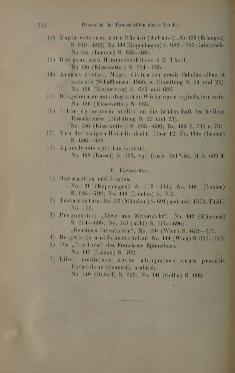 12) Mugin votorum, noun Bücher (Arbatel), No 132 (Erlangen) SB, 679-682; No, ne RBEREErReN) ©. 082-683; Inteinisch: No 134 (London) 8, 683-684, 14) Don gohsimen kan el rehllyıeli 2. Theil, No 146 (Kionowoktor) 8. 684-685; | Id) Aronnna divinn, Magin divinn sou praxis Cnbulao albae et naburnlin (Schaffhausen 1555, #. Binleitung 8. 24 und 25). | No, 136 (Kionowotter) 8: 685 und 686, Ib) Diegsheimen nntrologischon Wirkungen rogisSalomonis. | No, 146 (Kienowatter) 8, 685, I6) Kibor do noptom ntollin am die Brüderschaft des heiligen. Iononkrouzen (Winleitung 8: 22 und 28). No, 140 (Klorowotter) 8, 685- 680; > 165 8. 149 u, 71. I1) Von dor owigon Hoimliechkeit, Liber 12, No, 136a (Leiden) N, 080-088, | IH) Apoonlypain apiritun nooroti, No, 188 (Knaol) 8: 738, vol. Husor Fol.'-Kd, ILS. 669 M. V. Vermischtes, I) Onommmbion und Loxion, A | No, 4 (Kopenhagen) 8: 113-114; No. 148 (Leiden) S. 680-7025 No, 146 (london) 8. 702, No, IbM, W) 4) Prognontlom „Löwe mus Mitternacht“, No, 142 (München) N, 604-0065 No, 143 (mihi) 8. 695-696; „Hehoimen Inventarlum“, No. 130 (Wien) 8. 62-075, 4) Borgweorkn und Schatabicher, No, 144 (Wien) 8. 696 — 698. b) Die „Pandora“ des Nianeiseus N pimothous, No, 147 Choiden) 8. 702, N) Liber medioinno novao alchymicne iv prot ulit nraoolaua (Sonnert), nrabisch,