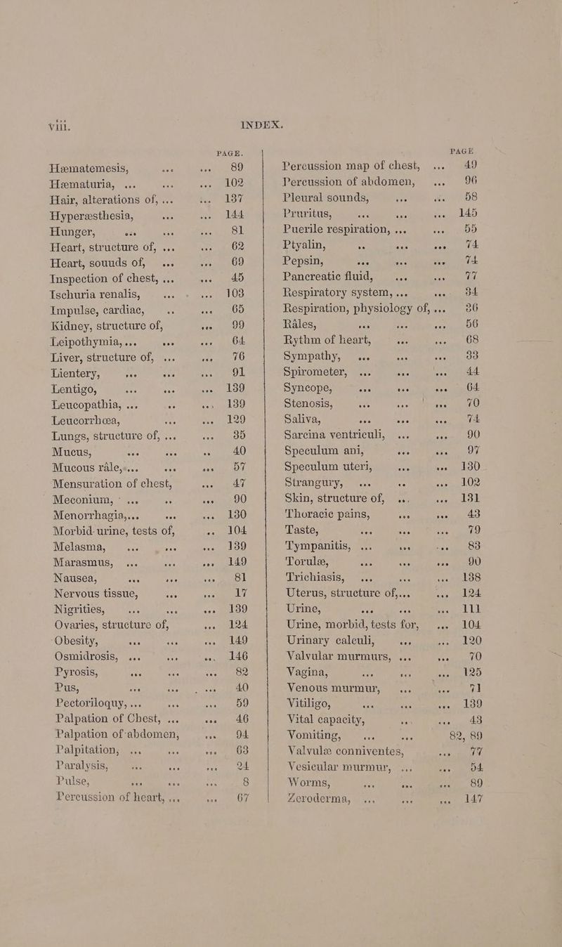 Vill. Hematemesis, Hematuria, ... : Hair, alterations of, ... Hyperesthesia, Hunger, ads ¥e Heart, structure of, ... Heart, souuds of, ... Inspection of chest, ... Tschuria renalis, Impulse, cardiac, Kidney, structure of, Leipothymia, ... cms Liver, structure of, Lientery, pie aaa Lentigo, as Sy Leucopathia, ... Leucorrhea, ‘i Lungs, structure of, ... Mucus, Ree Mucous rale,»... 48 Mensuration of chest, Meconium, « ... os Menorrhagia,... a4: Morbid- urine, tests of, Melasma, ... ee Marasmus, Nausea, ae as Nervous tissue, ive Nigrities, whe $i Ovaries, structure of, Obesity, nas Osmidrosis, ... we Pyrosis, ry Pus, ay Pectoriloquy, ... Palpation of Chest, ... Palpation of abdomen, Palpitation, Paralysis, Pulse, = rere Percussion of heart, ... INDEX. PAGE. PAGE 89 Percussion map of chest, AY 102 Percussion of abdomen, ... 96 137 Pleural sounds, ry 58 144 Pruritus, ar ue 145 81 Puerile respiration, ... ey a ast) 62 Ptyalin, “s wa 9 ees eS 69 Pepsin, wae Kes vie, (4 45 Pancreatic fluid, ae eo en, 103 Respiratory system, ... sas wpe 65 Respiration, physiology of,... 286 99 Rales, on ue 56 64. Rythm of heart, aad 68 76 Sympathy, .. 33 91 Spirometer, ... a. 44 139 Syncope, ees ae earl eaaitbee 139 Stenosis, vee coe Nass een 129 Saliva, ap ese feeg de 35 Sarcina ventriculi, ... seem O 40 Speculum ani, oa city Bey 57 Speculum uteri, ass we 130 AY Strangury, 102 90 Skin, structure of, ... Fee ER 130 Thoracic pains, aa see) ly at 104 Taste, aoe ae 79 139 Tympanitis, ... aes as 83 149 Torule, oa vee segue 81 Trichiasis, ... ea 138 17 Uterus, structure of,... »» 124 139 Urine, ses sae owt LE 124 Urine, morbid, tests for, ... 104 149 Urinary calculi, nae 120 146 Valvular murmurs, ... fae Aa, 82 Vagina, ; Ssneteo 40 Venous murmur, ... i 7] 59 Vitiligo, ES) 46 Vital capacity, ah aise eet D4. Vomiting, ... he 82, 89 63 Valvule conniventes, 17 24 Vesicular murmur, d4 8 Worms, se 89 67 Zeroderma, 147