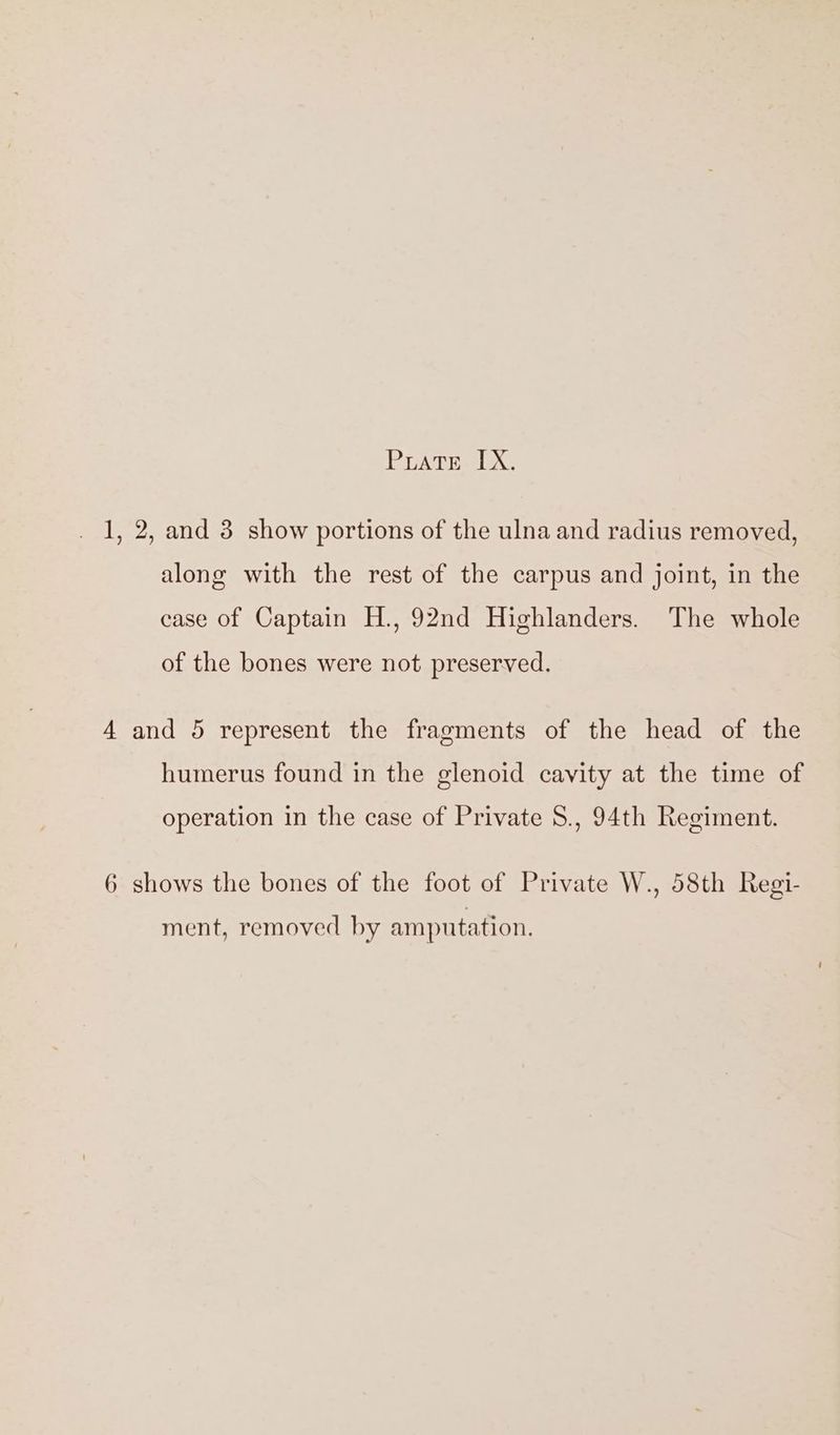 1, 2, and 3 show portions of the ulna and radius removed, along with the rest of the carpus and joint, in the case of Captain H., 92nd Highlanders. The whole of the bones were not preserved. 4 and 5 represent the fragments of the head of the humerus found in the glenoid cavity at the time of operation in the case of Private 8., 94th Regiment. 6 shows the bones of the foot of Private W., 58th Regi- ment, removed by amputation.