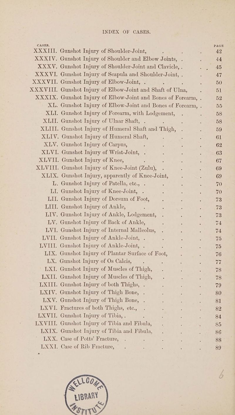 XXXITI. XXXIV. XXXYV. XXXVI. XXXVIIL XL. AGE GXIT. LXIII. LXIV. LXV. LXVI. LXVil; LX VIII. LXIX. rlaAN INDEX OF CASES. Gunshot Injury of Shoulder-Joint, Gunshot Injury of Shoulder and Elbow Joints, Gunshot Injury of Shoulder-Joint and Clavicle, . Gunshot Injury of Scapula and Shoulder-Joint, . Gunshot Injury of Elbow-Joint, Gunshot Injury of Elbow-Joint and Shaft of ai Gunshot Injury of Elbow-Joint and Bones of Forearm Gunshot Injury of Forearm, with Lodgement, Gunshot Injury of Ulnar Shaft, Gunshot Injury of Humeral Shaft and Thigh, Gunshot Injury of Humeral Shaft, Gunshot Injury of Carpus, Gunshot Injury of Wrist-Joint, Gunshot Injury of Knee, Gunshot Injury of Knee-Joint (Zulu), Gunshot Injury, apparently of Knee-Joint, Gunshot Injury of Muscles of Thigh, Gunshot Injury of Muscles of Thigh, Gunshot Injury of both Thighs, Gunshot Injury of Thigh Bone, Gunshot Injury of Thigh Bone, Fractures of both Thighs, etce., Gunshot Injury of Tibia, . Gunshot Injury of Tibia and Fibula, Gunshot Injury of Tibia and Fibula, Case of Potts’ Fracture,