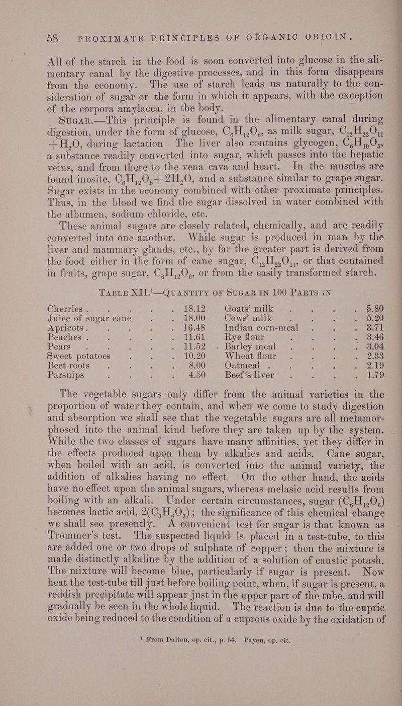 All of the starch in the food is soon converted into glucose in the ali- mentary canal by the digestive processes, and in this form disappears from the economy. The use of starch leads us naturally to the con- sideration of sugar or the form in which it appears, with the exception of the corpora amylacea, in the body. Sucar.—This principle is found in the alimentary canal during digestion, under the form of glucose, C,H,,0,, as milk sugar, C,,H,,0,, --H,O, during lactation The liver also contains glycogen, C,H,,0,, a substance readily converted into sugar, which passes into the hepatic veins, and from there to the vena cava and heart. In the muscles are found inosite, C,H,,O,+2H,0, and a substance similar to grape sugar. Sugar exists in the economy combined with other proximate principles. Thus, in the blood we find the sugar dissolved in water combined with the albumen, sodium chloride, ete. These animal sugars are closely related, chemically, and are readily converted into one another. While sugar is produced in man by the liver and mammary glands, etc., by far the greater part is derived from the food either in the form of cane sugar, C,,H,,0,,, or that contained in fruits, grape sugar, O,H,,0,, or from the easily transformed starch. TABLE XII.!—QUANTITY OF SUGAR IN 100 PARTS IN Cherries . : : i PLGLe Goats’ milk 5.80 Juice of sugar cane ; . 18.00 Cows’ milk 5.20 Apricots . “ : ; . 16.48 Indian corn-meal 3.71 Peaches . : ; eee cet Rye flour 3.46 Pears. ; ; : . 11.52 ~. Barley meal 3.04 Sweet potatoes : eb iKe Wheat flour 2.33 Beet roots. : : an UU) Oatmeal 2.19 Parsnips : : ; . 4.50 Beef’s liver Lio The vegetable sugars only differ from the animal varieties in the proportion of water they contain, and when we come to study digestion and absorption we shall see that the vegetable sugars are all metamor- phosed into the animal kind before they are taken up by the system. While the two classes of sugars have many affinities, yet they differ in the effects produced upon them by alkalies and acids. Cane sugar, when boiled with an acid, is converted into the animal variety, the addition of alkalies having no effect. On the other hand, the acids have no effect upon the animal sugars, whereas melasic acid results from boiling with an alkali. Under certain circumstances, sugar (C,H,,0,) becomes lactic acid, 2(C,H,O,); the significance of this chemical change we shall see presentiy. A convenient test for sugar is that known as Trommer’s test. ‘The suspected liquid is placed in a test-tube, to this are added one or two drops of sulphate of copper; then the mixture is made distinctly alkaline by the addition of a solution of caustic potash. ‘The mixture will become blue, particularly if sugar is present. Now heat the test-tube till just before boiling point, when, if sugar is present, a reddish precipitate will appear just in the upper part of the tube, and will gradually be seen in the whole liquid. The reaction is due to the cupric oxide being reduced to the condition of a cuprous oxide by the oxidation of 1 From Dalton, op. cit., p. 54. Payen, op. cit.