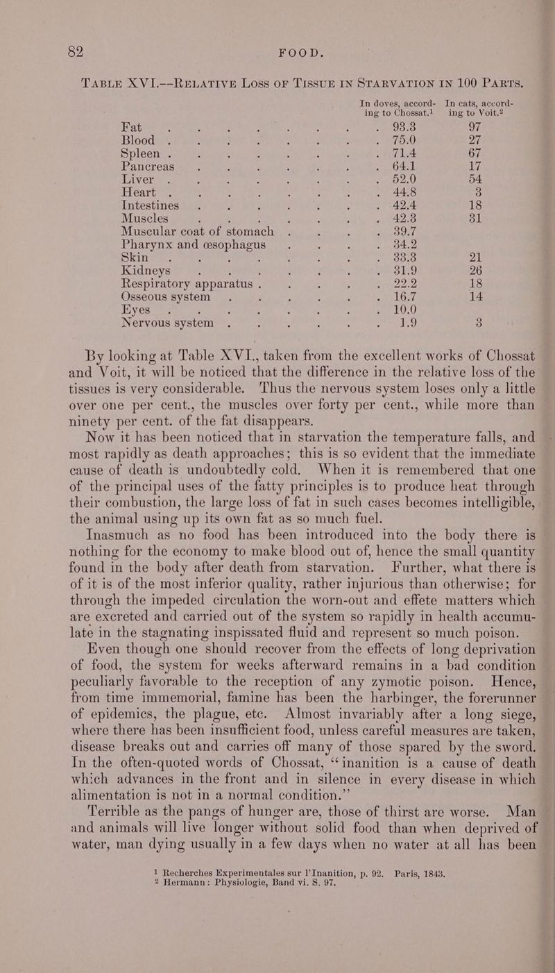 TABLE X VI.--RELATIVE Loss oF TISSUE IN STARVATION IN 100 PARTs. In doves, accord- In cats, accord- ing to Chossat.1 ing to Voit.? Fat 4 , : : . : : i bhi. 97 Blood . : } , : : : righ 27 Spleen . f : ; y ' PEL 67 Pancreas. . : : ; ‘ . 64.1 Ld Tver  : ; ‘ ; . RPA 54 Heart . ; : : ; : ; . 44.8 3 Intestines. 2 : i ‘ ; . 42.4 18 Muscles ; : . ‘ ~ 42.3 dl Muscular coat of stomach . i ; si cab ete: Pharynx and renee hs ; : : . 84.2 SEM t: ; 4 ; ; : re BOs 21 Kidneys : : : : SP ahe 26 Respiratory apparatus : ; ; ‘ eee Fe 18 Osseous system. ‘ ; 4 7 her Rob eh 14 yes — 3 ; 2 ; é ; : Aa tint Nervous system . ; : : : dain 3 By looking at Table XVI, taken from the excellent works of Chossat and Voit, it will be noticed that the difference in the relative loss of the tissues is very considerable. Thus the nervous system loses only a little over one per cent., the muscles over forty per cent., while more than ninety per cent. of the fat disappears. Now it has been noticed that in starvation the temperature falls, and most rapidly as death approaches; this is so evident that the immediate cause of death is undoubtedly cold. When it is remembered that one of the principal uses of the fatty principles is to produce heat through their combustion, the large loss of fat in such cases becomes intelligible, the animal using up its own fat as so much fuel. Inasmuch as no food has been introduced into the body there is nothing for the economy to make blood out of, hence the small quantity found in the body after death from starvation. Further, what there is of it is of the most inferior quality, rather injurious than otherwise; for through the impeded circulation the worn-out and effete matters which are excreted and carried out of the system so rapidly in health accumu- late in the stagnating inspissated fluid and represent so much poison. Even though one should recover from the effects of long deprivation of food, the ‘system for weeks afterward remains in a bad condition peculiarly favorable to the reception of any zymotic poison. Hence, from time immemorial, famine has been the harbinger, the forerunner of epidemics, the plague, etc. Almost invariably after a long siege, where there has been insufficient food, unless careful measures are taken, disease breaks out and carries off many of those spared by the sword. In the often-quoted words of Chossat, ‘‘inanition is a cause of death which advances in the front and in silence in every disease in which alimentation is not in a normal condition.”’ Terrible as the pangs of hunger are, those of thirst are worse. Man — and animals will live longer without solid food than when deprived of water, man dying usually in a few days when no water at all has been 1 Recherches Experimentales sur l’Inanition, p. 92. Paris, 1843. 2 Hermann: Physiologie, Band vi. S. 97.
