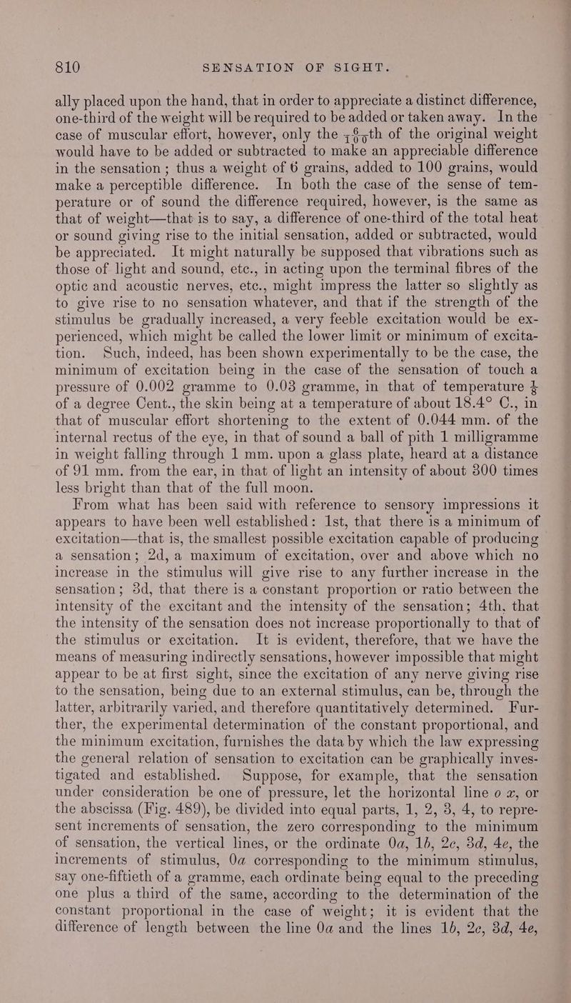 ally placed upon the hand, that in order to appreciate a distinct difference, one-third of the weight will be required to be added or taken away. In the case of muscular effort, however, only the ;$>th of the original weight would have to be added or subtracted to make an appreciable difference in the sensation ; thus a weight of 6 grains, added to 100 grains, would make a perceptible difference. In both the case of the sense of tem- perature or of sound the difference required, however, is the same as that of weight—that is to say, a difference of one-third of the total heat or sound giving rise to the initial sensation, added or subtracted, would be appreciated. It might naturally be supposed that vibrations such as those of light and sound, etc., in acting upon the terminal fibres of the optic and acoustic nerves, etc., might impress the latter so slightly as to give rise to no sensation whatever, and that if the strength of the stimulus be gradually increased, a very feeble excitation would be ex- perienced, which might be called the lower limit or minimum of excita- tion. Such, indeed, has been shown experimentally to be the case, the minimum of excitation being in the case of the sensation of touch a pressure of 0.002 gramme to 0.03 gramme, in that of temperature 4 of a degree Cent., the skin being at a temperature of about 18.4° C., in that of muscular effort shortening to the extent of 0.044 mm. of the internal rectus of the eye, in that of sound a ball of pith 1 milligramme in weight falling through 1 mm. upon a glass plate, heard at a distance of 91 mm. from the ear, in that of light an intensity of about 3800 times less bright than that of the full moon. From what has been said with reference to sensory impressions it appears to have been well established: Ist, that there is a minimum of excitation—that is, the smallest possible excitation capable of producing a sensation; 2d, a maximum of excitation, over and above which no increase in the stimulus will give rise to any further increase in the sensation; 3d, that there is a constant proportion or ratio between the intensity of the excitant and the intensity of the sensation; 4th, that the intensity of the sensation does not increase proportionally to that of the stimulus or excitation. It is evident, therefore, that we have the means of measuring indirectly sensations, however impossible that might appear to be at first sight, since the excitation of any nerve giving rise to the sensation, being due to an external stimulus, can be, through the latter, arbitrarily varied, and therefore quantitatively determined. Fur- ther, the experimental determination of the constant proportional, and the minimum excitation, furnishes the data by which the law expressing the general relation of sensation to excitation can be graphically inves- tigated and established. Suppose, for example, that the sensation under consideration be one of pressure, let the horizontal line o a, or the abscissa (Fig. 489), be divided into equal parts, 1, 2, 38, 4, to repre- sent increments of sensation, the zero corresponding to the minimum of sensation, the vertical lines, or the ordinate Oa, 16, 2c, 3d, 4e, the increments of stimulus, 0a corresponding to the minimum stimulus, say one-fiftieth of a gramme, each ordinate being equal to the preceding one plus a third of the same, according to the determination of the constant proportional in the case of weight; it is evident that the difference of length between the line 0a and the lines 10, 2c, 3d, 4e,