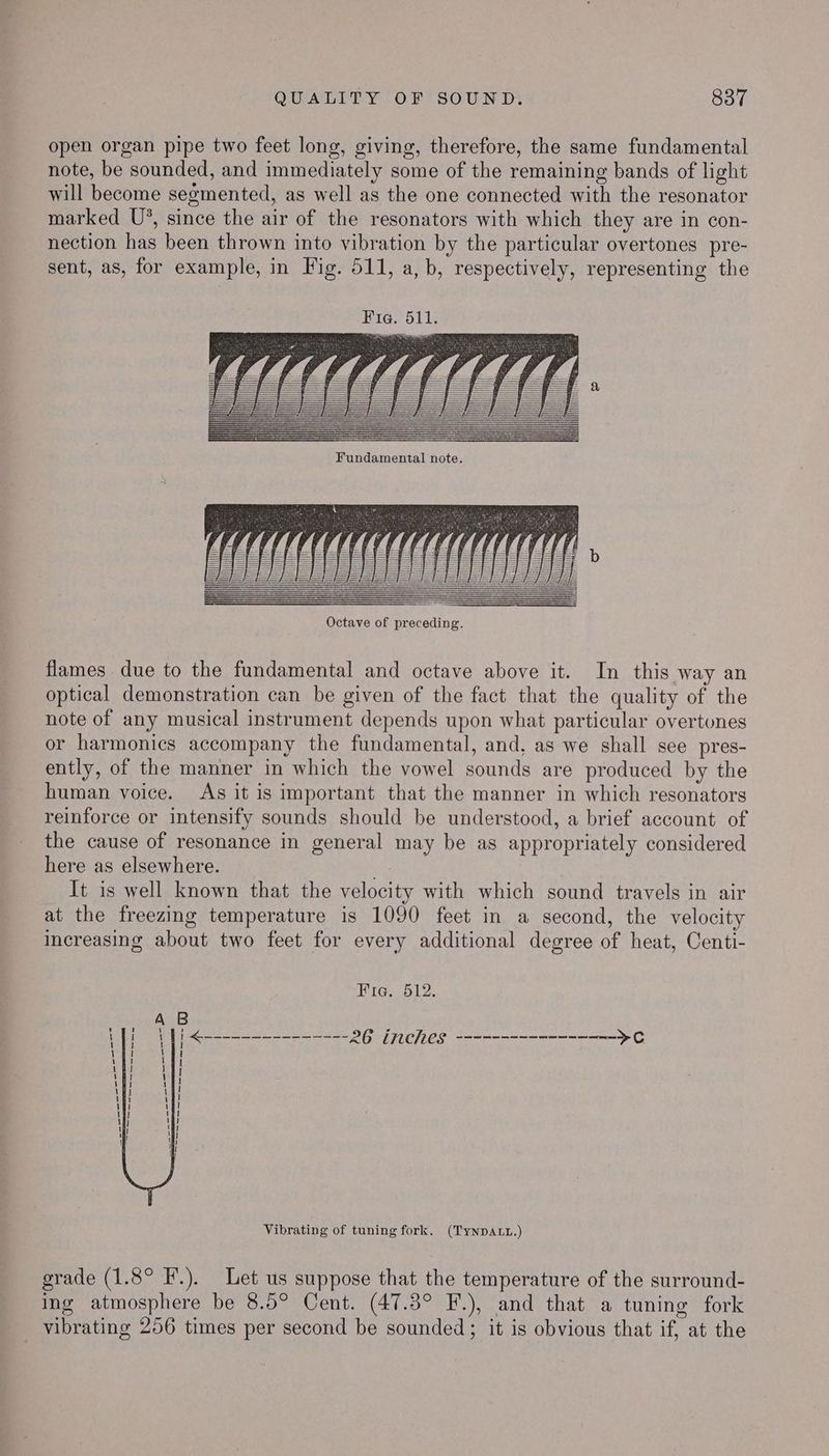 open organ pipe two feet long, giving, therefore, the same fundamental note, be sounded, and immediately some of the remaining bands of light will become segmented, as well as the one connected with the resonator marked U®, since the air of the resonators with which they are in con- nection has been thrown into vibration by the particular overtones pre- sent, as, for example, in Fig. 511, a, b, respectively, representing the Fig. 511; flames due to the fundamental and octave above it. In this way an optical demonstration can be given of the fact that the quality of the note of any musical instrument depends upon what particular overtones or harmonics accompany the fundamental, and, as we shall see pres- ently, of the manner in which the vowel sounds are produced by the human voice. As it is important that the manner in which resonators reinforce or intensify sounds should be understood, a brief account of the cause of resonance in general may be as appropriately considered here as elsewhere. fe It is well known that the velocity with which sound travels in air at the freezing temperature is 1090 feet in a second, the velocity increasing about two feet for every additional degree of heat, Centi- Pies 51: Vibrating of tuning fork. (TYNDALL.) grade (1.8° F.). Let us suppose that the temperature of the surround- ing atmosphere be 8.5° Cent. (47.3° F.), and that a tuning fork _ vibrating 256 times per second be sounded ; it is obvious that if, at the