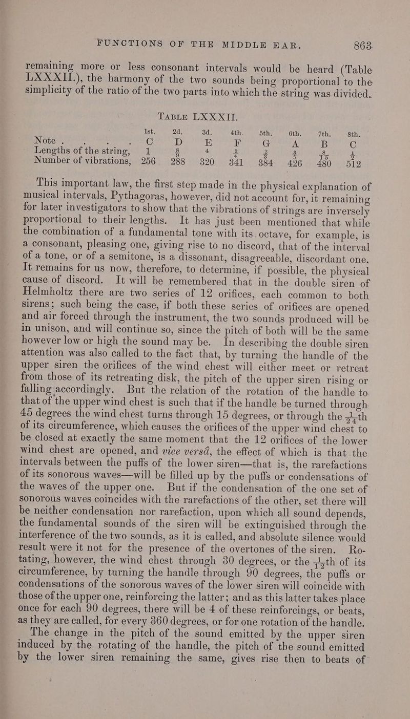 remaining more or less consonant intervals would be heard (Table LXXXII.), the harmony of the two sounds being proportional to the simplicity of the ratio of the two parts into which the string was divided. TABLE DX XX TP. iste 2d. Sd. 4th. Sth, 6th, © 7th. 8th Note . : 2 7 C D E F G A B Lengths of the string, 1 4 3 £ 8 8 2 & 8 2 Number of vibrations, 256 288 320 841 384 436 480 512 This important law, the first step made in the physical explanation of musical intervals, Pythagoras, however, did not account for, it remaining for later investigators to show that the vibrations of strings are inversely proportional to their lengths. It has just been mentioned that while the combination of a fundamental tone with its octave, for example, is a consonant, pleasing one, giving rise to no discord, that of the interval of a tone, or of a semitone, is a dissonant, disagreeable, discordant one. It remains for us now, therefore, to determine, if possible, the physical cause of discord. It will be remembered that in the double siren of Helmholtz there are two series of 12 orifices, each common to both sirens; such being the case, if both these series of orifices are opened and air forced through the instrument, the two sounds produced will be in unison, and will continue so, since the pitch of both will be the same however low or high the sound may be. In describing the double siren attention was also called to the fact that, by turning the handle of the upper siren the orifices of the wind chest will either meet or retreat from those of its retreating disk, the pitch of the upper siren rising or falling accordingly. But the relation of the rotation of the handle to that of the upper wind chest is such that if the handle be turned through 45 degrees the wind chest turns through 15 degrees, or through the sth of its circumference, which causes the orifices of the upper wind chest to be closed at exactly the same moment that the 12 orifices of the lower wind chest are opened, and wice vers, the effect of which is that the intervals between the puffs of the lower siren—that is, the rarefactions of its sonorous waves—will be filled up by the puffs or condensations of the waves of the upper one. But if the condensation of the one set of sonorous waves coincides with the rarefactions of the other, set there will be neither condensation nor rarefaction, upon which all sound depends, the fundamental sounds of the siren will be extinguished through the interference of the two sounds, as it is called, and absolute silence would result were it not for the presence of the overtones of the siren. Ro- tating, however, the wind chest through 30 degrees, or the qth of its circumference, by turning the handle through 90 degrees, the puffs or condensations of the sonorous waves of the lower siren will coincide with those of the upper one, reinforcing the latter; and as this latter takes place once for each 90 degrees, there will be 4 of these reinforcings, or beats, as they are called, for every 360 degrees, or for one rotation of the handle. The change in the pitch of the sound emitted by the upper siren induced by the rotating of the handle, the pitch of the sound emitted by the lower siren remaining the same, gives rise then to beats of