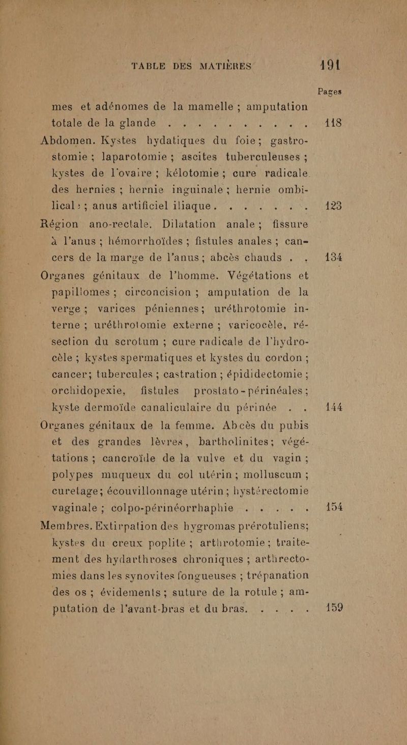 mes et adénomes de la mamelle ; amputation LUS ee D EE 04 COMBO Re MES stomie ; laparotomie ; ascites tuberculeuses ; des hernies ; hernie inguinale ; hernie ombi- lical : ; anus artificiel iliaque. . . . . .:. à l’anus ; hémorrhoïdes ; fistules anales ; can- cers de la marge de l’anus; abcès chauds . . papillomes ; circoncision ; amputation de la verge ; varices péniennes; uréthrotomie in- terne ; uréthrotomie externe ; varicocèle, ré- section du scrotum ; cure radicale de l'hydro- cèle ; kystes spermatiques et kystes du cordon; cancer; tubercules ; castration ; épididectomie ; orchidopexie, fistules proslato-périnéales ; kyste dermoïde canaliculaire du périnée . et des grandes lèvres, bartholinites; végé- polypes muqueux du col utérin ; molluscum ; curelage; écouvillonnage utérin; hystérectomie vaginale ; colpo-périnéorrhaphie . . . . . kystes du creux poplité ; arthrotomie; traite- ment des hydarthroses chroniques ; arthrecto- mies dans les synovites fongueuses ; trépanation des os ; évidements ; suture de la rotule ; am- putation de l'avant-bras et du bras. . . . . 123 159