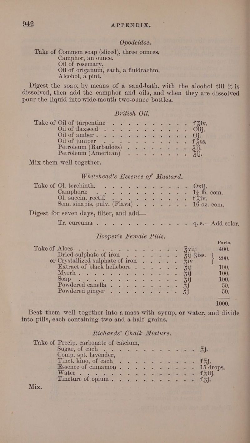 Opodeldoe. Take of Common soap (sliced), three ounces. Camphor, an ounce. Oil of rosemary, Oil of origanum, each, a fluidrachm., Alcohol, a pint. pour the liquid into wide-mouth two-ounce bottles. British Oil. Take of Oil of turpentine Oil of flaxseed Oil of amber . Oil of juniper Petroleum (Barbadoes) Petroleum (American) Mix them well together. Take of Ol. terebinth. Camphoree Ol. succin. rectif. Nite Sem. sinapis, puly. (Flava) . Digest for seven days, filter, and add— Tr. curcuma ,. Oxij. 1 ib. com. f Ziv. 16 oz. com. Hooper’s Female Pills. Parts Takeof Aloes.... cu bo ee ne si eetbOMevaas 400. Dried sulphate of iron 2) RUC MAOURE Ai eis: 900 or Crystallized sulphate of iron . . . . . 3iv } Extract of black hellebore... ..... . .conezi 100, Myrrh. seks Ra eee ate 100. Soap ina asp cuiene = nel DLC EST 100. Powdered canella . . .. . 1... 3} 50. Powdered Siigern ce on hy nine re Tn ee | 50. 1000. Beat them well together into a mass with syrup, or water, and divide into pills, each containing two and a half grains. Richards’ Chalk Mixture. Take of Precip. carbonate of caicium, | Hugar, of each ise.) vane a alla) rn Comp. spt. lavender, Tinect. kino, of Cath s seu os scene Dees ke Essence of cinnamon . 15 drops. Water . f Ziij. Tincture of opium . fA OA Se Sere f 3j. Mix. Se it Ca.