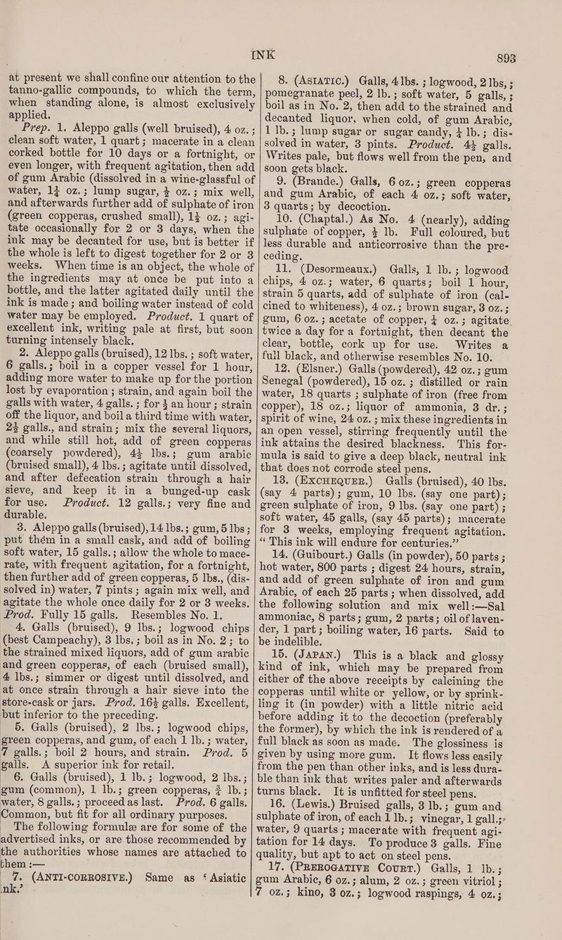 at present we shall confine our attention to the tanno-gallic compounds, to which the term, when standing alone, is almost exclusively applied. Prep. 1. Aleppo galls (well bruised), 4 oz. ; clean soft water, 1 quart; macerate in a clean corked bottle for 10 days or a fortnight, or even longer, with frequent agitation, then add water, 1; 0z.; lump sugar, } 0z.; mix well, and afterwards further add of sulphate of iron (green copperas, crushed small), 1} 0z.; agi- tate occasionally for 2 or 3 days, when the ink may be decanted for use, but is better if the whole is left to digest together for 2 or 3 weeks. the ingredients may at once be put into a bottle, and the latter agitated daily until the ink is made; and boiling water instead of cold excellent ink, writing pale at first, but soon turning intensely black. 2. Aleppo galls (bruised), 12 lbs. ; soft water, 6 galls.; boil in a copper vessel for 1 hour, adding more water to make up for the portion lost by evaporation ; strain, and again boil the galls with water, 4 galls. ; for 3} an hour; strain off the liquor, and boil a third time with water, 25 galls., and strain; mix the several liquors, and while still hot, add of green copperas (coarsely powdered), 44 lbs.; gum arabic (bruised small), 4 lbs.; agitate until dissolved, and after defecation strain through a hair sieve, and keep it in a bunged-up cask for use. Product. 12 galls.; very fine and durable. 3. Aleppo galls (bruised), 14 lbs.; gum, 5 lbs; put thém in a small cask, and add of boiling soft water, 15 galls.; allow the whole to mace- rate, with frequent agitation, for a fortnight, then further add of green copperas, 5 lbs., (dis- ‘solved in) water, 7 pints; again mix well, and agitate the whole once daily for 2 or 3 weeks. Prod. Fully 15 galls. Resembles No, 1. 4, Galls (bruised), 9 lbs.; logwood chips (best Campeachy), 3 lbs.; boil as in No. 2; to the strained mixed liquors, add of gum arabic and green copperas, of each (bruised small), 4 lbs.; simmer or digest until dissolved, and at once strain through a hair sieve into the store-cask or jars. Prod. 16% galls. Excellent, but inferior to the preceding. _ 5, Galls (bruised), 2 Ibs.; logwood chips, green copperas, and gum, of each 1 Ib. ; water, 7 galls.; boil 2 hours, and strain. Prod. 5 galls. A superior ink for retail. _ 6. Galls (bruised), 1 lb.; logwood, 2 lbs.; gum (common), 1 lb.; green copperas, 2 lb.; water, 8 galls.; proceedas last. Prod. 6 galls, Common, but fit for all ordinary purposes. _ The following formule are for some of the advertised inks, or are those recommended by the authorities whose names are attached to them :— 7. (ANTI-CORROSIVE.) Same as ‘ Asiatic ink.’ 893 8. (ASIATIC.) Galls, 4 Ibs. ; logwood, 2 lbs, : pomegranate peel, 2 lb. ; soft water, 5 galls, ; boil as in No. 2, then add to the strained and decanted liquor, when cold, of gum Arabic, 1 Ib. ; lump sugar or sugar candy, 2 lb.; dis- solved in water, 3 pints. Product. 43 galls. Writes pale, but flows well from the pen, and soon gets black. 9. (Brande.) Galls, 60z.; green copperas and gum Arabic, of each 4 oz.; soft water, 3 quarts; by decoction. 10. (Chaptal.) As No. 4 (nearly), adding sulphate of copper, 4 lb. Full coloured, but less durable and anticorrosive than the pre- ceding. 11. (Desormeaux.) Galls, 1 lb. ; logwood chips, 4 oz.; water, 6 quarts; boil 1 hour, strain 5 quarts, add of sulphate of iron (cal- cined to whiteness), 4 0z.; brown sugar, 3 0Z.3 gum, 6 0z.; acetate of copper, 4 oz.; agitate. twice a day for a fortnight, then decant the clear, bottle, cork up for use. Writes a full black, and otherwise resembles No. 10. 12. (Hlsner.) Galls (powdered), 42 oz.; gum Senegal (powdered), 15 oz. ; distilled or rain water, 18 quarts ; sulphate of iron (free from copper), 18 oz.; liquor of ammonia, 3 dr.; spirit of wine, 24 oz. ; mix these ingredients in an open vessel, stirring frequently until the ink attains the desired blackness. This for- mula is said to give a deep black, neutral ink that does not corrode steel pens. 13. (EXCHEQUER.) Galls (bruised), 40 Ibs. (say 4 parts); gum, 10 Ibs. (say one part); green sulphate of iron, 9 Ibs. (say one part) ; soft water, 45 galls, (say 45 parts); macerate for 3 weeks, employing frequent agitation. “This ink will endure for centuries.” 14. (Guibourt.) Galls (in powder), 50 parts ; hot water, 800 parts ; digest 24 hours, strain, and add of green sulphate of iron and gum Arabic, of each 25 parts ; when dissolved, add the following solution and mix well:—Sal ammoniac, 8 parts; gum, 2 parts; oil of laven- der, 1 part; boiling water, 16 parts. Said to be indelible. 15, (JaPAN.) This is a black and glossy kind of ink, which may be prepared from either of the above receipts by calcining the copperas until white or yellow, or by sprink- ling it (in powder) with a little nitric acid before adding it to the decoction (preferably the former), by which the ink is rendered of a full black as soon as made. The glossiness is given by using more gum. _ It flows less easily from the pen than other inks, and is less dura- ble than ink that writes paler and afterwards turns black. It is unfitted for steel pens. 16. (Lewis.) Bruised galls, 31b.; gum and sulphate of iron, of each 1 lb.; vinegar, 1 gall.;: water, 9 quarts ; macerate with frequent agi- tation for 14 days. To produce 3 galls. Fine quality, but apt to act on steel pens. 17. (PREROGATIVE CouRT.) Galls, 1 lb.; gum Arabic, 6 0z.; alum, 2 oz. ; green vitriol ;