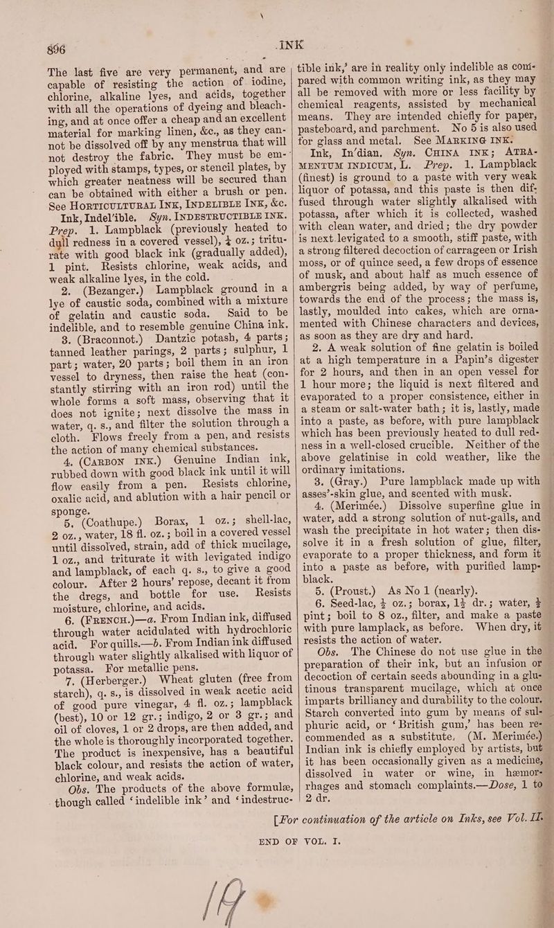 The last five are very permanent, and are capable of resisting the action of iodine, chlorine, alkaline lyes, and acids, together with all the operations of dyeing and bleach- ing, and at once offer a cheap and an excellent material for marking linen, &c., as they can- not be dissolved off by any menstrua that will ployed with stamps, types, or stencil plates, by which greater neatness will be secured than can be obtained with either a brush or pen. See HorTICULTURAL INK, INDELIBLE INK, &c. Ink,Indel’'ible. Syn. INDESTRUCTIBLE INK. Prep. 1. Lampblack (previously heated to dull redness in a covered vessel), 4 0z.; tritu- rate with good black ink (gradually added), 1 pint. Resists chlorine, weak acids, and weak alkaline lyes, in the cold. 2. (Bezanger.) Lampblack ground in a lye of caustic soda, combined with a mixture of gelatin and caustic soda. Said to be indelible, and to resemble genuine China ink, 3. (Braconnot.) Dantzic potash, 4 parts; tanned leather parings, 2 parts; sulphur, 1 part; water, 20 parts; boil them in an iron vessel to dryness, then raise the heat (con- stantly stirring with an iron rod) until the whole forms a soft mass, observing that it does not ignite; next dissolve the mass in water, q. s., and filter the solution through a cloth. Flows freely from a pen, and resists the action of many chemical substances. 4, (CARBON INK.) Genuine Indian ink, rubbed down with good black ink until it will flow easily from a pen. Resists chlorine, oxalic acid, and ablution with a hair pencil or sponge. 5, (Coathupe.) Borax, 1 oz.; shell-lac, 2 oz., water, 18 fl. oz. ; boil in a covered vessel until dissolved, strain, add of thick mucilage, 1 oz., and triturate it with levigated indigo and lampblack, of each q. s., to give a good colour. After 2 hours’ repose, decant it from the dregs, and bottle for use. Resists moisture, chlorine, and acids. 6. (FRENCH.)—a. From Indian ink, diffused through water acidulated with hydrochloric acid. For quills.—. From Indian ink diffused through water slightly alkalised with liquor of potassa. For metallic pens. 7, (Herberger.) Wheat gluten (free from starch), q. s., 18 dissolved in weak acetic acid of good pure vinegar, 4 fi. oz. ; lampblack (best), 10 or 12 gr.; indigo, 2 or 3 gr.; and oil of cloves, 1 or 2 drops, are then added, and the whole is thoroughly incorporated together. The product is inexpensive, has a beautiful black colour, and resists the action of water, chlorine, and weak acids. Obs. The products of the above formule, _ though called ‘indelible ink’ and ‘indestruc- END OF tible ink,’ are in reality only indelible as cont- pared with common writing ink, as they may _ all be removed with more or less facility by chemical reagents, assisted by mechanical means. They are intended chiefly for paper, pasteboard, and parchment. No 5 is also used tor glass and metal. See MARKING INK. Ink, In’dian. Syn. CHINA INK; ATRA- MENTUM INDICUM, L. Prep. 1. Lampblack (finest) is ground to a paste with very weak liquor of potassa, and this paste is then dif; fused through water slightly alkalised with potassa, after which it is collected, washed with clean water, and dried; the dry powder is next.levigated to a smooth, stiff paste, with a strong filtered decoction of carrageen or Irish moss, or of quince seed, a few drops of essence of musk, and about half as much essence of ambergris being added, by way of perfume, towards the end of the process; the mass is, lastly, moulded into cakes, which are orna- mented with Chinese characters and devices, as soon as they are dry and hard. : 2. A weak solution of fine gelatin is boiled at a high temperature in a Papin’s digester for 2 hours, and then in an open vessel for 1 hour more; the liquid is next filtered and evaporated to a proper consistence, either in a steam or salt-water bath; it is, lastly, made into a paste, as before, with pure lampblack which has been previously heated to dull red- ness in a well-closed crucible. Neither of the above gelatinise in cold weather, like the ordinary imitations. 3. (Gray.) Pure lampblack made up with asses’-skin glue, and scented with musk. 4, (Merimée.) Dissolve superfine glue in © water, add a strong solution of nut-galls, and — wash the precipitate in hot water; then dis- solve it in a fresh solution of glue, filter, evaporate to a proper thickness, and form it — into a paste as before, with purified lamp- black. 5. (Proust.) As No 1 (nearly). 6. Seed-lac, 4 0z.; borax, 13 dr.; water, > pint; boil to 8 oz., filter, and make a paste with pure lamplack, as before. When dry, it resists the action of water. | Obs. The Chinese do not use glue in the preparation of their ink, but an infusion or — decoction of certain seeds abounding in a glu- tinous transparent mucilage, which at once imparts brilliancy and durability to the colour. Starch converted into gum by means of sul- phuric acid, or ‘British gum,’ has been re- commended as a substitute. (M. Merimée.) Indian ink is chiefly employed by artists, but it has been occasionally given as a medicine, © dissolved in water or wine, in hemor- rhage and stomach complaints.—Dose, 1 to t, . VOL, I. * on
