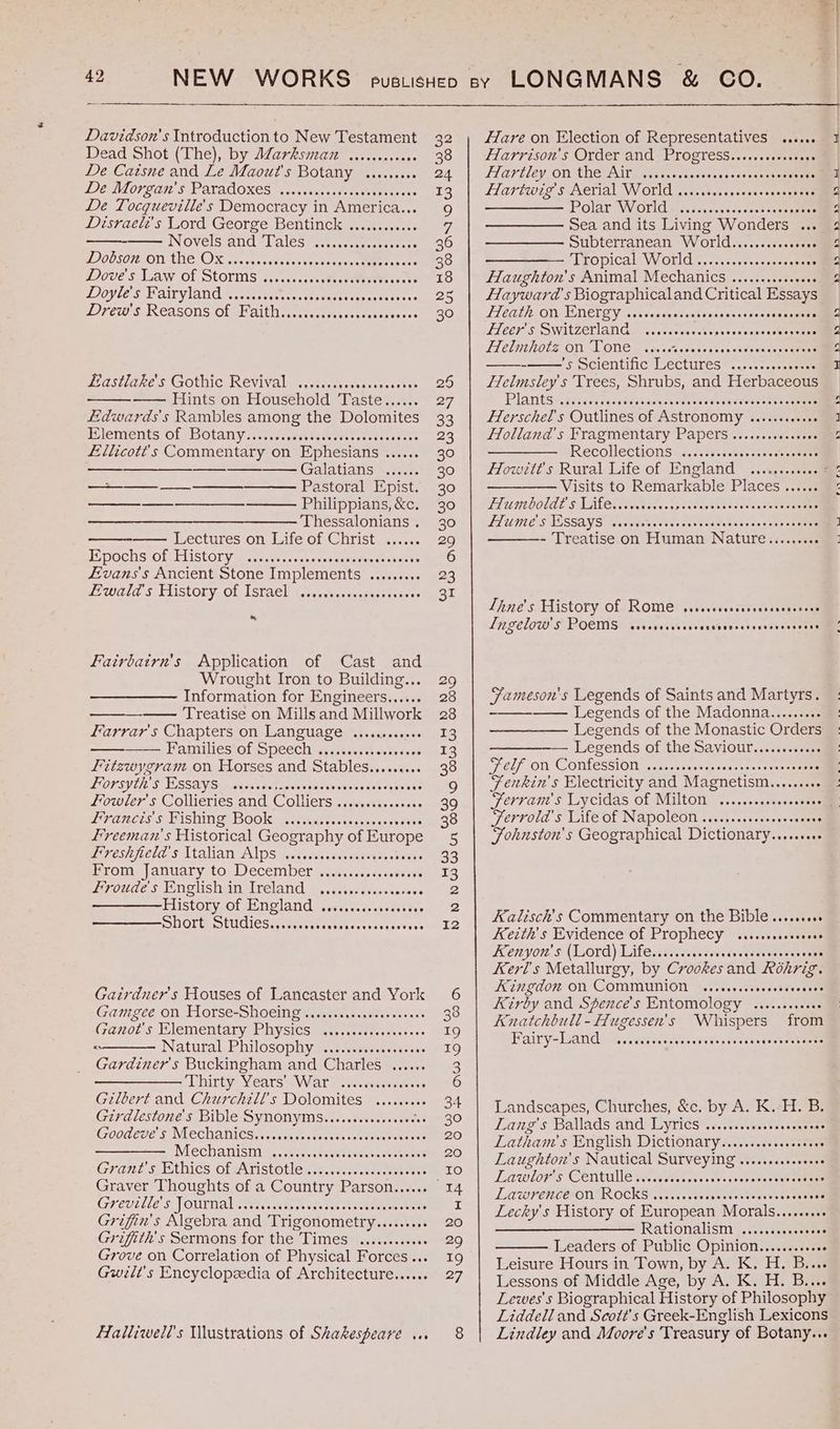 Davidson's Introduction to New Testament Dead Shot (The), by AZarksitait .ecscaseese De Caisne and Le Maout's Botany DE NIOV ZAM SP ATAROKES i oa snehs 1 eae tes De Tocqueville's Democracy in America... Disrael's Lord George Bentinck Novels aud jrales=ct.seasseeeeeces DOGSORIODARE OX scassseaussvceietes esonenee oe eereseece eeeeeeesseee LIgVE S NEAW OL SOLIS sac cne, Beaadeewees sane Doyles Wary lands ncscseecesterees Bee sient eve sees Drew's Reasons of Faith.......... Hire peace Eastlake’s Gothic Revival ....... ee eee eas —— Hints on Household Paste te, fdwards's Rambles among the Dolomites HICTNEIIS! Ol FDOLATLY Awtaeuetavevoreetsrececehs cre Ellicott’s Commentary on Ephesians eoeeee — Galatians ...... S— Pastoral Epist. ———— — — Philippians, & ce. ——_—_——_—_—_———_——— Thessalonians . —— Lectures on Life of Christ ...... EGDOCDS 'ORTLIStOLY oss os vane sons cchsase asst osaiave Evans's Ancient Stone Implements ......... Lwald’s History of Israel * Fairbairn's Application of Cast and Wrought Iron to Building... Information for Engineers...... —— Treatise on Mills and Millwork Farrar's Chapters on Language ...sseseeee Famili¢stof Speech -cscsveciet we teoucs fitzwygram on Horses and Stables......... POrsytit' § ESSAY Seneeces os tas devnecineecds tees esves Fowler's Collieries and Colliers ZIP IMCS SIE ISHN, BOOK: secs ad ts esectaesseneess Freeman's Historical Geography of Europe Pvcshieid:s ltalian Alps wictesssartheeseays totes From January to December frroude's English in Ireland ———History of England .....ccecssessoees Short Seudiesvesiwness. \sognde eae ee eee oeresrerrere Gairduer’s Houses of Lancaster and York Gamgte On TLorsesShoein ge tigersrss sswslessoses Ganot's Elementary Physics Natural Philosophy ..i.itev~e.vessevs Gardiner's Buckingham and Charles “Lhirty! Years «War 0 cscvaviesewesss Gilbert and Churchill's Dolomites Girdlestone’s Bible Synonyms Goodcve's Mechanics Coeeeeccersrreseore < eoneee See eerereerseereer TOPCO OHH O oe Eee Ee oeeeereseeEe COT HHO LOMO LEECH Heer EEE ONE Pere rreerorrereeerese Greville! s. | OWEN al See siiissy ce oss tea os Slaneope eee Griffin's Algebra and Trigonometry......... Griffith's Sermons fon the? Limes ae, eice. sees Grove on Correlation of Physical Forces... Gwilt’s Encyclopeedia of Architecture...... Halliwell's Wlustrations of Shakespeare ... 8 fare on Election of Representatives ...... Harrison's Order and Progress....... Sok flartleyion AHeCAilinet-ascesesenerces. creck nels Hartwig s Aerial World .5.s6s0ieseasoesnses 0 Polar World v5. .cicca,snetse steam Sea and its Living Wonders ... Subterranean World.......sovees oe ‘Tropical W orld ...:s-0ssscsee cone flaughton's Animal Mechanics .......sscsvers Hayward’ s Biographicaland Critical Essays Td CAL OUMEMELLY toca teccacssesersarectrrat seceuses fleer’s Switzerland LL CUINTOTR OD a OUCH ee stassencaesscueresnsce meee S scientific Lectures *..><<sseseeeee LTelmsley's Trees, Shrubs, and Herbaceous Plants .scscscdsivacataseere cesses «ss suevese sesveeem Flerschel's Outlines of Astronomy .....seeeeee Coe eeeoeronesereresnes eererece Recollections <..cisetececceceensseees Ffow?tt’s Rural Life of England Visits to Remarkable Places ...... Huntboldt's Life........06+ gt bees lel ets Ghee ceetee FT UU1CS TESSAYS Wess tecovese sosecetyosnccessst cere - Treatise on Human Nature......... Ihne's History of Rome ..... Ingelow's Poems Fameson's Legends of Saints and Martyrs. Legends of the Madonna......... Legends of the Monastic Orders ————— Legends of the Saviour.........00. Felf ON CONTESSION cccsssccevst eos scene -teeoenee Fenkin's Electricity and Magnetism.......+« Ferrold’s Life of Napoleon .....scescsseveeees % Johnston's Geographical Dictionary... Kalisch's Commentary on the Bible ......0 Keith's Evidence of Prophecy <..... Sseaesee enyou.s: (Lord) Lifle..i..ccscsesedscevceoue sense Kerl's Metallurgy, by Crookes and Rohrig. Kingdom on COMMUNION ...s.s.sevesesscoeses Ki irby and Spence’'s Entomology Knatchbull - Hugessen's Fairy-Land Whispers from ORC eH HHH Hae HHH HEM oeHTHEHEH EHD eseeEe Landscapes, Churches, &c. by A. K.-H. B. Lang's Ballads and Lyrics .....cecccoveseseeess Latham's English Dictionary......cccccsesees Laughton's Nautical Surveying .....eceeeeeeee Lawlor s Centulle iiscoi cas osewecvctnesvtun cones Lecky’s History of European Morals....+-+ : —__—_—_—_—-_——- Rationalism Leaders of Public Opinion........+.0« Leisure Hours in Town, by A. K. H. B.... Lessons of Middle Age, by A. K. H. B.... Lewes’s Biographical History of Philosophy Liddell and Scott's Greek-English Lexicons Lindley and Moore's Treasury of Botany... eereroceeeerere®