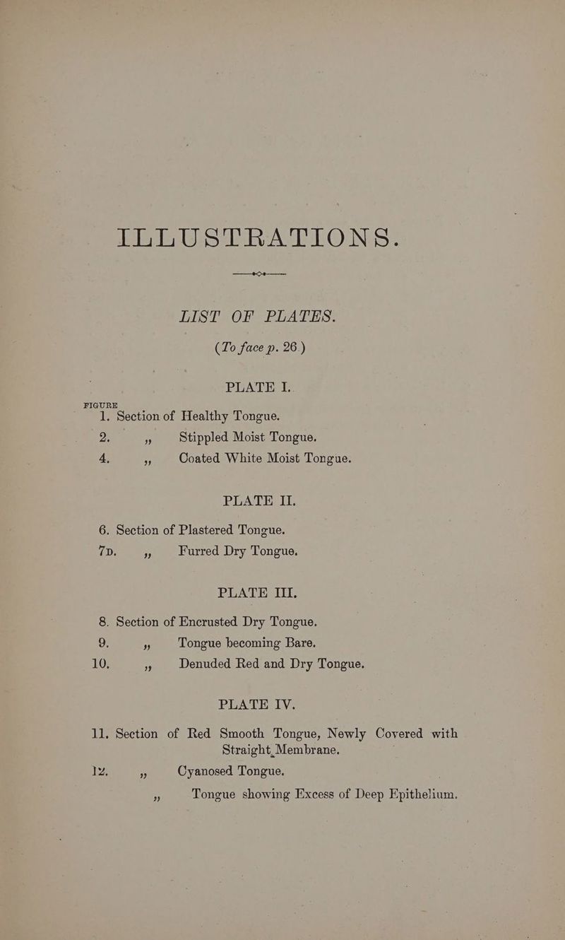 ITLOUSTRATIONS.- LIST OF PLATES. (To face p. 26.) ERAT ERASE FIGURE 1. Section of Healthy Tongue. 2. 4 Stippled Moist Tongue. 4, e Coated White Moist Tongue. PLATE II. 6. Section of Plastered Tongue. 7D. » Furred Dry Tongue. PLATE III. 8. Section of Encrusted Dry Tongue. 9. ry Tongue becoming Bare. 10, Denuded Red and Dry Tongue. PLATE IV. 11, Section of Red Smooth Tongue, Newly Covered with Straight, Membrane. . 1z. 3 Cyanosed Tongue. a Tongue showing Excess of Deep Epithelium.