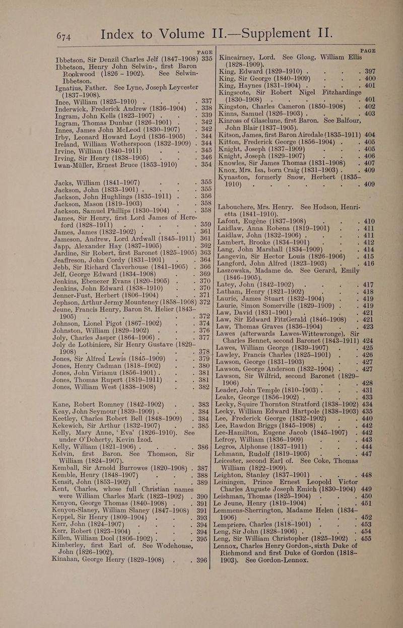 PAGE Ibbetson, Sir Denzil Charles Jelf (1847-1908) 335 PAGE Kincairney, Lord. See Gloag, William Ellis (1828-1909). Ibbetson, Henry John Selwin-, first Baron ‘ Rookwood (1896 — 1902). See Selwin- King, Edward (1829-1910) . ; : . 397 Tbbetson. ey i aoe Pie 1b0as ee P ‘ : me il ; ; h Leycester ing, Haynes : em cipone sheathed ap huheert to Saahe Kingscote, Sir Robert Bey Fitzhardinge Ince, William (1825-1910) . . 337} (1830-1908). . 401 Inderwick, Frederick Andrew (1836-1904) . 338 | Kingston, Charles Cameron (1850-1908) - 402 Ingram, John Kells (1823-1907) . : . 389 Sp came ee oe Rect . 403 bar (1826-1901) . _ 342 | Kinross of Glasclune, first Baron. See Ba our, aaa Reckacrae st rae John Blair (1837-1905). Innes, James John McLeod (1830-1907) . 342 Irby, Leonard Howard Loyd (1836-1905) . 344 Kitson, James, first Baron Airedale (1835-1911) 404 Treland, William Wotherspoon (1832- peal is 344 | Kitton, Frederick George (1856-1904) . - 405 Irvine, William (1840-1911) : . 345 | Knight, Joseph (1837-1909) ‘ : . 405 Irving, Sir Henry (1838-1905). . 346 | Knight, Joseph (1829-1907) . - 406 Lwanrillet, Eepart Brass (1853-1010) °° . 884 Bo lanka ae 409 Kynaston, formerly gee Herbert Soar Jacks, William (1841- 1907) . . . 355 1910) i A . 409 Jackson, John (1833-1901) . : . 356 Jackson, John Hughlings (1835- -1911) : . 356 Jackson, Mason (1819-1903) : . . 358 “ Jackson, Samuel Phillips (1830-1904) . —_._ 358 Puy heenn pee See Hodson, Henri James, Sir Henry, first. Lord James of Here- Tent mae Gee (1837-1908) 410 p) 5 . . . ford (1828-1911). + + + 880 \Taidlaw, Anna Robens (1819-1901) asain James, James (1832-1902) . Laidlaw, John (1832-1906) ; 411 Jameson, Andrew, Lord Ardwall (1845- 1911) 361 Eeaherks Reoakes (1834-1901) } ” 419 nose ; ‘ : : Japp, Alexander Hay (1037-1005) 362 | Tang, John Marshall (1834-1909) . . 414 Jardine, Sir Robert, first Baronet (1825- 1905) 363 Langevin, Sir Hector Louis (1826-1906) 415 Jeafireson, John Cordy (1831-1901). ==. 364) Te nsford, John Alfred (1823-1908). . 416 Jebb, Sir Richard Claverhouse (1841-1905) . 366 Taszowska, Madame dé, Ses aaa Jelf, George Edward (1834-1908) - 369) (1846-1905) y Jenkins, Ebenezer Evans (1820-1905) . . 370 1249. Jenkins, John Edward (1838-1910). —. 370 | {*feY> Teky (121-1003) a Jenner-Fust, Herbert (1806-1904) ‘ 371 Laurie, James Stuart (1832-1904) HK . 419 Jephson, Arthur Jermy Mounteney (1858- 1908) 372 Laurie, Simon Somerville (1829-1909) 419 Jeune, Francis Henry, Baron St. Helier (1843- Faw Savi d (1831-1901) ; ; 42] 1905) - + 372) Taw, Sir Edward FitzGerald (1846-1908) . 421 Johnson, Lionel Pigot (1867- 1902) s . 374 Law, Thomas Graves (1836-1904) ; 423 rt aes ee ee ie : ; ; ue Lawes (afterwards Lawes-Wittewronge), Sir oly, Charles Jasper ( ase ; Charles Bennet, second Baronet (1843-1911) 424 nae Lotbiniere, Sir Henry Gustave (1829- es Lawes, William George (1839-1907) 425 9 é . ; 3 Jones, Sir Alfred Lewis (1845-1909) . ~- 370] ceNu? Genes egy apog) mB ae OU tee a 2) ? : age Lawson, George Anderson (1832-1904) . . 427 ones, John Viriamu ( ay ) ‘ . Lawson, Sir Wilfrid, second Baronet (1829- Jones, Thomas Rupert (1819-1911) . Be tod | 1906) 428 Jones, William West (1838-1908) . . 382 Leader, John Temple (1810-1903) . . 4 431 Leake, George (1856-1902) . ) . 433 Kane, Robert Romney (1842-1902) . . 383} Lecky, Squire Thornton Stratford (1838— 1902) 434 Keay, John Seymour (1839-1909) . . 384] Lecky, William Edward Hartpole (1838-1903) 435 Keetley, Charles Robert Bell (1848- -1909) . 384] Lee, Frederick George (1832-1902) . . 440 Kekewich, Sir Arthur (1832-1907) . . 385 | Lee, Rawdon Briggs (1845-1908) . . 442 Kelly, Mary Anne, ‘ Eva’ (1826-1910). See Lee-Hamilton, Eugene Jacob (1845- -1907) . 442 under O’ Doherty, Kevin Izod. Lefroy, William (1836-1909) F . 443 Kelly, William (1821-1906) . ; : . 386 | Legros, Alphonse (1837-1911). . . 444 Kelvin, first Baron. See Thomson, Sir Lehmann, Rudolf (1819-1905) 447 Leicester, second Ear] of. See Coke, Thowias William (1822-1909). Leighton, Stanley (1837-1901) . 448 Leiningen, Prince Ernest Leopold Victor Charles Auguste Joseph Emich (1830-1904) 449 Leishman, Thomas (1825-1904) . : . 450 William (1824-1907). Kemball, Sir Arnold Burrowes (1820-1908) . 387 Kemble, Henry (1848-1907) : ; . 388 Kensit, John (1853-1902). : . 389 Kent, Charles, whose full Christian; names were William Charles Mark (1823-1902) . 390 Kenyon, George Thomas (1840-1908) . . 391] Le Jeune, Henry (1819-1904) : 451 Kenyon-Slaney, William Slaney (1847- Tne 391 | Lemmens-Sherrington, Madame Helen (1834— Keppel, Sir Henry (1809-1904) . 303 1906) - . ; , . 452 Kerr, John (1824-1907) : . 5 . 394] Lempriere, Charles (1818— 1901) 3 : . 453 Kerr, Robert (1823-1904) . : . 394] Leng, Sir John (1828-1906) . . 454 Killen, William Dool (1806- -1902) . 395 | Leng, Sir William Christopher (1825- 1902) - 455 Lennox, Charles Henry Gordon-, sixth Duke of Richmond and first Duke of Gordon (1818- 1903). See Gordon-Lennox, Kimberley, first Earl of. See Wodehouse, John (1826-1902). Kinahan, George Henry (1829-1908) . . 396