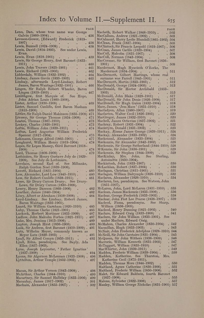 PAGE PAGE Leno, Dan, whose true name was George Macbeth, Robert Walker (1848-1910) . 502 Galvin (1860-1904) . : 456 MacCallum, Andrew (1821-1902) . 503 Leveson-Gower, [Edward] Frederick (1819- McCalmont, Harry Leslie Blundell (1861- ~1902) 504 1907) . ; ; - 458 | McClean, Frank (1837-1904) : . 505 Lewis, Bunnell (1824-1908) . 458 | McClintock, Sir Francis Leopold (1819- -1907) . 506 Lewis, David (1814-1895). See under Lewis, McCoan, James Carlile (1829-1904) . 507 Evan. MacColl, Malcolm (1831-1907) - 508 Lewis, Evan (1818-1901) . 459 | MacColl, Norman (1843--1904) . 508 Lewis, Sir George Henry, first Baronet (1833— MacCormace, Sir William, first Baronet (1836- fOr). 460} 1901) . 509 Lewis, John Travers (1825-1901) 461 | Macdermot, Hugh Hyacinth O’Rorke, The Lewis, Richard (1821-1905) 3 462} Macdermot (1834-1904) ; 511 Lidderdale, William (1832-1902) . 464 | MacDermott, Gilbert Hastings, more real Lindsay, James Gavin (1835-1903) . 465] surname was Farrell (1845-1901 Olt Lindsay, afterwards Loyd-Lindsay, Robert MacDermott, Martin (1823-1905) . . 512 James, Baron Wantage (1832-1901) . 466 | MacDonald, George (1824-1905) . : . 613 Lingen, Sir Ralph Robert is Baron MacDonald, Sir Hector Archibald (1853- Lingen (1819-1905) . © 467 | 1903)... : ; : . 515 Linlithgow, first Marquis ‘of. See “Hope, McDonald, John Blake (1829-1901) 517 John Adrian Louis (1860-1908). MacDonald, Sir John Denis (1826-1908) 517 Lister, Arthur (1830-1908) . 469 | MacDonell, Sir Hugh Guion (1832-1904) 518 Lister, Samuel Cunliffe, first Baron Masham Mace, James, ‘Jem Mace’ (1831-1910) . 518 (1815-1906) . 469 | Macfadyen, Allan (1860-1907) 519 Littler, Sir Ralph Daniel Makinson (1835- ~1908) 471 | Macfarren, Walter Cecil (1826-1905) 520 Livesey, Sir George Thomas (1834- a) . 471 | MacGregor, James (1832-1910) 520 Loates, Thomas (1867-1910) . 473 | Machell, James Octavius (1837-1902) 521 Lockey, Charles (1820-1901) . 473 | Machray, Robert (1831-1904) 522 Loftie, William John (1839-1911) 474 | Macintyre, Donald (1831-1903) . . 623 Loftus, Lord Augustus William Frederick Mackay, Aineas James George (1839- LOTTE 524 Spencer (1817-1904) : : . 475 | Mackay, Alexander (1833-1902) 524 Lohmann, George Alfred (1865- 1901) 477 | Mackennal, Alexander (1835-1904) 525 Longhurst, William Henry (1819-1904) . 478 | Mackenzie, Sir Alexander (1842-1902) 526 Lopes, Sir Lopes Massey, third Baronet ean Mackenzie, Sir George Sutherland (1844- 1910) 528 1908) . . 478 | M‘Kenzie, Sir John (1836-1901) : 529 Lord, Thomas (1808-1908) . . 479 | Mackenzie, Sir Stephen (1844-1909) 529 Lotbiniére, Sir Henry Gustave Ji oly de (1829- MacKinlay, Mrs. John. See Sterling, 1908), See Joly de Lotbinieére. Antoinette (1850-1904). Lovelace, second Earl of. See Milbanke, Mackintosh, John (1833-1907) 530 Ralph Gordon Noel (1839-1906). McLachlan, Robert (1837-1904) 530 Lovett, Richard (1851-1904) 480 | Maclagan, Christian (1811-1901) . 531 Low, Alexander, Lord Low (1845- 1910) . 480 | Maclagan, William Dalrymple (1826- -1910) 532 Low, Sir Robert Cunliffe (1838-1911) 481 | Maclaren, Alexander (1826-1910) . 534 Lowe, Sir Drury Curzon Drury-. See Drury- Maclaren, Ian, pseudonym. See Watson, J| ohn Lowe, Sir Drury Curzon (1830-1908). (1851-1907). Lowry, Henry Dawson (1869-1906) 482 | McLaren, John, Lord McLaren (1831-1910) . 535 Lowther, James (1840-1904) ; ; 482 | Maclean, James Mackenzie (1835-1906) . - 536 Lowy, Albert or Abraham (181641908) . 484 | Maclear, George Frederick (1833-1902) . . 538 Loyd-Lindsay. See Lindsay, Robert tee Maclear, John Fiot Lee Pearse (1838-1907) . 539 Baron Wantage (1832-1901). Macleod, Fiona, pseudonym. See Sharp, Luard, Sir William Garnham (1820-1910) 485} William (1856-1905). Luby, Thomas Clarke (1821-1901) 485 | Macleod, Henry Dunning (1821-1902) . 540 Luckock, Herbert Mortimer (1833-1909) 487 | Maclure, Edward Craig (1833-1906) . 541 Ludlow, John Malcolm Forbes (1821-1911) 487 | Maclure, Sir John William (1835-1901). See Luke, Mrs. Jemima (1813-1906) 489 under Maclure, Edward Craig. Lupton, Joseph Hirst (1836-1905) : . 489 | McMahon, Charles Alexander (1830-1904) . 542 Lusk, Sir Andrew, first Baronet (1810-1909) . 491 | Macmillan, Hugh (1833-1903) _. 543 Lutz, Wilhelm Meyer, commonly known as MeNair, John Frederick Adolphus ( 1828. 1910) 544, Meyer Lutz (1829-1903) 491 | McNeill, Sir John Carstairs (1831-1904) . . 545 Lyall, Sir Alfred Comyn (1835- -1911) 492 | McQueen, Sir John Withers (1836-1909) . 546 Lyall, Edna, pseudonym. See Bayly, Ada Macrorie, William Kenneth (1831-1905) . 547 Ellen (1857-1903). McTaggart, William (1835-1910) . 547 Lyne, Joseph Leycester, ‘ Father Ignatius’ MacWhirter, John (1839-1911) ; . 549 (1837-1908) . 494 | Madden, Frederic William (1839-1904) . . 550 Lyons, Sir Algernon Mc anna (1833- -1908) . 496 | Madden, Katherine. See Thurston, Mrs. Lyttelton, Arthur Temple (1852-1903) . 497 | Katherine Cecil (1875-1911). Madden, Thomas More (1844-1902) . 550 Maitland, Agnes Catherine (1850-1906) . 551 Macan, Sir Arthur Vernon (1843-1908) . 498 | Maitland, Frederic William (1850-1906) . 552 McArthur, Charles (1844-1910) . . 499 | Malet, Sir Edward Baldwin, fourth Baronet Macartney, Sir Samuel Halliday (1833- -1906) 499} (1837-1908) . . . . 555 Macaulay, James (1817-1902) . 501 | Malone, Sylvester (1822- 1906) : 557 Machain, Alexander (1855-1907) . 502 | Manley, William George Nicholas (1831- ~1901) 557