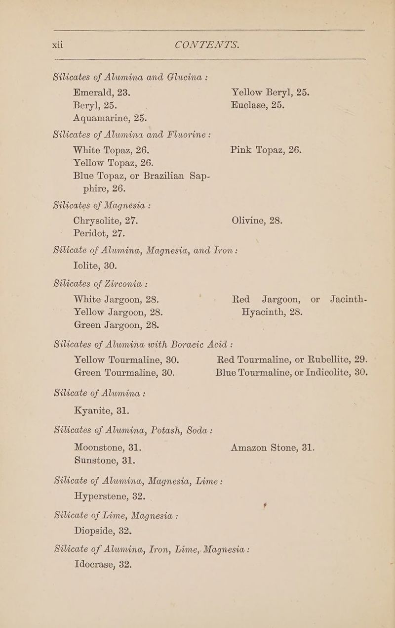 Silicates of Alumina and Glucina : Emerald, 23. Yellow Beryl, 25. Beryl, 25. . EKuclase, 25. Aquamarine, 25. Silicates of Alumina and Fluorine : White Topaz, 26. Pink Topaz, 26. Yellow Topaz, 26. Blue Topaz, or Brazilian Sap- phire, 26. Silicates of Magnesia : Chrysolite, 27. Olivine, 28. Peridot, 27. Silicate of Alumina, Magnesia, and Iron: Iolite, 30. Stlicates of Zirconia : White Jargoon, 28. ~ Red Jargoon, or Jacinth- Yellow Jargoon, 28. Hyacinth, 28. Green Jargoon, 28. Silicates of Alumina with Boracic Acid: Yellow Tourmaline, 30. Red Tourmaline, or Rubellite, 29. Green Tourmaline, 30. Blue Tourmaline, or Indicolite, 30. Silicate of Alumina: Kyanite, 31. Silicates of Alumina, Potash, Soda: Moonstone, 31. Amazon Stone, 31. Sunstone, 31. Silicate of Alumina, Magnesia, Lime : Hyperstene, 32. Silicate of Lime, Magnesia : Diopside, 32. Silicate of Alumina, Iron, Lime, Magnesia : Idocrase, 32.